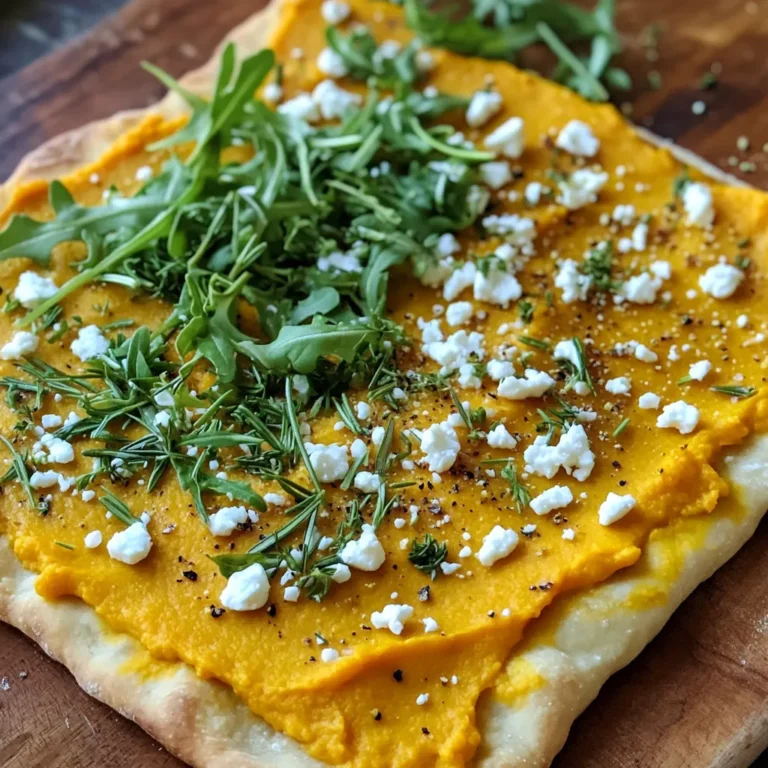 - Pre-made flatbread or naan - 1 cup pumpkin puree (canned or fresh) - 1 tablespoon olive oil - 1 teaspoon ground cumin - 1 teaspoon garlic powder - Salt and pepper to taste - 1/2 cup crumbled feta cheese - 1/4 cup goat cheese (optional) - Fresh rosemary leaves, chopped (for garnish) - Arugula or spinach (for topping) To make Pumpkin Feta Flatbread, gather your ingredients first. You can use pre-made flatbread or naan, which saves time. I love pumpkin puree for its rich flavor. You can use canned or fresh pumpkin, depending on what you have. Next, you need olive oil and spices. Ground cumin adds warmth, while garlic powder gives great taste. Add salt and pepper to suit your palate. Feta cheese is the star here, bringing a creamy, tangy touch. If you want more richness, add goat cheese. I recommend fresh rosemary for garnish. It elevates the dish and adds a pop of color. Don’t forget arugula or spinach to top off your flatbread. These greens bring freshness and balance to the savory flavors. With these ingredients, you'll create a delicious, savory snack that's simple yet satisfying! 1. Preheat your oven to 400°F (200°C). This helps cook the flatbread evenly. 2. Prepare the pumpkin mixture. In a bowl, mix 1 cup of pumpkin puree, 1 tablespoon of olive oil, 1 teaspoon of ground cumin, 1 teaspoon of garlic powder, and some salt and pepper. Stir until smooth. 3. Assembly of the flatbread. Take your pre-made flatbread or naan and place it on a baking sheet lined with parchment paper. Spread the pumpkin mix evenly on top, leaving a small border. Sprinkle 1/2 cup of crumbled feta cheese and, if you like, 1/4 cup of goat cheese over the pumpkin. - Baking time and temperature for optimal results. Bake the flatbread in your preheated oven for 15-20 minutes. Look for crisp edges and golden cheese. - Tips for achieving the perfect crispy edges. Make sure your oven is fully preheated. The parchment paper helps too. You can also use a pizza stone for extra crispiness. - Adding toppings post-baking. Once baked, take it out and let it cool slightly. Top with fresh arugula or spinach, and sprinkle with chopped rosemary for a burst of flavor. - Serving suggestions. Cut the flatbread into pieces. Serve it warm as a snack or appetizer. Enjoy the mix of flavors! To enhance the flavor, I adjust the spices. Adding more cumin gives a warm taste. If you want a bit of heat, try a pinch of cayenne pepper. For a creamier texture, mix in a bit of sour cream or Greek yogurt. This makes the pumpkin spread richer and smoother. Using store-bought flatbread or naan saves time. You can find good options at most grocery stores. I often keep canned pumpkin puree on hand. It makes prep quick and easy. You can also prepare the pumpkin mixture a day ahead. Just store it in the fridge until you are ready to bake. For serving, slice the flatbread into triangles. This makes it easy to grab. I love to add fresh arugula or spinach on top. It adds color and freshness. For a nice touch, sprinkle chopped rosemary over the flatbread right before serving. This makes it look fancy and taste even better. {{image_2}} You can make this flatbread gluten-free by using alternative flatbreads like cauliflower or almond flour. These options taste great and keep the dish light. If you need a vegan version, try using cashew cheese or nutritional yeast instead of feta. Both options provide good flavor without using dairy. Feel free to switch up the cheese! Try mozzarella or goat cheese for different tastes. You can also add spices like smoked paprika or chili flakes to enhance the flavor. For seasonal touches, consider adding roasted butternut squash in fall or fresh tomatoes in summer. These swaps keep the dish fresh and exciting. This flatbread pairs well with a fresh salad, like arugula or spinach, to balance flavors. You can also serve it with a side of roasted vegetables for a hearty meal. For drinks, I recommend a crisp white wine or a fruity sparkling water to complement the flavors. Enjoy this dish warm for a tasty snack or light meal! To store leftover Pumpkin Feta Flatbread, first let it cool to room temperature. Then, wrap it tightly in plastic wrap or foil. You can also place it in an airtight container. This keeps it fresh for up to three days in the fridge. When you want to enjoy it again, preheat your oven to 350°F (175°C). Place the flatbread on a baking sheet. Bake for about 10 minutes until it’s warm and crispy again. If you want to save your flatbread for a later date, freezing is a great option. First, let the flatbread cool completely. Wrap it tightly in plastic wrap, then place it in a freezer-safe bag. This will help prevent freezer burn. It can last up to three months in the freezer. When you’re ready to eat it, remove the flatbread from the freezer. Thaw it in the fridge overnight for the best results. You can then reheat it in the oven as mentioned above. Enjoy your tasty flatbread anytime! Can I use fresh pumpkin instead of canned? Yes, you can use fresh pumpkin. Just cook and puree it first. This adds a fresh taste. Fresh pumpkin gives a unique texture. It can be a bit sweeter too. How can I make this recipe spicier? To spice things up, add chili flakes or fresh jalapeños. You could also use spicy feta cheese. A dash of cayenne pepper will add heat. Adjust the spice to your taste. Caloric content and health benefits One serving of pumpkin feta flatbread has about 250-300 calories. Pumpkin is rich in vitamins A and C. Feta cheese adds calcium and protein. This snack is filling yet healthy. Dietary considerations for various eaters This recipe is vegetarian-friendly. You can make it gluten-free by using gluten-free flatbread. For a vegan option, swap feta with a plant-based cheese. Always check labels for allergens. How do I know when the flatbread is done? The flatbread is done when the edges are crispy. The cheese should look golden and bubbly. You can check by lifting a corner. If it feels crisp, it’s ready! Can I make this flatbread ahead of time? Yes, you can prep the pumpkin mixture early. Store it in the fridge for up to two days. Just assemble and bake when ready. This saves time for busy days. In this article, we explored a tasty flatbread topped with pumpkin, spices, and cheese. We walked through the easy steps to prepare, bake, and serve this dish. You learned tips for perfecting flavors and presentation. With variations for diets and storage ideas, this recipe fits many needs. Overall, enjoy this fun recipe as a great meal or snack. You can impress friends and family with your skills in the kitchen. Try it out, and make it your own!