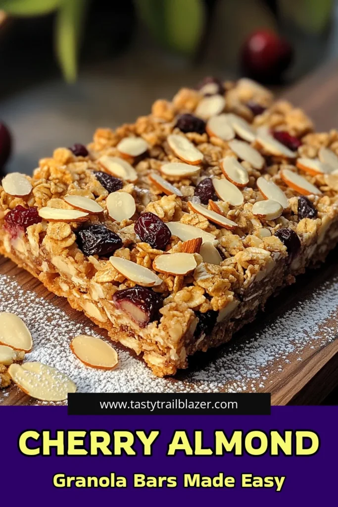 Indulge in a delightful and nutritious treat with these Cherry Almond Granola Bars! Packed with rolled oats, almonds, and dried cherries, they're perfect for a quick snack or on-the-go energy. This easy recipe takes just minutes to prepare and is a hit with everyone. Click through to discover step-by-step instructions and tips for beautifully presenting your homemade bars. Enjoy healthy snacking today! #GranolaBars #HealthySnacks #HomemadeTreats #EasyRecipes