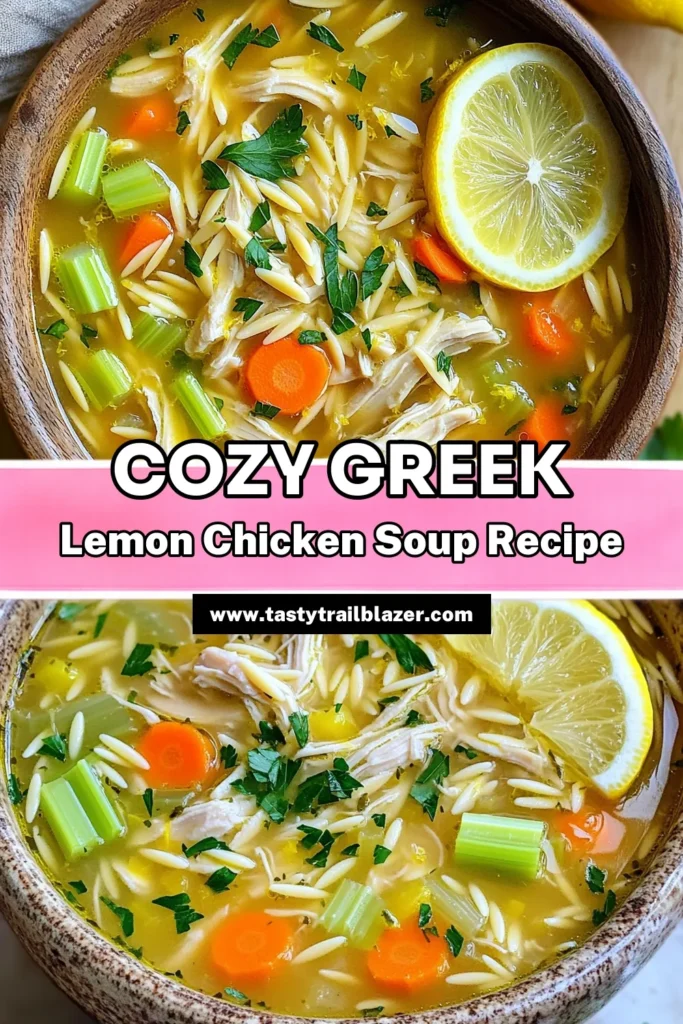 Warm up with a bowl of Greek Lemon Chicken Soup! This comforting recipe features tender chicken, zesty lemon, and nutritious vegetables, all simmered to perfection. It's the perfect blend of flavors that will brighten your day. Whether you're looking for a quick weeknight dinner or a cozy meal for chilly nights, this soup is a must-try. Click to explore the full recipe and start cooking today! #GreekLemonChickenSoup #SoupRecipes #HealthyEating #ComfortFood