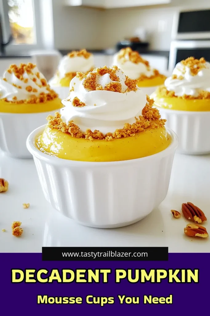 Delight your taste buds with these Pumpkin Cheesecake Mousse Cups that are perfect for fall! Made with creamy pumpkin puree, rich cream cheese, and a dash of warm spices, this easy recipe is a must-try. Perfectly topped with crushed graham crackers and whipped cream, these cups are a festive treat. Click through for the full recipe and impress your guests! #PumpkinCheesecake #FallDesserts #EasyRecipes #MousseCups