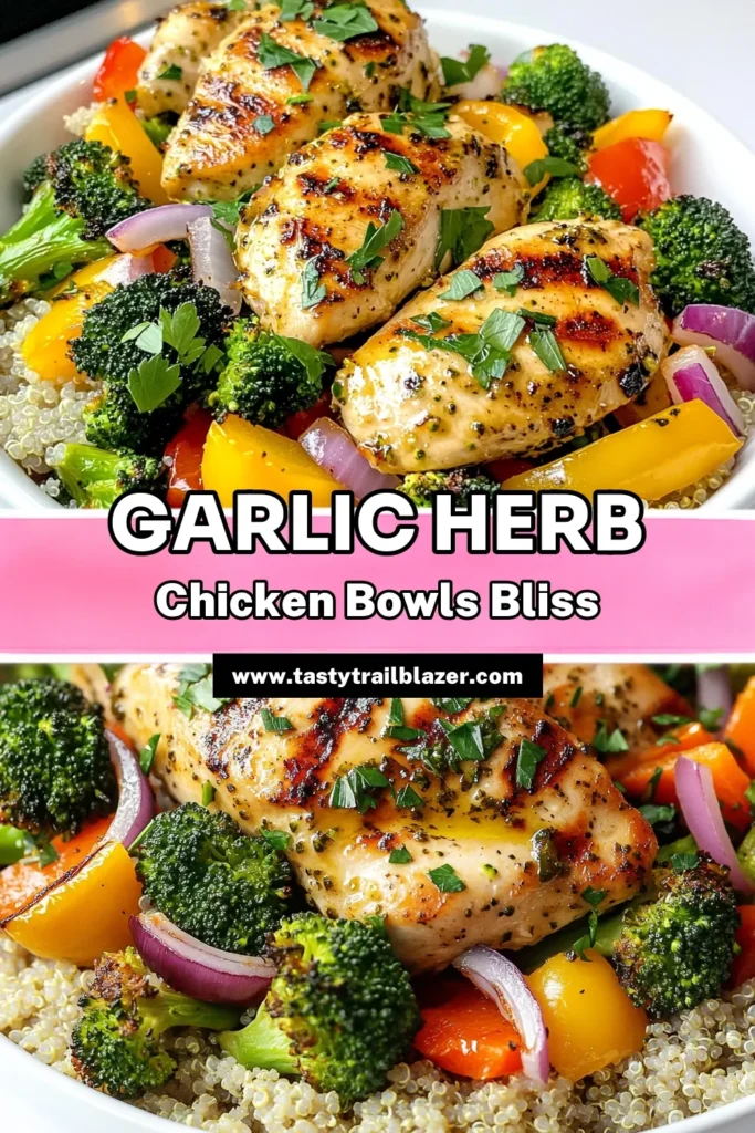 Savor the flavor with these Garlic Herb Chicken Bowls that are not only delicious but also easy to make! Packed with tender chicken, vibrant veggies, and a hint of garlic, this healthy meal is perfect for busy weeknights. Ready in just 40 minutes, it's a recipe you’ll want to try again and again! Click through for full details and step-by-step instructions. #GarlicHerbChicken #HealthyDinner #QuickRecipes #SheetPanMeals