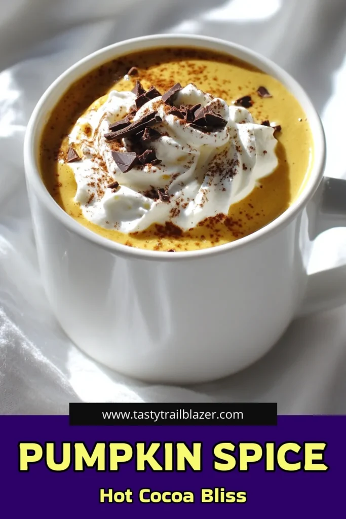 Warm up your fall with this delicious Pumpkin Spice Hot Chocolate recipe! It's the perfect blend of creamy milk, rich cocoa, and sweet pumpkin puree, topped with fluffy whipped cream and dark chocolate shavings. In just 10 minutes, you can create a cozy drink that embraces the flavors of the season. Ready to indulge? Click through for the full recipe and enjoy every sip! #PumpkinSpiceHotChocolate #FallRecipes #CozyDrinks #ChocolateLovers