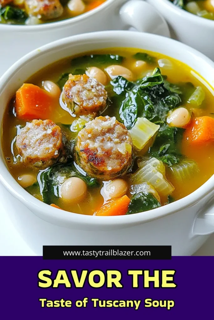 Warm up with a bowl of Tuscan Delight Sausage & White Bean Soup! This hearty soup combines savory Italian sausage, nutritious white beans, and fresh spinach for a deliciously satisfying meal. Perfect for a cozy dinner or meal prep, it's easy to make in a slow cooker. Click to explore this simple recipe and bring a taste of Italy to your table! #SausageSoup #TuscanRecipes #ComfortFood #SlowCookerMeals