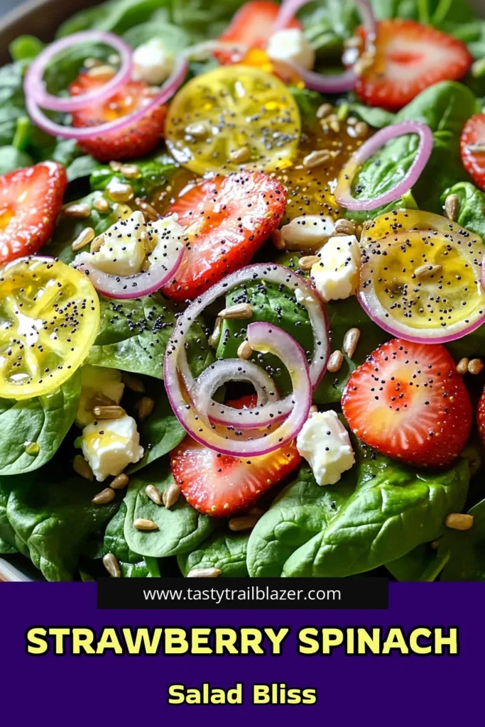 Looking for a refreshing and vibrant dish? Try this Strawberry Spinach Poppyseed Salad, perfect for any occasion! Bursting with flavor from fresh spinach, sweet strawberries, and crunchy sunflower seeds, this salad is easy to prepare in just 15 minutes. Toss it all together with a delightful homemade dressing for a deliciously healthy meal. Click to explore the full recipe and elevate your dining experience! #StrawberrySalad #HealthyRecipes #SaladIdeas #FreshFlavors
