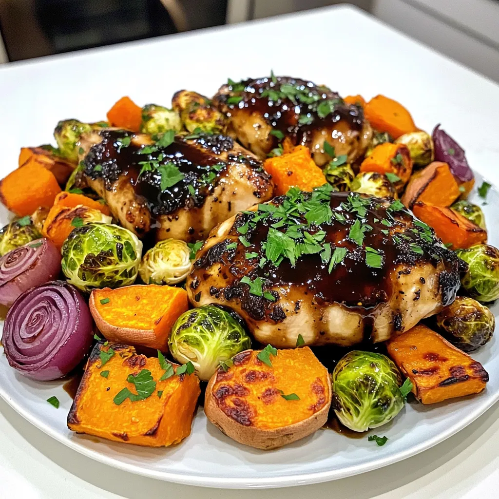 - 4 boneless, skinless chicken breasts - 2 cups Brussels sprouts, halved - 1 large sweet potato, cubed - 2 carrots, sliced - 1 red onion, cut into wedges - 1 cup baby bella mushrooms, halved Chicken breasts form the heart of this dish. They soak up all the flavors and stay juicy. Fall vegetables add color and taste. Brussels sprouts offer a nice crunch. Sweet potato brings sweetness and creaminess. Carrots add a pop of orange, while red onion gives a mild bite. Baby bella mushrooms add earthiness and depth. - 1/4 cup balsamic vinegar - 1/4 cup olive oil - 2 tablespoons honey The marinade is key to the flavor. Balsamic vinegar adds tang and sweetness. Olive oil keeps the chicken moist and helps it cook evenly. Honey balances the acidity. This mix makes every bite taste amazing. - 1 teaspoon dried thyme - 1 teaspoon dried rosemary - 3 cloves garlic, minced - Salt and pepper to taste Herbs elevate the dish. Dried thyme adds warmth, while dried rosemary brings a fragrant touch. Minced garlic adds a nice kick. Salt and pepper enhance all the flavors. Together, they create a rich taste that makes this meal special. - Preheat your oven to 425°F (220°C). This high heat helps the chicken cook well. - Line a large baking sheet with parchment paper. This will make cleanup easy. - In a small bowl, whisk together the balsamic vinegar, olive oil, honey, minced garlic, thyme, rosemary, salt, and pepper. Mix until all ingredients blend well. - Place the chicken breasts in a large bowl. Pour half of the balsamic mixture over the chicken. Toss to coat each piece. Let it sit while you prepare the vegetables. - Chop the Brussels sprouts in half. Cube the sweet potato into bite-sized pieces. Slice the carrots and cut the red onion into wedges. Halve the baby bella mushrooms. - In the same bowl, add the chopped vegetables. Drizzle the rest of the balsamic mixture over them. Toss until all veggies are well coated. - Arrange the marinated chicken in the center of the prepared baking sheet. Spread the vegetables around the chicken in a single layer. - Roast in the preheated oven for 25-30 minutes. The chicken should reach an internal temperature of 165°F (75°C). Stir the vegetables halfway through for even cooking. - After roasting, remove from the oven and let the dish rest for 5 minutes. Garnish with fresh parsley before serving. To make the best balsamic chicken, you can adjust the flavors to suit your taste. Try adding more honey for sweetness or extra balsamic vinegar for tang. Don't be afraid to play around. Marination time is key. I suggest letting the chicken sit for at least 30 minutes. If you have time, marinate it for up to 2 hours. The longer it sits, the better the flavor. You can switch up the veggies in this recipe. Try adding butternut squash, parsnips, or even bell peppers. Each adds a unique taste and texture. If you want a different protein, you can use turkey or pork. Just adjust the cooking time based on the meat you choose. For a complete meal, serve this dish with a side of rice or quinoa. These grains soak up the delicious juices. You can also add a simple green salad to balance the meal. When presenting, arrange the chicken and veggies on a large platter. Garnish with fresh parsley for a pop of color. This makes it look as good as it tastes! {{image_2}} You can swap chicken for hearty vegetables. Use chickpeas or tofu for protein. Both options absorb the balsamic flavor well. This change makes the dish lighter but still tasty. You can enjoy the same warm spices and sweet glaze. Feel free to load up on more veggies. Try adding zucchini, bell peppers, or butternut squash. These vegetables add color and flavor while boosting health benefits. You could also mix in grains or legumes. Quinoa or farro works great as a base. They provide fiber and make the meal more filling. Enhance the dish with extra herbs and spices. Fresh basil or oregano can add a nice twist. You might also sprinkle some red pepper flakes for heat. Experiment with different balsamic types too. A fruity or aged balsamic vinegar can add depth. Mixing flavors keeps it fun and exciting! To keep your balsamic chicken fresh, store leftovers in the fridge. Place the chicken and veggies in an airtight container. They will stay good for about 3-4 days. If you have extra sauce, store it in a small jar. This helps keep flavors strong. When warming up your dish, use the oven for best results. Preheat the oven to 350°F (175°C). Place the chicken and veggies on a baking sheet. Heat for about 15-20 minutes. You can also use the microwave. Heat in short bursts, stirring in between. This way, everything warms evenly. If you want to save some for later, freezing is great. First, let the dish cool completely. Then, place it in a freezer-safe container. Seal tightly to avoid freezer burn. You can freeze it for up to 3 months. To defrost, move it to the fridge overnight. Reheat as mentioned above. The cooking time for balsamic chicken is about 25 to 30 minutes. Preheat your oven to 425°F (220°C). Cook the chicken until it reaches an internal temperature of 165°F (75°C). This ensures the chicken is safe to eat and fully cooked. The vegetables will become tender and caramelized during this time, adding great flavor! For side dishes, you can serve: - Quinoa or rice for a grain option. - A fresh green salad for crunch. - Garlic bread to soak up the sauce. - Steamed broccoli for added veggies. These sides pair well with the savory flavors of the dish. Yes, you can use frozen vegetables! However, they may release extra moisture as they cook. This can make your dish a bit soggy. To avoid this, you can thaw them first and pat them dry. If you prefer not to thaw, just increase the cooking time. Check that all ingredients are cooked through and tender before serving. This blog post covered how to make a tasty balsamic chicken dish with fall vegetables. We explored key ingredients like chicken, balsamic vinegar, and herbs. You learned step-by-step instructions for marinating, roasting, and serving. There are helpful tips for variations and storing leftovers too. In making this dish, you can enjoy easy flavors and healthy choices. Cooking at home can be simple and fun. Enjoy your meals and get creative with your ingredients. Trust me; your taste buds will thank you!