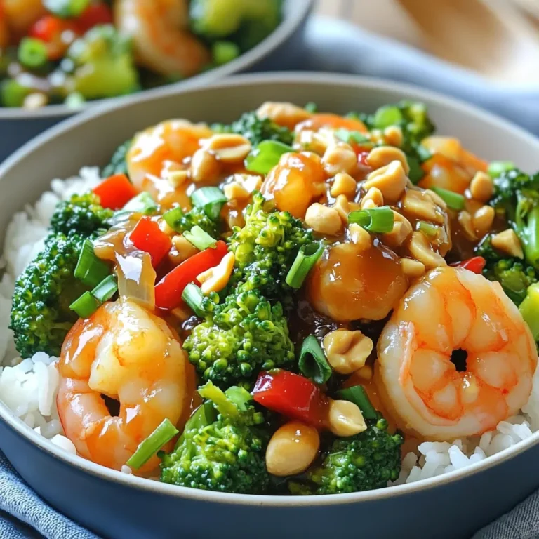 For a tasty Kung Pao shrimp bowl, you need: - 1 lb large shrimp, peeled and deveined - 1 red bell pepper, diced - 1 cup broccoli florets - 1 small onion, diced - 2 cloves garlic, minced - 1 inch ginger, grated - 1/4 cup unsalted roasted peanuts - Cooked rice (for serving) These ingredients give the dish its vibrant colors and great taste. The marinade brings out the flavor of the shrimp. You will use: - 2 tablespoons soy sauce (low sodium) - 1 teaspoon cornstarch - 1 tablespoon sesame oil - 2 tablespoons hoisin sauce - 1 tablespoon rice vinegar - 1 teaspoon chili paste (adjust to spice preference) Mix these together to coat the shrimp and let it sit. This makes the shrimp tender and full of flavor. Garnishes add a fresh touch. Consider adding: - Green onions, sliced These add a nice crunch and brightness to your dish. Feel free to get creative with your toppings! First, take 1 pound of large shrimp. Peel and devein them if needed. In a medium bowl, mix the shrimp with 2 tablespoons of low sodium soy sauce and 1 teaspoon of cornstarch. This mix helps the shrimp stay tender. Toss the shrimp well to coat. Let it sit for 15 minutes. This gives the shrimp time to absorb flavors. While the shrimp marinates, get your skillet ready. Heat 1 tablespoon of sesame oil over medium-high heat. Once hot, add the marinated shrimp. Stir-fry for about 2 to 3 minutes. Look for the shrimp to turn pink and opaque. Once done, remove the shrimp and set it aside. In the same skillet, add 1 small diced onion, 1 diced red bell pepper, and 1 cup of broccoli florets. Stir-fry these veggies for about 5 minutes. You want them to be tender but still a bit crisp. Next, add 2 minced garlic cloves and 1 inch of grated ginger. Sauté for another minute until you smell the garlic and ginger. Now it's time to bring it all together! Return the shrimp to the skillet. Add 2 tablespoons of hoisin sauce, 1 tablespoon of rice vinegar, and 1 teaspoon of chili paste. Stir everything well and cook for an extra 2 minutes. This allows the flavors to meld. Finally, mix in 1/4 cup of unsalted roasted peanuts. Cook for another minute, then remove the skillet from heat. Serve your Kung Pao shrimp over bowls of cooked rice. Don’t forget to garnish with sliced green onions for a fresh touch! To cook shrimp perfectly, choose large shrimp. They cook fast and stay juicy. Start by marinating shrimp with soy sauce and cornstarch for 15 minutes. This adds flavor and helps them stay tender. Heat sesame oil in your pan over medium-high heat. Add shrimp and stir-fry for 2-3 minutes until they turn pink. Avoid overcooking. When shrimp curl into a C shape, they are done. Kung Pao dishes can be spicy, but you control the heat. The chili paste is key. Start with 1 teaspoon, then taste. If you want more heat, add more chili paste slowly. You can also use red pepper flakes for extra spice. If the dish is too hot, add more broccoli or rice to balance the heat. To get the best flavor, use fresh ingredients. Fresh ginger and garlic make a big difference. Stir-fry vegetables until they are tender but still crisp. This keeps the bright colors and crunch. After adding hoisin sauce, rice vinegar, and chili paste, stir well. Cook for 2 minutes to blend all the flavors. Finally, toss in roasted peanuts at the end. They add a nice crunch and nutty taste. Enjoy your meal with sliced green onions on top for a fresh touch! {{image_2}} You can switch shrimp for other proteins. Chicken works well in this dish. Simply cut it into bite-sized pieces. Cook it in the same way as shrimp. Tofu is also a great choice. Use firm tofu and press it to remove extra water. Then cube it and stir-fry until golden. Beef can work too, but choose thin cuts for quick cooking. To make a vegetarian version, swap shrimp for veggies or tofu. Use a mix of mushrooms, zucchini, and bell peppers. This mix adds great flavor and texture. You might try adding more nuts for crunch. Peanuts give a nice taste, but cashews can also work. Use the same sauces to keep that Kung Pao flavor. You can get creative with the veggies. Carrots add sweetness and color. Snow peas bring a nice crispness. Try adding baby corn for a fun twist. Keep your veggies fresh for the best taste. Cut them into bite-sized pieces for even cooking. Remember to stir-fry until they are tender but still crisp. This keeps the vibrant color and nutrients intact. To keep your Kung Pao Shrimp Bowls fresh, store them in airtight containers. This helps prevent moisture loss and keeps the flavors intact. Place the shrimp and veggies in one container and the rice in another. This way, the rice won’t get soggy. You can store them in the fridge for up to three days. Reheating your Kung Pao Shrimp Bowls is simple. You can use a microwave or a skillet. For the microwave, place the bowl in and heat for one to two minutes. Stir halfway for even heat. If you use a skillet, add a splash of water to keep it moist. Heat over medium until warmed through, about five minutes. Freezing is a great option if you want to save some for later. Let the dish cool completely before freezing. Pack it in freezer-safe bags or containers. Be sure to label with the date. You can freeze Kung Pao Shrimp Bowls for up to three months. To eat, thaw in the fridge overnight and reheat as mentioned above. You can serve Kung Pao shrimp bowls with simple sides. Here are a few options: - Cooked rice: White or brown rice works well. - Noodles: Stir-fried noodles add a fun twist. - Steamed vegetables: Broccoli or snap peas are great choices. - Egg rolls: These add a tasty crunch. - Spring rolls: Fresh spring rolls bring a nice freshness. These sides complement the flavors and make the meal more filling. Making Kung Pao sauce is easy. Here’s a quick guide: - Ingredients: Combine 2 tablespoons hoisin sauce, 1 tablespoon rice vinegar, and 1 teaspoon chili paste. - Mix well: Stir these ingredients in a bowl until smooth. - Taste test: Adjust the chili paste for more or less spice. This sauce adds depth and flavor to your shrimp bowls. Yes, you can use frozen shrimp. Here’s how: - Thaw first: Place shrimp in the fridge overnight or run under cold water. - Dry them: Pat the shrimp dry with a paper towel. - Cook as directed: Follow the recipe steps once thawed. Using frozen shrimp saves time and still gives great results. In this blog post, we covered how to make Kung Pao shrimp bowls. We discussed the key ingredients and marinade. You learned step-by-step how to prepare shrimp and cook the veggies. We shared tips for perfect flavor and spice levels. You can also try variations with different proteins or vegetables. Lastly, we discussed how to store and reheat leftovers. With this guide, enjoy making tasty Kung Pao bowls at home!