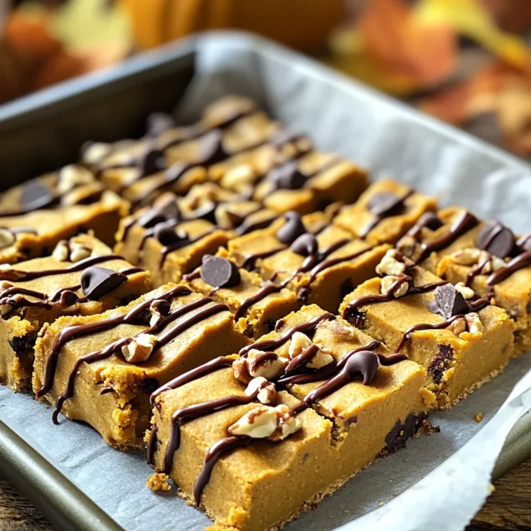 To make Pumpkin Chocolate Chip Cookie Dough Bars, you'll need some simple ingredients. Here’s the full list: - 1 cup pumpkin puree - 1 cup brown sugar - 1/2 cup granulated sugar - 1/2 cup unsalted butter, softened - 1 teaspoon vanilla extract - 2 cups all-purpose flour - 1 teaspoon baking soda - 1/2 teaspoon baking powder - 1/2 teaspoon salt - 1/2 teaspoon pumpkin pie spice - 1 cup semi-sweet chocolate chips - 1/2 cup chopped walnuts (optional) These ingredients make a rich and tasty treat. The pumpkin puree adds moisture and flavor. The sugars create sweetness, while butter gives a nice richness. The flour acts as the base, and the baking soda and powder help the bars rise. The spices give a warm touch, making these bars perfect for fall. I love using semi-sweet chocolate chips, but feel free to mix it up. If you want a nutty crunch, add the walnuts. Each ingredient plays a key role in creating a delicious dessert that everyone will love. - Preheat your oven to 350°F (175°C). Prepare an 8x8 inch baking pan by lining it with parchment paper. Leave some paper hanging over the edges for easy removal. - In a large bowl, cream together 1/2 cup softened butter, 1 cup brown sugar, and 1/2 cup granulated sugar. Mix until it looks light and fluffy. - Add 1 cup pumpkin puree and 1 teaspoon vanilla extract to the butter and sugar mixture. Mix well until everything combines smoothly. - In another bowl, whisk together 2 cups all-purpose flour, 1 teaspoon baking soda, 1/2 teaspoon baking powder, 1/2 teaspoon salt, and 1/2 teaspoon pumpkin pie spice. This helps to blend the dry ingredients well. - Gradually add the dry mixture to the wet mixture. Stir until just combined. Do not overmix, or your bars might become tough. - Fold in 1 cup semi-sweet chocolate chips and 1/2 cup chopped walnuts (if you like them) until evenly mixed. - Pour the cookie dough into your prepared baking pan. Spread it evenly across the pan. - Bake for 25-30 minutes. Check if they are done by inserting a toothpick in the center. It should come out clean when ready. - Once baked, let the bars cool completely in the pan on a wire rack. After cooling, lift them out using the parchment paper. - Cut into squares and enjoy! - Ensuring the right texture and doneness: To get the best bars, watch the baking time. Check them at 25 minutes. The edges should be golden. A toothpick should come out clean from the center. - Checking for freshness of baking ingredients: Old baking soda or powder can ruin your bars. Always check dates. Fresh ingredients make a big difference in taste. - Preventing overmixing: Mix your dough just until combined. Overmixing makes the bars tough. A gentle hand keeps them soft and chewy. - Using different types of chocolate chips: You can try dark, milk, or even white chocolate chips. Each type gives a unique flavor. Mix them for a fun twist! - Adding spices for an extra kick: Besides pumpkin pie spice, try cinnamon or nutmeg. These spices can take your bars to the next level. Just a pinch can add warmth and depth. - Best accompaniments and garnishes: Serve your bars with a scoop of vanilla ice cream or a dollop of whipped cream. A sprinkle of chopped nuts also adds crunch. - Pairing ideas with beverages: These bars go well with warm apple cider or a cup of coffee. The flavors blend perfectly, making every bite delightful. {{image_2}} You can make these bars gluten-free by using almond flour or a store-bought gluten-free blend. Both options work well. Just be sure to check the blend for baking powder and soda. For a vegan twist, swap the butter for coconut oil or a vegan butter stick. Use a flax egg instead of a regular egg. Simply mix 1 tablespoon of flaxseed meal with 2.5 tablespoons of water. Let it sit for five minutes to thicken. Feel free to add dried fruits like cranberries or raisins for a chewy texture. Chopped seeds such as pumpkin or sunflower can provide added crunch. These mix-ins give the bars a fun twist. If you want to spice things up, try cinnamon or nutmeg. You can even add a pinch of cayenne for a surprising kick. Each spice brings its own unique flavor to the bars. For a festive season, consider adding colored sprinkles or shaped candies. You can also use themed cookie cutters for fun shapes. These bars make great gifts or treats for parties. Another idea is to layer the bars with cream cheese frosting. This adds richness and a creamy contrast to the pumpkin. It makes a delightful treat perfect for fall gatherings. To keep your Pumpkin Chocolate Chip Cookie Dough Bars fresh, use an airtight container. Make sure they cool completely before storage. This helps avoid sogginess. You can also layer the bars with parchment paper to prevent sticking. For easy transport, a tin or a glass container with a tight lid works best. At room temperature, these bars last about 3-4 days. If you store them in the fridge, they can last up to a week. For longer storage, you can freeze them. Wrap each bar tightly in plastic wrap, then place them in a freezer bag. They’ll stay fresh for up to 3 months. When you want to enjoy your bars warm, preheat your oven to 350°F (175°C). Place the bars on a baking sheet for about 10 minutes. This helps keep their soft texture. You can also microwave them for about 10-15 seconds. Just be careful not to overheat, as this can make them tough. Enjoy your warm bars with a scoop of ice cream for a special treat! Can I use fresh pumpkin instead of canned? Yes, you can use fresh pumpkin. Just cook and puree it first. Fresh pumpkin may make the bars a bit lighter and fluffier. What size pan can I use if I don’t have an 8x8 inch pan? You can use a 9x9 inch pan. The bars may bake faster. Check them a few minutes early. How can I tell when the bars are done baking? The edges should turn golden brown. Insert a toothpick; it should come out clean. What can I use instead of walnuts? You can use pecans or skip the nuts. Try adding seeds for a crunchy bite instead. Can I substitute the brown sugar with another sweetener? Yes, you can use coconut sugar or maple syrup. Adjust the amount, as these may be sweeter. What's the best way to serve these bars? Serve them in squares on a nice plate. You can add a scoop of ice cream on top for fun. Do these bars need to be served warm? No, they taste great at room temperature. However, warm bars bring out the chocolate flavor even more! This recipe combines simple ingredients and easy steps to create delicious pumpkin bars. From mixing pumpkin puree and sugars to baking the perfect blend, every step counts. Remember to explore variations, like gluten-free options or unique flavors. Proper storage keeps your bars tasty for days. Enjoy these treats with friends or family, and let the aromas fill your kitchen. Sharing these bars will bring joy to any gathering. Embrace the season with this fun and tasty recipe!