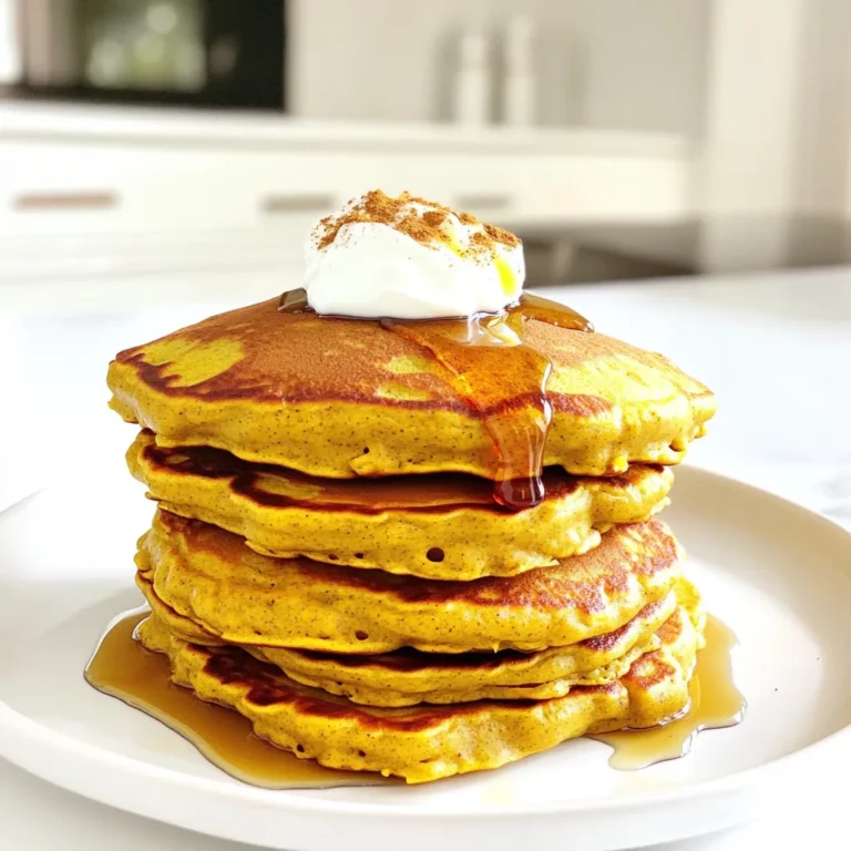 - 1 cup whole wheat flour - 1 scoop vanilla protein powder - 1 cup pumpkin puree These main ingredients create a hearty base for your pancakes. Whole wheat flour gives them a nutty flavor and extra fiber. The vanilla protein powder adds a boost of nutrition and makes each bite satisfying. Pumpkin puree brings that cozy fall taste, making these pancakes a delight. - 1 teaspoon baking powder - ½ teaspoon baking soda - 1 teaspoon pumpkin pie spice Baking powder and baking soda help the pancakes rise and become fluffy. Pumpkin pie spice adds that classic warmth we love in fall recipes. Together, they make your pancakes light and flavorful. - 1 cup almond milk (or any milk of your choice) - 2 tablespoons maple syrup - 1 teaspoon vanilla extract - 1 large egg (or flax egg for vegan option) These wet ingredients bring moisture and sweetness. Almond milk makes it dairy-free, while maple syrup adds a touch of natural sweetness. The egg gives structure to the pancakes. If you want a vegan option, just use a flax egg. Mix these well to create a smooth batter. Start by gathering your dry ingredients. You will need: - 1 cup whole wheat flour - 1 scoop vanilla protein powder - 1 teaspoon baking powder - ½ teaspoon baking soda - 1 teaspoon pumpkin pie spice - ¼ teaspoon salt In a large bowl, mix these ingredients well. Whisk them together until they are combined. This step ensures that the baking powder and baking soda spread evenly. Proper measurements matter here. They help your pancakes rise and taste great. Now, let’s move to the wet ingredients. You will use: - 1 cup pumpkin puree - 1 cup almond milk (or any milk of your choice) - 2 tablespoons maple syrup - 1 teaspoon vanilla extract - 1 large egg (or flax egg for vegan option) In a different bowl, whisk these together. Start with the pumpkin puree. Then, add the almond milk, maple syrup, vanilla, and egg. Mix until the blend is smooth. This step is key for a nice pancake texture. Next, it’s time to cook! Preheat your skillet or griddle over medium heat. Use a little cooking spray or coconut oil to grease the pan. This helps prevent sticking. Pour about ¼ cup of batter for each pancake onto the hot skillet. Cook them for 3-4 minutes. Look for bubbles on the surface. When the edges look set, it’s time to flip. Cook the other side for 2-3 more minutes until golden brown. Once cooked, transfer your pancakes to a plate. Keep them warm while you finish the rest. Enjoy your cozy pumpkin spice protein pancakes! To make fluffy pancakes, do not overmix the batter. A few lumps are fine. When you mix too much, the gluten develops and makes pancakes tough. Mix just until the dry and wet ingredients combine. Cooking temperature matters too. Preheat your skillet over medium heat. Too hot can burn the pancakes. Too cool can make them soggy. You want the skillet hot enough to bubble the batter, but not so hot that it scorches. Pair your pancakes with delicious toppings. Maple syrup is a classic choice. Adding a dollop of yogurt gives it a creamy touch. You can also sprinkle more pumpkin spice on top for extra flavor. Fresh fruit works great too, like bananas or apples. Try serving the pancakes with yogurt or fruit on the side. This adds a fresh taste and extra nutrients. You can even stack pancakes high for a fun presentation. You can make these pancakes vegan. Swap the egg for a flax egg. Just mix one tablespoon of flaxseed meal with three tablespoons of water. Let it sit for five minutes to thicken. For gluten-free options, use almond flour or gluten-free flour blends. These work well and still taste great. If you need more protein, try adding a scoop of plant-based protein powder for a boost. {{image_2}} You can change the taste of these pancakes easily. Adding chocolate chips gives a sweet touch. You can mix in chopped nuts for a crunchy bite. Both options work well with pumpkin flavor. You can also try different spices. Cinnamon and nutmeg can add warmth. Ginger gives a nice kick too. Mixing spices can create fun and new flavors. Pancake stacks are fun and impressive. Just pile them high, and drizzle with syrup. Add some fruit or nuts on top for color. Kids love pancake bites too. Just make smaller pancakes. They are perfect for little hands. Serve with syrup for dipping. Fall is full of flavors. You can add apple or maple to these pancakes. A splash of maple syrup gives a great taste. You can also use sweet potato for a twist. Adjust the recipe for holidays. Add festive spices for a special touch. Each season brings new ways to enjoy these pancakes. To keep your pancakes fresh, let them cool completely. Place them in an airtight container. You can use a plastic or glass container. This keeps moisture out and helps prevent sogginess. Store them in the fridge for up to five days. When reheating pancakes, the microwave is quick and easy. Place the pancakes on a microwave-safe plate. Heat for about 20-30 seconds. If you want crispier edges, try the skillet method. Heat a non-stick skillet over medium heat. Add a little cooking spray and warm each pancake for a minute on each side. This keeps the fluffy texture, making them taste fresh. To freeze pancakes, stack them with parchment paper in between. This prevents them from sticking together. Wrap the stack in plastic wrap and place it in a freezer bag. Label the bag with the date. To thaw, remove a pancake from the bag and let it sit in the fridge overnight. Reheat using the microwave or skillet method. This makes breakfast easy and delicious later on! You can use gluten-free flour blends instead of whole wheat flour. Look for a blend that includes brown rice flour, almond flour, or coconut flour. These options work well. Just remember to check if your blend has added starches or binding agents. Adjust the liquid if the batter is too thick. Yes, you can use any milk you like! Regular cow's milk, soy milk, or oat milk are great options. Each type will add a slightly different taste. Just pick one that fits your diet. Watch for bubbles forming on the surface. When the edges look set, it's time to flip. After flipping, cook until golden brown. A light press should feel firm, not soft. This means they are ready to eat! You’ve learned how to make cozy pumpkin spice protein pancakes, from ingredients to techniques. We covered each step, from mixing dry and wet components to cooking tips for fluffy results. You have options for serving, storing, and dietary needs. Feel free to get creative with flavors and variations. Enjoy your delicious pancakes any time of year. Happy cooking!