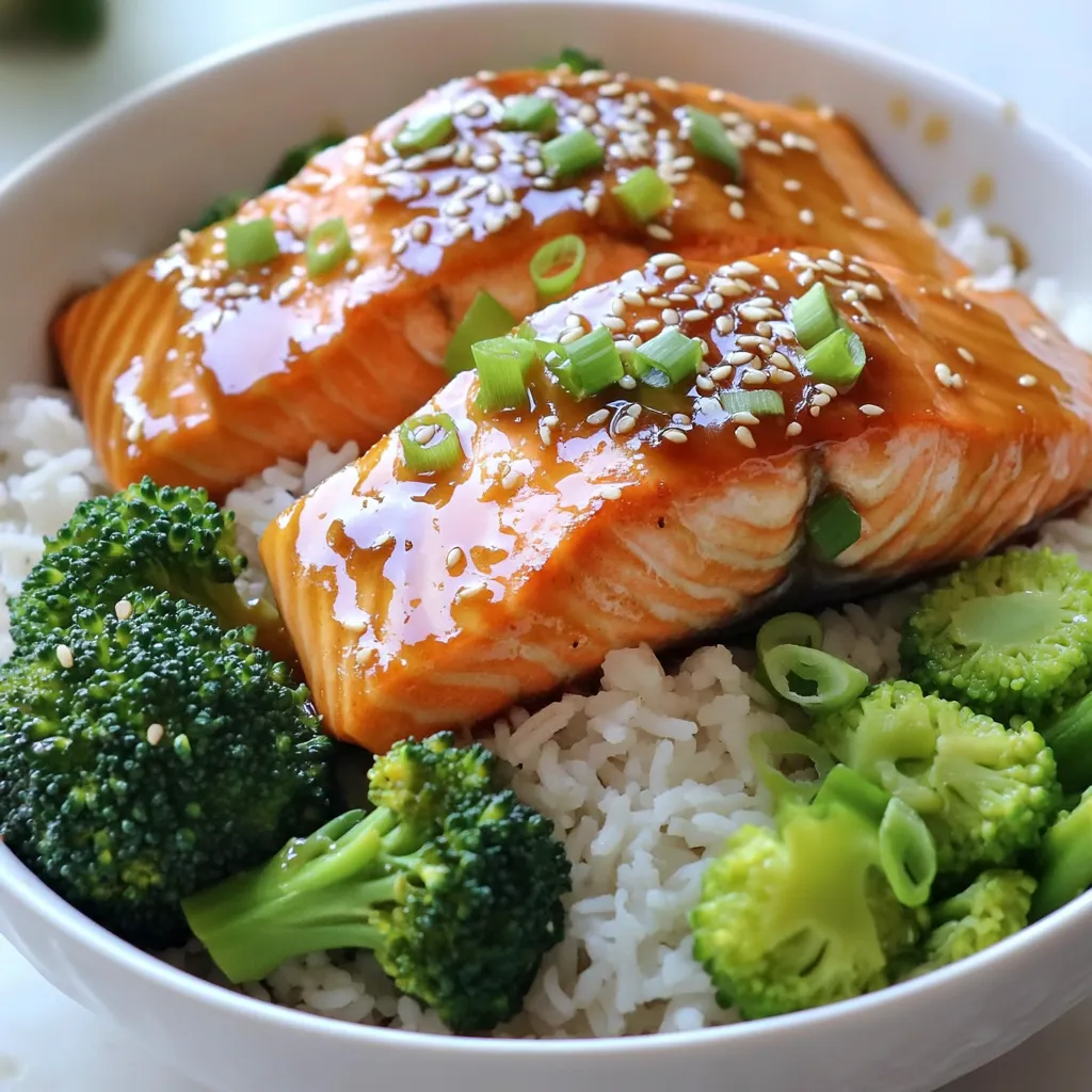 - 2 salmon fillets - 1 cup cooked jasmine rice - 2 tablespoons honey - 2 tablespoons soy sauce (low sodium) - 3 cloves garlic, minced - 1 tablespoon olive oil - 1 teaspoon ginger, grated - 1 green onion, sliced (for garnish) - 1 tablespoon sesame seeds (for garnish) - 1 cup steamed broccoli (or any vegetable of choice) - Salt and pepper to taste - Your choice of vegetables, like bell peppers or snap peas - Garnishes such as green onion and sesame seeds for a pretty finish - Use low sodium soy sauce to cut down on salt - Try rice alternatives like brown rice or cauliflower rice for more fiber To make the honey garlic marinade, start with a small bowl. Add two tablespoons of honey, two tablespoons of low sodium soy sauce, three minced garlic cloves, one tablespoon of olive oil, and one teaspoon of grated ginger. Whisk these ingredients well until they blend smoothly. This marinade brings a sweet and savory flavor to the salmon. First, preheat your oven to 425°F (220°C). Line a baking sheet with parchment paper to prevent sticking. Next, take your two salmon fillets and sprinkle salt and pepper on both sides. Place the fillets on the prepared baking sheet. Now, pour half of the honey garlic marinade over the salmon. Make sure it’s well coated. Bake the salmon for about 12 to 15 minutes. You’ll know it’s done when the fish flakes easily with a fork. While the salmon bakes, prepare your rice bowls. Start with one cup of cooked jasmine rice in a serving bowl. Once the salmon finishes baking, take it out of the oven. Brush the remaining marinade over the salmon fillets for extra flavor. Place the baked salmon on top of the rice. Add one cup of steamed broccoli or any vegetable you like beside the salmon. To finish, garnish your bowl with sliced green onions and sesame seeds. Enjoy your delicious honey garlic salmon rice bowl! To bake salmon perfectly, set your oven to 425°F (220°C). This hot temperature helps cook the fish nicely. Bake the salmon for 12 to 15 minutes. It's done when the fish flakes easily with a fork. You can also check the internal temperature. It should reach 145°F (63°C). You can customize the marinade to fit your taste. Add a splash of lime juice for a zesty kick. Try using maple syrup in place of honey for a richer taste. For toppings, consider crushed peanuts or avocado slices for extra flavor and texture. You can also mix in some fresh herbs like cilantro or basil. Prepare your ingredients ahead of time. You can cook the rice a day before and store it in the fridge. Chop the garlic and ginger, and store them in an airtight container. For freshness, keep the salmon in the fridge until you're ready to cook. If you want to batch-cook, you can store the meal components separately for up to three days. {{image_2}} You can cook salmon in different ways. Grilling and baking are popular. - Grilling: This method gives the salmon a smoky flavor. It takes about 6-8 minutes. Just brush the salmon with the honey garlic mix. Cook on a hot grill until it flakes easily. - Baking: This method is easy and keeps the salmon moist. Preheat to 425°F. Bake for 12-15 minutes, as listed in the recipe. You can also try other rice methods: - Fried Rice: Use leftover rice. Stir-fry with veggies in a pan. Add some soy sauce for flavor. - Rice Cooker: This method is simple. Just add rice and water, and let it cook. You can change the taste of your honey garlic salmon rice bowls. - Spicy Honey Garlic: Add red pepper flakes to the marinade. This gives it a nice kick. Adjust the heat to your liking. - Asian-Inspired Variations: Use different veggies. Try bell peppers, snap peas, or carrots. Toss them in the marinade before cooking. You can also add sesame oil for a richer taste. You can adjust the recipe to fit your diet. - Gluten-Free Options: Use tamari instead of soy sauce. It has the same flavor without gluten. - Low-Carb Alternatives: Swap jasmine rice for cauliflower rice. This keeps the dish light and fresh. It also adds more veggies to your meal. To store your honey garlic salmon rice bowls, first let them cool down. Place the leftover salmon and rice in airtight containers. This keeps them fresh and prevents any odors from mixing in your fridge. Always separate the salmon and the rice if possible. This helps them stay fresh longer. When you're ready to enjoy your leftovers, use the oven or the microwave. If you choose the oven, preheat it to 350°F (175°C). Place the salmon and rice in an oven-safe dish. Cover it with foil to keep moisture in, and heat for about 10-15 minutes. If you use the microwave, cover the dish with a microwave-safe lid and heat for 1-2 minutes. Stir halfway through to ensure even heating. In the fridge, your honey garlic salmon rice bowls will stay good for about 3-4 days. If you want to keep them longer, you can freeze them. In the freezer, they can last for up to 2-3 months. Just make sure to use airtight containers or freezer bags to prevent freezer burn. Yes, you can use frozen salmon. First, you must thaw it properly. Place the salmon in the fridge overnight or submerge it in cold water for about an hour. Once thawed, pat it dry. This step helps get rid of excess moisture. This way, the marinade sticks better. Cook the salmon as you would fresh. Just keep an eye on the cooking time. It may take a few minutes longer to cook through. If you need a honey substitute, you have options. Maple syrup works well and adds a nice flavor. Agave nectar is another choice; it’s lighter and sweeter. You can also use brown sugar mixed with water. This mix mimics honey’s texture. Each substitute changes the taste slightly. So, choose one that fits your style. This recipe is quite healthy and packed with nutrients. Salmon is rich in omega-3 fatty acids, which are great for heart health. The garlic adds flavor and has benefits too; it may boost your immune system. Jasmine rice is a good source of carbs for energy. You also get fiber from the broccoli. With low-sodium soy sauce, you lower the salt intake. Overall, this meal offers a balanced mix of protein, carbs, and veggies. Enjoy this delicious dish guilt-free! This blog post shares how to make a tasty honey garlic salmon rice bowl. You learned about key ingredients like salmon, jasmine rice, and optional vegetables. We also explored step-by-step instructions for preparing the meal and helpful tips for perfect results. In summary, this dish fits many diets and cooking styles. Enjoy trying out various flavors or toppings. Meal prep and storage tips help keep this dish fresh and tasty. You can create a healthy, quick meal with great flavor anytime.