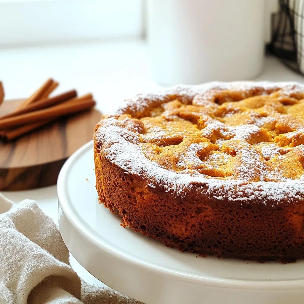 - 1 ½ cups all-purpose flour - 1 cup pumpkin puree - ¾ cup granulated sugar - ½ cup brown sugar, packed - ½ cup unsalted butter, softened - 2 large eggs - 1 teaspoon vanilla extract - 1 teaspoon baking powder - 1 teaspoon baking soda - 1 teaspoon ground cinnamon - ½ teaspoon ground nutmeg - ½ teaspoon ground ginger - ½ teaspoon salt - ½ cup chopped walnuts When I make pumpkin coffee cake, I focus on quality ingredients. Each component plays a key role in the cake's taste. Main Ingredients: - The all-purpose flour gives the cake structure. - Pumpkin puree adds moisture and flavor. - Granulated sugar and brown sugar balance sweetness. Brown sugar also adds depth. Additional Ingredients: - Unsalted butter gives richness. Softened butter blends well for a fluffy texture. - Eggs provide structure and help bind the cake. - Vanilla extract enhances the overall flavor. Spices and Leavening Agents: - Baking powder and baking soda help the cake rise. - Ground cinnamon, nutmeg, and ginger add warmth and spice. - Salt balances the sweetness and enhances flavor. Optional Add-ins: - Chopped walnuts add crunch and flavor. They’re not needed, but they can make the cake even better. Each ingredient is crucial for a bakery-style cake. Selecting the best ingredients ensures a delightful treat. Enjoy baking this simple yet delicious pumpkin coffee cake! - Preheat the oven to 350°F (175°C). - Grease a 9-inch round cake pan or line it with parchment paper. This makes it easy to remove later. - In a medium bowl, combine 1 ½ cups of all-purpose flour, 1 teaspoon of baking powder, 1 teaspoon of baking soda, and your spices: 1 teaspoon of ground cinnamon, ½ teaspoon of ground nutmeg, ½ teaspoon of ground ginger, and ½ teaspoon of salt. Whisk these together and set the bowl aside. - In a large mixing bowl, beat ½ cup of softened unsalted butter with ¾ cup of granulated sugar and ½ cup of packed brown sugar. Mix until it is light and fluffy, about 3 to 4 minutes. - Add 2 large eggs to the bowl, one at a time. Mix well after each egg. Then stir in 1 teaspoon of vanilla extract until it is fully mixed. Next, fold in 1 cup of pumpkin puree until it is smooth and creamy. - Gradually add the dry ingredients to the pumpkin mixture. Stir until just combined. Be careful not to overmix. If you want, fold in ½ cup of chopped walnuts at this stage for extra crunch. - Pour the batter into your prepared cake pan. Use a spatula to smooth the top. Bake in the preheated oven for 30 to 35 minutes. Check for doneness by inserting a toothpick in the center; it should come out clean. Once baked, let the cake cool in the pan for about 10 minutes. Then, transfer it to a wire rack to cool completely. To get that perfect moist texture, you must not overmix the batter. Overmixing leads to tough cake. When you combine the wet and dry ingredients, stir gently until they just blend together. This keeps the crumb light and airy. Using room temperature ingredients is also key. Make sure your butter and eggs are not cold. This helps them blend smoothly, giving you that desirable moisture. To boost the flavor, consider adding extra spices. A bit of allspice or cloves can create a warm, cozy taste. You can also try mixing in different extracts, like almond or maple. These small changes can take your cake to the next level. Pair your pumpkin coffee cake with coffee or tea for a warm treat. The flavors work well together. For serving, you can dust the top with powdered sugar for a pretty look. A maple glaze adds sweetness and a beautiful shine. {{image_2}} You can make this pumpkin coffee cake gluten-free. Use a mix of almond flour and coconut flour. This change will keep the cake moist and tasty. If you want a vegan version, replace the eggs with flax eggs. Mix one tablespoon of flaxseed meal with two and a half tablespoons of water, and let it sit for a few minutes. For butter, you can use coconut oil or vegan butter. Both work well and keep the cake rich. Adding chocolate chips can bring a sweet twist. You could add about a half cup of chocolate chips right into the batter. Dried fruits also work great. Try raisins or cranberries for a chewy texture. Nuts add a nice crunch. Chopped walnuts or pecans can enhance the flavor. Add half a cup of your chosen nuts to the batter for extra depth. For a festive touch, consider adding spices like cloves or allspice. These spices can make your cake feel more like a holiday treat. You could also top the coffee cake with a mix of pumpkin seeds and cinnamon. Using seasonal toppings like caramel drizzle or whipped cream can make it feel special. These small changes can elevate your coffee cake from good to great. You can store pumpkin coffee cake at room temperature or in the fridge. If you keep it at room temperature, place it in an airtight container. This method works best for up to three days. If you want it to last longer, refrigerate it. Just cover it well to keep it fresh. - Room Temperature: Airtight container for up to 3 days. - Refrigeration: Covered well to extend freshness. Freezing your pumpkin coffee cake is easy! First, let the cake cool completely. Then, wrap it tightly in plastic wrap. After that, place it in a freezer bag or an airtight container. This way, it stays fresh for up to three months. For thawing, take it out of the freezer and place it in the fridge overnight. If you want to enjoy it warm, reheat slices in the oven at 350°F for about 10 minutes. - Freezing Steps: Cool, wrap tightly, place in a freezer bag. - Thawing Tips: Move to fridge overnight, reheat in the oven. The shelf life of pumpkin coffee cake depends on how you store it. At room temperature, it lasts 3 days. In the fridge, it can last about a week. If you freeze it, you can enjoy it for up to three months. Make sure to check for any signs of spoilage before eating. - Room Temperature: Lasts up to 3 days. - Refrigerated: Lasts about a week. - Frozen: Good for up to 3 months. Yes, you can! If you don’t have pumpkin puree, try using applesauce or mashed bananas. Both options will add moisture and sweetness. You may want to adjust spices to match the flavor of the alternative. Look for a few signs. The cake should rise and be golden brown. Insert a toothpick in the center. If it comes out clean, the cake is done. You can also gently press the top; it should spring back. Absolutely! Brown sugar adds a rich flavor and moisture. It makes the cake a bit denser. Granulated sugar gives a lighter texture and sweeter taste. You can even mix both for a nice balance. If your cake is dry, check a few things. First, did you overmix the batter? This can make it tough. Next, make sure to measure flour correctly. Too much flour can also cause dryness. If needed, serve with a glaze or cream to add moisture. This blog post shared a great pumpkin coffee cake recipe. We covered each ingredient, from main items like flour and pumpkin puree to optional add-ins like walnuts. The step-by-step instructions guide you in making the cake perfectly. We also discussed tips for moistness and flavor, plus possible variations. Finally, I included storage tips to keep your cake fresh longer. Remember, cooking is about creativity, so feel free to make it your own. Enjoy your baking journey and share your cake with others!