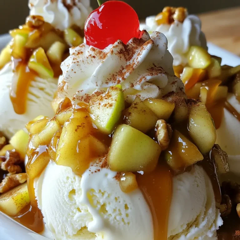 To make a delicious Caramel Apple Ice Cream Sundae, gather these simple ingredients: - 4 cups vanilla ice cream - 2 large apples (Granny Smith or Honeycrisp), peeled, cored, and diced - 1 cup caramel sauce (store-bought or homemade) - 1 teaspoon cinnamon - 1 tablespoon lemon juice - 1/2 cup chopped walnuts or pecans (optional) - Whipped cream for topping - Maraschino cherries for garnish - Additional caramel sauce for drizzling These ingredients create a tasty fall treat that blends creamy ice cream with warm, spiced apples. The tartness of the Granny Smith apples pairs well with sweet caramel and soft ice cream. You can also switch the apples for Honeycrisp if you prefer a sweeter taste. Using fresh ingredients makes the sundae more flavorful. I love adding walnuts or pecans for a nice crunch. If you want a classic sundae look, finish it off with whipped cream and a cherry on top. You can drizzle more caramel sauce for extra sweetness. This sundae is perfect for gatherings or a cozy night in. Enjoy the flavors of fall in each delightful bite! First, take your two large apples, either Granny Smith or Honeycrisp. Peel, core, and dice them into small pieces. In a medium bowl, toss the diced apples with 1 tablespoon of lemon juice and 1 teaspoon of cinnamon. This step prevents browning and adds a nice flavor. Next, heat a skillet over medium heat. Add the spiced apples to the skillet and sauté for about 5-7 minutes. You want the apples to be tender but still slightly crisp. Once they are cooked, remove them from the heat and allow them to cool for a moment. While the apples cool, scoop generous portions of 4 cups of vanilla ice cream into individual serving bowls or glasses. Use a large spoon to make it easy. Now, take the warm sautéed apples and spoon them over the ice cream. The heat from the apples will melt the ice cream just enough to create a delicious mix. Now it's time to add the fun! Drizzle a generous amount of caramel sauce over the apples and ice cream. This step makes everything even sweeter. If you want, sprinkle 1/2 cup of chopped walnuts or pecans on top for a nice crunch. Finally, finish your sundae with a dollop of whipped cream. Don’t forget a maraschino cherry on top for that classic look. For an extra treat, drizzle more caramel sauce over the whipped cream just before serving. Enjoy your tasty fall treat! For your caramel apple ice cream sundaes, I love using Granny Smith or Honeycrisp apples. Granny Smith apples offer a tart flavor that balances the sweetness of the caramel. Honeycrisp apples are juicy and sweet, adding a nice crunch. Both apples hold their shape well, which is great for this dessert. You want apples that are firm and fresh for the best taste and texture. Making your own caramel sauce is easy and fun. Here’s a simple recipe: - 1 cup sugar - 6 tablespoons butter - 1/2 cup heavy cream 1. In a medium pot, heat sugar over medium heat. Stir until it melts and turns golden brown. 2. Remove from heat and add butter, stirring until melted. 3. Carefully stir in heavy cream. The mixture will bubble. 4. Return to heat for 1-2 more minutes. Let it cool before using. Using homemade caramel sauce adds a personal touch to your sundaes. To make your sundae look stunning, use clear glasses or bowls. Start with a scoop of ice cream at the bottom. Then, add the warm sautéed apples on top. Drizzle caramel sauce generously. For a fun crunch, sprinkle chopped walnuts or pecans. Top it off with whipped cream and a maraschino cherry. A little extra caramel on top is always a great idea! This makes your sundae not only tasty but also a feast for the eyes. {{image_2}} You can switch up the ice cream to fit your taste. Almond ice cream adds a nutty twist. Caramel ice cream brings an extra layer of sweetness. Cinnamon ice cream gives a warm, spiced flavor. Each choice enhances the sundae in a new way. Feel free to experiment with fun add-ins. Chocolate chips bring a sweet crunch. Crushed cookies add texture and flavor. You can also use sprinkles for color or marshmallows for fluffiness. These little touches make your sundae even more enjoyable. Change the fruits based on the season. In winter, try pears or cranberries. Spring can feature fresh berries. Summer is perfect for peaches or cherries. You can also swap caramel for chocolate or fudge sauce for a new twist. Each season offers delicious options to explore. To keep your apples fresh, store them in the fridge. Place them in a sealed bag or container. This helps prevent browning and keeps them crunchy. For ice cream, always keep it in the freezer. Make sure the lid is tight to avoid freezer burn. You can freeze caramel apple sundaes, but they may change in texture. Ice cream will become harder, and the apples may turn mushy. If you want to freeze them, cover each sundae well. Use plastic wrap or airtight containers. Caramel sauce lasts about two weeks in the fridge. Store it in a jar with a lid. Ice cream typically lasts about two to three months in the freezer if kept sealed. Always check for ice crystals or off smells before using. Yes, you can prepare some parts ahead. You can sauté the apples a few hours before serving. Store them in the fridge. Just keep the ice cream separate. Assemble the sundae right before you eat. This keeps everything fresh and tasty. If you want a nut-free option, try using crushed graham crackers or cookies for crunch. You can also add seeds, like sunflower or pumpkin seeds. They add texture without the nuts. Choose what you enjoy most. To stop apples from browning, toss them with lemon juice right after cutting. The acid in the juice helps keep them fresh. This also adds a nice zing to the apples. Remember to add cinnamon for flavor too. Yes! You can use dairy-free ice cream made from almond or coconut milk. For the caramel sauce, choose a dairy-free version or make your own with coconut cream. This way, you can enjoy the sundae without dairy. To make it healthier, use less caramel sauce and ice cream. You can add more apples for fiber. You might also use a low-sugar ice cream or yogurt as a base. This way, you can still enjoy the flavor without the extra sugar. Caramel apple sundaes are easy to make and perfect for any occasion. You learned how to choose the right apples, create homemade caramel, and present your dish beautifully. With different variations and tips, you can customize this treat. Store leftovers properly, and enjoy them later. The options are endless, so play with flavors and toppings. Dive into making this yummy dessert and share it with loved ones. You’ll love the mix of flavors and textures in each scoop. Happy sundae-making!