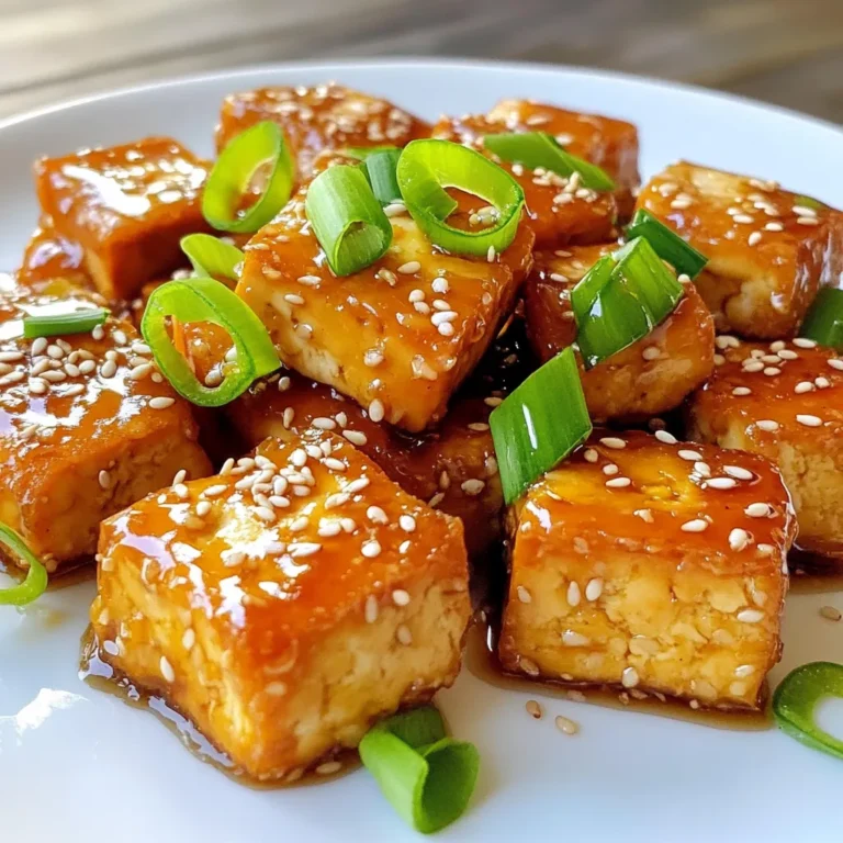- 1 block (14 oz) firm tofu, pressed and drained - 2 tablespoons cornstarch - 1 tablespoon olive oil - 3 tablespoons honey (or maple syrup for a vegan option) - 3 cloves garlic, minced - 1 tablespoon soy sauce (or tamari for gluten-free) - 1 tablespoon rice vinegar - 1 teaspoon sesame oil - 1/2 teaspoon black pepper - 2 green onions, sliced for garnish - Sesame seeds for garnish For tofu, I recommend using firm tofu for the best texture. Brands like Nasoya and House Foods are great choices. For honey, local raw honey offers rich flavor. If you prefer a vegan option, select pure maple syrup. For soy sauce, Kikkoman is a trusted brand. If you need gluten-free, try Tamari. Each serving (about 1/2 cup) contains: - Calories: 210 - Protein: 9g - Carbohydrates: 24g - Dietary Fiber: 1g - Sugars: 10g - Fat: 9g - Sodium: 300mg This dish packs protein and flavor with a sweet touch from honey or maple syrup. Enjoy it guilt-free! First, I take the tofu and press it to remove water. This step helps the tofu get crispy. Next, I cut the pressed tofu into bite-size cubes, about one inch. This size helps each piece cook evenly. After cutting, I put the tofu in a bowl. I sprinkle two tablespoons of cornstarch over the cubes. I gently toss the tofu until every piece is coated. The cornstarch helps create a crunchy texture when air frying. Next, I drizzle one tablespoon of olive oil over the tofu. This oil helps the cornstarch stick and adds flavor. I then mix the tofu again to ensure every piece gets a light coat of oil. While the tofu cooks, I prepare the sauce. In a small saucepan, I combine three tablespoons of honey, three minced garlic cloves, one tablespoon of soy sauce, one tablespoon of rice vinegar, one teaspoon of sesame oil, and half a teaspoon of black pepper. I heat the mixture over medium heat. I stir it often until the sauce bubbles and thickens, which takes about three to four minutes. This bubbling action brings out the flavors and makes the sauce rich. To air fry the tofu, I preheat the air fryer to 375°F (190°C). Once heated, I place the tofu cubes in the basket in a single layer. This spacing is key; it allows hot air to circulate and crisp the tofu. I set the timer for 15 to 20 minutes. Halfway through, I shake the basket. This step ensures all sides cook evenly and become golden brown. The result should be crispy, crunchy tofu with a delicious, sticky sauce that you can enjoy! One big mistake is not pressing the tofu enough. Always drain and press your tofu well. This helps to remove excess water, making it crispier. Another mistake is overcrowding the basket. Air needs space to circulate. If you stack the tofu, it won’t cook evenly. Lastly, skipping the cornstarch can lead to a soggy texture. Cornstarch forms a nice crispy layer. Tofu can be bland, so marinating helps. Let your tofu sit in the sauce for at least 30 minutes. This adds flavor. You can also try double frying. First, cook the tofu until firm. Then, let it cool and fry again for extra crunch. Experiment with different oils, too. Each oil adds its own taste and aroma. Most air fryers cook at similar speeds, but some vary. Start with the recommended time of 15-20 minutes at 375°F (190°C). Check the tofu halfway through. If it’s not golden, add 3-5 more minutes. Each model may need slight adjustments. Always refer to your air fryer manual for guidance. Don’t forget to shake the basket to ensure even cooking! {{image_2}} You can easily make this dish vegan by swapping honey for maple syrup. Maple syrup gives a sweet and rich flavor. Just use the same amount as honey. It keeps the dish sticky and delicious, perfect for coating the tofu. Feel free to add your favorite veggies to this dish. Broccoli, bell peppers, or snap peas work well. Just chop them into bite-sized pieces. Toss them in the air fryer with the tofu for a colorful meal. You can also spice up the sauce. Add red pepper flakes for heat or ginger for a fresh twist. A bit of lime juice can brighten up the flavors too. You can serve this honey garlic tofu in many ways. For an Asian twist, serve it over rice or noodles. Add sesame seeds and sliced green onions on top. For a Mexican flair, use it in tacos with fresh salsa and avocado. You can also enjoy it in a salad with mixed greens and a tangy dressing. The options are endless, making this dish perfect for any meal. To keep your leftover crispy honey garlic tofu fresh, let it cool first. Store it in an airtight container. Place it in the fridge. This helps maintain its flavor and texture. You can also separate the sauce if you prefer. This prevents the tofu from getting too soggy. You can store air-fried tofu in the fridge for up to three days. After that, it may lose its texture and flavor. If you want to keep it longer, consider freezing it. Frozen tofu can last up to three months. Just remember to thaw it before reheating. To reheat your tofu and keep it crispy, use the air fryer again. Preheat the air fryer to 375°F (190°C). Place the tofu in a single layer and air fry for about 5-7 minutes. This will help revive the crunch. If you don’t have an air fryer, you can use a skillet. Heat a bit of oil, then add the tofu until warm and crispy again. No, you should not use soft tofu. Soft tofu will not hold its shape. It will break apart during cooking. Firm tofu is best for this recipe. It gives you the crispy texture you want. To press tofu, place it on a plate. Use another plate on top to add weight. You can also use paper towels to soak up moisture. Let it sit for 15-30 minutes. This helps the tofu absorb flavors better. Yes, this recipe can be gluten-free. Use tamari instead of soy sauce. Always check labels for gluten-free options. The rest of the ingredients are naturally gluten-free. To make it spicier, add red pepper flakes to the sauce. You can also mix in sriracha or chili paste. Adjust the spice to fit your taste. Start with a little, and add more as needed. In this blog post, we covered the key ingredients and steps to make Air Fryer Crispy Honey Garlic Tofu. I shared useful tips, common mistakes to avoid, and tasty variations to try. Remember to store leftover tofu properly to keep it fresh and crispy. This recipe is flexible, so feel free to adjust as needed. Enjoy experimenting with flavors and cooking methods. You’ll be thrilled with how easy and delicious this dish can be. Happy cooking!
