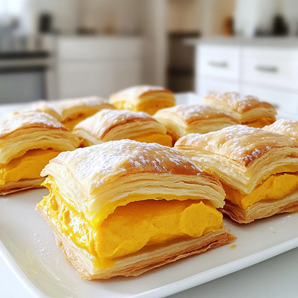 For this tasty treat, you will need: - 1 package (8 oz) cream cheese, softened - 1/2 cup canned pumpkin puree - 1/4 cup powdered sugar - 1 teaspoon vanilla extract - 1 teaspoon pumpkin pie spice - 1 package (1 lb) pre-made puff pastry, thawed These main ingredients bring a rich flavor. The cream cheese and pumpkin blend well. The powdered sugar adds sweetness. Vanilla and pumpkin pie spice give it a warm touch. To get that golden crust, gather these: - 1 egg - 1 tablespoon milk Whisk them together to create a shiny egg wash. This step makes your danishes look professional and appetizing. You can dress up your danishes with: - Extra powdered sugar for dusting This adds a sweet finish that looks nice. You can also serve them warm. They pair well with coffee or tea. Enjoy making these danishes that are simple and full of flavor! Start by gathering all your ingredients. You need cream cheese, pumpkin puree, powdered sugar, vanilla extract, and pumpkin pie spice. Make sure the cream cheese is soft. This makes mixing easy. For the puff pastry, keep it thawed but chilled. Dust your work surface with flour. This helps prevent sticking. First, preheat your oven to 400°F (200°C). Line a baking sheet with parchment paper. In a bowl, mix cream cheese, pumpkin puree, powdered sugar, vanilla, and pumpkin spice until smooth. Roll out the puff pastry until it’s about 1/8 inch thick. Cut the pastry into 4-inch squares. Place 1 to 2 tablespoons of the pumpkin mixture in the center of each square. Fold the corners of the pastry over the filling, pinching to seal. Whisk together the egg and milk for the egg wash. Brush the tops of the danishes with this mix. Bake them for 15-20 minutes until they puff up and turn golden brown. After baking, take the danishes out and let them cool on a wire rack for about 10 minutes. Once cool, sprinkle with extra powdered sugar if you like. This adds a nice touch of sweetness. Enjoy your tasty Pumpkin Cream Cheese Danish! To stop your danishes from leaking, seal them well. When you fold the corners, pinch tightly. Use a fork to press the edges down. This adds a nice design too! Make sure not to overfill the pastry. Just 1 to 2 tablespoons of the pumpkin cream cheese mixture works best. When rolling puff pastry, keep a light hand. Dust your surface with flour to stop sticking. Roll it out to about 1/8 inch thick. This thickness helps it puff up nicely. Cut even squares, around 4 inches by 4 inches. Use a sharp knife for clean edges. For a golden finish, mix one egg with one tablespoon of milk. Whisk them together until smooth. Use a pastry brush to apply it on top of each danish. This gives them a shiny look. Apply it gently so you don’t disturb the pastry. Use the egg wash right before baking for the best color. {{image_2}} You can make your Pumpkin Cream Cheese Danish even better with fun flavors. Try adding chocolate chips to the cream cheese mixture. The sweet chocolate pairs well with pumpkin. If you like nuts, add chopped pecans or walnuts too. They give a nice crunch and extra flavor. Just mix them in with the cream cheese filling. While puff pastry works great, you can use other doughs too. Croissant dough gives a flaky and buttery taste. It adds a different texture to the danish. You could even try pie crust for a thicker base. Roll out the dough, cut it, and fill it just like with puff pastry. These danishes taste amazing with a hot drink. Pair them with coffee for a nice breakfast. The rich coffee complements the sweet danish. Or, enjoy them with tea for a cozy afternoon snack. Choose a spiced tea to match the pumpkin flavor. Dust with extra powdered sugar for a pretty finish. To keep your Pumpkin Cream Cheese Danish fresh, store any leftovers in an airtight container. Place them in the fridge. They will stay good for up to three days. Make sure they cool completely before sealing. This helps prevent sogginess. You can freeze your Pumpkin Cream Cheese Danish for later enjoyment. Wrap each Danish tightly in plastic wrap. Then, place them in a freezer-safe bag or container. They can last up to three months in the freezer. When ready to eat, simply thaw them overnight in the fridge. To reheat your danishes, preheat your oven to 350°F (175°C). Place the danishes on a baking sheet. Heat them for about 10-15 minutes. This will help restore their crispiness. You can also use a microwave, but this may make them soft. If you prefer that method, heat them for 15-20 seconds only. To make Pumpkin Cream Cheese Danish from scratch, follow these steps. First, preheat your oven to 400°F (200°C) and line a baking sheet with parchment paper. Next, in a bowl, mix 1 package of softened cream cheese with 1/2 cup of canned pumpkin puree, 1/4 cup of powdered sugar, 1 teaspoon of vanilla extract, and 1 teaspoon of pumpkin pie spice. Roll out 1 pound of thawed puff pastry until it’s about 1/8 inch thick. Cut the pastry into 4-inch squares. Place 1 to 2 tablespoons of the cream cheese mixture in the center of each square. Fold the corners toward the center and pinch to seal. Brush with an egg wash made from 1 egg and 1 tablespoon of milk. Bake for 15 to 20 minutes until golden brown. Yes, you can use a different type of cheese. If you want a tangy flavor, try goat cheese. For a creamier texture, mascarpone works well. Ricotta can also be a good option for a lighter filling. Just remember to adjust the sugar and spices to balance the flavors. Serve Pumpkin Cream Cheese Danish warm or at room temperature. They taste great with a dusting of powdered sugar on top. Pair them with coffee, tea, or apple cider for a cozy treat. You can also add a dollop of whipped cream or a scoop of vanilla ice cream for extra indulgence. To find Pumpkin Cream Cheese Danish near you, check local bakeries or coffee shops. Many grocery stores sell them in the bakery section, especially during fall. You can also look for them at farmers' markets or specialty food stores. If you want a quick option, some brands offer frozen versions you can bake at home. You now have a complete guide to making Pumpkin Cream Cheese Danish. From the key ingredients to step-by-step baking instructions, it’s all here. Use tips to avoid leaks and achieve that golden color. Experiment with flavors and pastry types for a fun twist. Proper storage will keep your danish fresh for later. I hope this inspires you to bake. Enjoy sharing your tasty treats with friends and family!