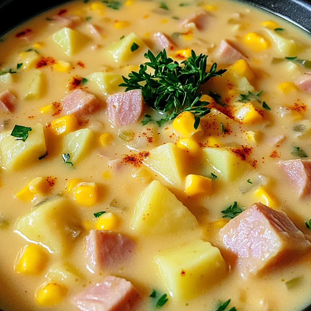 To make this creamy ham and potato chowder, gather these key ingredients: - 4 cups diced potatoes (about 4 medium potatoes) - 1 cup diced ham (cooked) - 1 medium onion, chopped - 2 cloves garlic, minced - 3 cups chicken broth - 1 cup heavy cream - 1 cup frozen corn - 1 teaspoon dried thyme - 1 teaspoon smoked paprika - Salt and pepper to taste - 2 tablespoons olive oil - Fresh parsley for garnish These ingredients create a rich and tasty chowder. The potatoes provide body, while ham adds flavor. You can enhance the chowder's taste with these optional ingredients: - A pinch of cayenne for heat - A splash of lemon juice for brightness - Chopped celery for crunch - Bay leaves for extra depth These choices let you customize the chowder to your liking. Feel free to mix and match based on what you have. Here's a quick look at the chowder's nutrition per serving: - Calories: 350 - Protein: 15g - Carbohydrates: 35g - Fat: 20g - Fiber: 3g This chowder is hearty and filling. It offers good protein from ham and cream, plus fiber from potatoes. Enjoying a bowl gives you comfort and energy. To start, gather all your ingredients. You’ll need: - 4 cups diced potatoes (about 4 medium potatoes) - 1 cup diced ham (cooked) - 1 medium onion, chopped - 2 cloves garlic, minced - 3 cups chicken broth - 1 cup heavy cream - 1 cup frozen corn - 1 teaspoon dried thyme - 1 teaspoon smoked paprika - Salt and pepper to taste - 2 tablespoons olive oil - Fresh parsley for garnish First, wash and dice the potatoes. Chop the onion and mince the garlic. Set these aside. The prep work takes about 15 minutes. Next, heat the olive oil in a skillet over medium heat. Sauté the onion and garlic until they turn soft, about 5 minutes. This step adds flavor. Now, grab your slow cooker. Combine the diced potatoes, sautéed onion and garlic, diced ham, chicken broth, thyme, smoked paprika, salt, and pepper. Stir everything well. Cover the slow cooker and set it on low for 6-7 hours or high for 3-4 hours. The goal is tender potatoes. After the cooking time, check the potatoes. Once they are soft, stir in the heavy cream and frozen corn. Mix well. Cook on high for another 15-30 minutes. This warms the corn and makes the chowder creamy. Taste your chowder. Adjust the seasoning with more salt and pepper if needed. Serve the chowder hot, garnished with fresh parsley. Enjoy this cozy meal with crusty bread or a side salad! To get that creamy texture, use heavy cream. Stir it in after the potatoes cook. This keeps it smooth and rich. If you want a lighter option, use half-and-half. Blend in some of the potatoes after cooking for extra creaminess. Smoked paprika adds depth to the chowder. Dried thyme gives a herby note. Taste your chowder before serving. Adjust salt and pepper as needed. Fresh parsley not only looks nice but adds a fresh flavor. You can also sprinkle in some cheese for a cheesy twist! Don't skip sautéing the onion and garlic. This step builds flavor. Avoid overcooking the potatoes; they should be tender, not mushy. If you cook on high, keep an eye on the time. Cooking too long can lead to a watery chowder. Lastly, always taste before serving; adjust seasoning for the best flavor! {{image_2}} You can make this chowder healthier. Swap heavy cream for low-fat milk or coconut milk. This change cuts calories and fat. Use homemade chicken broth to avoid extra sodium. You can also use Greek yogurt instead of cream for added protein. Adding veggies boosts nutrition. Try carrots, celery, or bell peppers. Dice them small so they cook well. You can also add spinach or kale near the end. These greens add color and vitamins. They make your chowder more filling and healthy. If you want variety, switch up the protein. Use cooked turkey or chicken instead of ham. You can even go meatless! Beans like white or navy beans add texture and protein. These swaps make the chowder unique and fun. Once you finish your chowder, let it cool down first. Pour it into a clean, airtight container. Make sure you seal it well to keep out air. You can store leftovers in the fridge for up to three days. If you want to keep it longer, freezing is a great option. To reheat your chowder, you have two easy options. You can use the stove or the microwave. If you use the stove, pour the chowder into a pot. Heat it over low to medium heat, stirring often. This helps keep it creamy. If you use the microwave, place it in a bowl. Heat it in short bursts, stirring in between, until it's warm. If you want to freeze your chowder, make sure it’s completely cool. Pour the chowder into freezer-safe containers or bags. Leave some space at the top since it will expand when frozen. Label the containers with the date. You can freeze it for up to three months. When you’re ready to eat, thaw it in the fridge overnight before reheating. To make this chowder vegetarian, skip the ham. Use diced tofu or tempeh instead. You can also add mushrooms for a meaty texture. Swap the chicken broth for vegetable broth. This keeps all the flavors while making it plant-based. Yes, you can use other meats. Cooked chicken or turkey works well in this chowder. You might also try bacon for a smoky taste. Just make sure the meat is cooked before adding it to the slow cooker. This chowder pairs well with fresh bread or biscuits. A simple side salad adds a nice crunch. You can also serve it with crackers for dipping. These sides make the meal more filling and enjoyable. This blog post covered how to make a delicious Slow Cooker Creamy Ham & Potato Chowder. We explored essential and optional ingredients, plus a helpful nutritional breakdown. I shared step-by-step cooking instructions and tips for achieving the perfect texture and flavor. You also learned about variations, storage methods, and answers to common questions. By trying this chowder, you can enjoy a warm, comforting meal that’s easy to prepare. Happy cooking!
