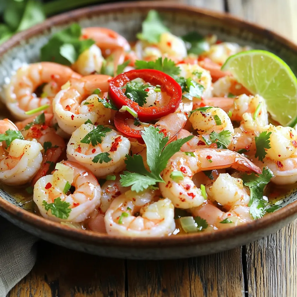 To make Minute Chili Garlic Shrimp, you will need: - 1 pound large shrimp, peeled and deveined - 3 tablespoons olive oil - 4 cloves garlic, minced - 1 red chili, finely sliced (adjust according to spice preference) - 1 teaspoon smoked paprika - 1 teaspoon salt - 1/2 teaspoon black pepper - 1 tablespoon fresh lime juice - 2 tablespoons chopped fresh cilantro (optional, for garnish) When you choose shrimp, look for a few key signs. Fresh shrimp should smell like the ocean, not fishy. The shells should look shiny and firm. Avoid any shrimp with black spots or discoloration. You want shrimp that feel firm and springy. If possible, buy shrimp from a trusted fishmonger or market to ensure quality. If you can’t find large shrimp, you can use medium or small shrimp instead. You can also swap olive oil for avocado oil or butter. For garlic, you can use garlic powder; just 1/4 teaspoon will do. If you want more spice but have no red chili, use crushed red pepper flakes. Finally, if you don't have lime juice, lemon juice works well too. To make Minute Chili Garlic Shrimp, start by gathering your ingredients. You need shrimp, garlic, chili, and some spices. 1. Heat the oil: In a large skillet, pour in three tablespoons of olive oil. Turn the heat to medium-high. Wait until the oil shimmers to know it's ready. 2. Sauté garlic and chili: Add minced garlic and sliced red chili to the hot oil. Stir for about 30 seconds. Keep an eye on it, as you don't want to burn the garlic. 3. Add shrimp: Turn the heat to high and add one pound of shrimp. Season with smoked paprika, salt, and black pepper. 4. Cook the shrimp: Sauté the shrimp for about 2-3 minutes on each side. They will turn pink and opaque when done. 5. Finish with lime: Drizzle in one tablespoon of fresh lime juice and mix well. This adds a nice zing to your dish. 6. Garnish: If you like, sprinkle chopped fresh cilantro on top for extra flavor. 7. Serve: Enjoy your shrimp right away. You can pair it with rice or serve on lettuce for a light meal. You will need a few essential tools to prepare this dish: - Large skillet - Wooden spoon or spatula - Measuring spoons - Knife and cutting board These tools help you cook the shrimp evenly and keep everything organized. This dish cooks quickly, so be ready! - Prep time: 5 minutes - Cooking time: 5 minutes - Total time: 10 minutes Make sure your skillet is hot enough. The shrimp should sizzle as soon as they hit the pan. This quick cooking helps keep them tender and juicy. To make shrimp tender and juicy, you need to cook them quickly. Shrimp cook fast, so watch them closely. When they turn pink, they are done. Overcooking makes them tough. Use medium-high heat when you start. This helps the shrimp sear nicely. Remember, the right amount of olive oil also helps keep them moist. If you love heat, add more chili. For a milder dish, use less. You can also remove the seeds from the chili to lower the heat. Another great tip is to add a pinch of cayenne pepper for extra spice. Taste the dish as you cook. This way, you can adjust the spice to your liking. You can serve Minute Chili Garlic Shrimp with many sides. Rice is a classic choice, as it soaks up the sauce. You can also use cauliflower rice for a low-carb option. If you want something light, serve the shrimp on a bed of lettuce. It makes a great appetizer. For a fresh touch, add lime wedges and extra cilantro as garnish. {{image_2}} You can easily change this dish. Add vegetables like bell peppers, snow peas, or zucchini. These veggies add color and crunch. You can also try different spices. A pinch of cumin or a dash of cayenne can wake up the flavor. Fresh basil or parsley can replace cilantro for a different herb note. This dish is not just for the skillet. You can grill the shrimp for a smoky taste. Just toss them on the grill for about 2-3 minutes per side. If you prefer baking, spread the shrimp on a baking tray. Bake them at 400°F for about 6-8 minutes. Both methods give you tasty shrimp without much fuss. Minute Chili Garlic Shrimp is naturally gluten-free. Just check your spices for hidden gluten. If you want low-carb, serve the shrimp on lettuce instead of rice. You can also add more veggies to your plate for a filling meal. These options let you enjoy this dish without worry. To store leftover chili garlic shrimp, place it in an airtight container. Make sure the shrimp cools to room temperature first. Cover the container tightly. This helps keep the shrimp fresh and tasty. Store it in the fridge for up to two days. If you want to keep it longer, freezing is a great option. When you are ready to eat the shrimp again, reheating is key. Use a skillet on medium heat. Add a little oil or butter to the pan. This will help keep the shrimp moist. Heat for about 3-4 minutes, stirring gently. You want to warm it through, not cook it more. This keeps the shrimp juicy and flavorful. Freezing chili garlic shrimp is simple. First, place it in a freezer-safe bag. Remove as much air as possible before sealing. Label the bag with the date. You can freeze it for up to three months. When you’re ready to enjoy it, thaw it in the fridge overnight. Then, reheat as mentioned above for the best flavor. Yes, you can use frozen shrimp. Just make sure to thaw them first. Place the shrimp in cold water for about 15-20 minutes. After thawing, pat them dry with a paper towel. This step helps the shrimp cook evenly. Minute Chili Garlic Shrimp pairs well with many sides. Serve it over rice for a filling meal. You can also enjoy it on a bed of lettuce for a light option. Add some steamed veggies on the side for color and nutrition. A fresh salad complements this dish nicely too! Shrimp cook quickly and change color as they do. Look for a bright pink color with a firm texture. They should also be opaque in the center. Cooking time is usually about 2-3 minutes on each side. If you see these signs, your shrimp are done! In this post, we explored how to make tasty Minute Chili Garlic Shrimp. We covered the best ingredients, cooking methods, and tips for juicy shrimp. Remember to select fresh shrimp for great flavor and adjust spices as needed. Storage tips help you enjoy leftovers later. Whether grilling or baking, there are options for everyone. Keep experimenting with add-ins and serve with your favorite sides. Enjoy your cooking journey with this simple yet delicious dish!