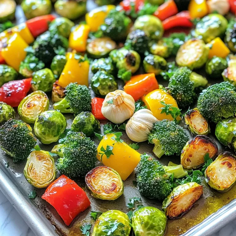 For this tasty dish, you need fresh veggies. Here’s what to gather: - 2 cups broccoli florets - 2 cups Brussels sprouts, halved - 1 red bell pepper, sliced - 1 yellow bell pepper, sliced - 1 medium zucchini, sliced - 1 medium red onion, cut into wedges - 10 cloves of garlic, unpeeled These veggies create a colorful mix. They provide great texture and taste. Now, let’s add flavor! You will need the following seasonings: - 3 tablespoons olive oil - 1 teaspoon dried oregano - 1 teaspoon dried thyme - 1 teaspoon smoked paprika - Salt and pepper to taste These seasonings make the veggies shine. The olive oil helps roast them and adds richness. The herbs give a nice aroma and depth. To finish your dish, consider these garnishes: - Fresh parsley, chopped Chopped parsley adds a pop of color and freshness. It brightens the dish and makes it look appealing. You can also squeeze a bit of lemon juice over the top for extra zest. First, set your oven to 425°F (220°C). This high heat helps the veggies get nice and crispy. Next, grab a large sheet pan. Line it with parchment paper. This makes cleanup a breeze. In a big mixing bowl, toss together the broccoli florets, Brussels sprouts, red and yellow bell peppers, zucchini, and red onion. Make sure they are mixed well. Add in the unpeeled garlic cloves for flavor. This garlic adds a rich taste as it roasts. Now, drizzle three tablespoons of olive oil over the veggies. Sprinkle one teaspoon each of dried oregano, dried thyme, and smoked paprika. Add salt and pepper to your liking. Toss everything together until the veggies are well coated with oil and seasonings. This step is key to making them flavorful. Spread the vegetable mix evenly on your prepared sheet pan. Keep them in a single layer. This helps them roast evenly. Place the pan in your preheated oven and roast for 25-30 minutes. Halfway through, take the pan out and toss the veggies. This ensures they brown nicely on all sides. Once they are tender and slightly caramelized, remove the pan from the oven. Let it cool for a few minutes. Now, carefully squeeze the roasted garlic out of its skin and mix it with the veggies. This adds a delicious garlic flavor. Finally, garnish with freshly chopped parsley before serving. Enjoy your roasted garlic herb veggie delight! To get the best roasted veggies, choose fresh, vibrant produce. Cut them into even pieces. This helps them cook at the same time. Spread them out on the pan in a single layer. If they are too crowded, they will steam instead of roast. The heat needs space to circulate. Toss them halfway through to ensure even cooking. Look for a light golden color on the edges. This means they're caramelizing perfectly. You can mix and match your veggies! Try carrots, sweet potatoes, or cauliflower. Each brings a new taste. For seasonings, add Italian herbs or a pinch of chili flakes. Want a twist? Use lemon zest or balsamic glaze. You can also switch olive oil for avocado oil. This adds a different flavor and healthy fats. Customize to fit your taste! Serve these veggies as a side dish or on a bed of grains. Quinoa or brown rice pairs well. For a light meal, add grilled chicken or shrimp. Top with a sprinkle of feta or goat cheese for creaminess. Drizzle with a bit of balsamic vinegar for a tangy kick. You can even serve them cold in a salad the next day. The flavors will blend beautifully! {{image_2}} After enjoying your roasted garlic herb veggies, you may have some left. To store them, let the veggies cool down first. Then, place them in an airtight container. This keeps them fresh. Store them in the fridge for up to four days. Make sure to label the container with the date. This helps you track how long they’ve been stored. When you’re ready to eat the leftovers, reheating is easy. You can use the oven or microwave. For the oven, preheat it to 350°F (175°C). Spread the veggies on a baking sheet. Heat them for about 10-15 minutes. This method keeps them crispy. If you prefer the microwave, place them in a microwave-safe dish. Heat them for 1-2 minutes. Stir halfway through to warm evenly. If you want to save your roasted garlic herb veggies for later, freezing works well. First, let them cool completely. Next, spread the veggies on a baking sheet in a single layer. Freeze them for about an hour. This prevents them from sticking together. After they freeze, transfer them to a freezer-safe bag or container. They can last up to three months in the freezer. When you’re ready to eat, just thaw them in the fridge overnight before reheating. This Roasted Garlic Herb Veggies Sheet Pan is both tasty and healthy. The entire recipe serves four. Each serving has about 180 calories. You get around 8 grams of fat, 25 grams of carbs, and 5 grams of protein. The olive oil adds healthy fats, while the veggies pack in fiber, vitamins, and minerals. - Broccoli: Great for your immune system and full of vitamins C and K. - Brussels Sprouts: High in fiber and good for heart health. They also contain antioxidants. - Bell Peppers: Rich in vitamins A and C, which help with skin health. - Garlic: Known for its anti-inflammatory properties and may boost heart health. - Zucchini: Low in calories and high in water, helping with hydration. These ingredients make this dish not just tasty, but also good for you. This dish is vegan and gluten-free. It fits well in many diets. If you need to watch your salt, you can adjust the amount of salt you add. You can also swap out any veggies you don’t like or have on hand. This recipe is flexible and can meet various dietary needs. Enjoy this colorful and healthy dish! You should roast your veggies for 25 to 30 minutes at 425°F. This time allows them to get tender and slightly caramelized. Remember to toss them halfway through cooking. This step helps them roast evenly and avoids burning. Keep an eye on them toward the end. They should be golden and soft when done. Yes, you can use many other veggies in this recipe. Carrots, cauliflower, or sweet potatoes fit well. You can even add asparagus or eggplant if you like. Just make sure to cut them into similar sizes for even cooking. The key is to use fresh, colorful vegetables that you enjoy. Roasted garlic herb veggies pair well with many dishes. They make a great side for grilled chicken or fish. You can also serve them with quinoa or rice for a hearty meal. Adding a squeeze of lemon over the veggies enhances their flavor. For a complete meal, try serving them with a light salad or some crusty bread. Roasting garlic herb veggies is simple and tasty. We covered main ingredients, seasonings, and optional garnishes. I shared steps for prepping, mixing, and roasting. You learned tips for perfect veggie cooking and ideas for serving. Don't forget storage tips for leftovers, plus reheat and freeze advice. Nutritional info shows health perks and calorie counts. Remember, you can switch veggies and seasonings for fun. Enjoy this easy and healthy dish often!