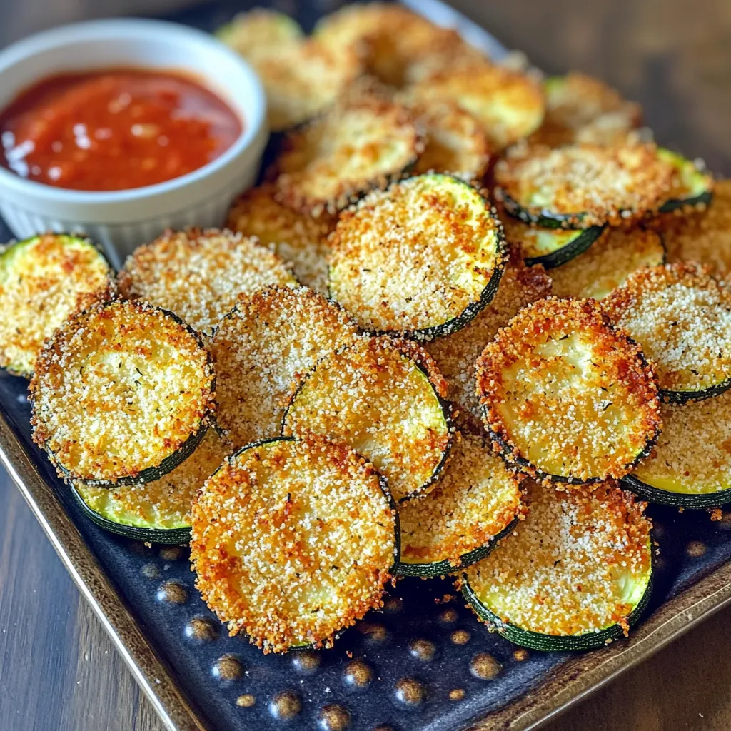 To make tasty air fryer zucchini chips, you will need: - 2 medium zucchinis, sliced into thin rounds - 1 cup breadcrumbs (panko for extra crunch) - 1/2 cup grated Parmesan cheese - 1 teaspoon garlic powder - 1 teaspoon onion powder - 1 teaspoon paprika - Salt and pepper to taste - 1 large egg, beaten - Olive oil spray If you don’t have panko, use regular breadcrumbs. They will still taste great. For a dairy-free option, try nutritional yeast instead of Parmesan. You can skip the egg and use a flax egg if you want a vegan version. This is made by mixing 1 tablespoon of ground flaxseed with 2.5 tablespoons of water. Let it sit for a few minutes to thicken. Fresh zucchini is key for this recipe. Look for firm zucchinis with smooth skin. They should not have soft spots or blemishes. Fresh zucchini holds moisture well, which helps create that perfect crunch. If your zucchini is older, it may be watery and less tasty. Always choose the freshest veggies for the best flavor and texture. Start by gathering all your ingredients. You need two medium zucchinis, breadcrumbs, grated Parmesan, and spices. I use panko breadcrumbs for extra crunch. Preheat your air fryer to 400°F (200°C) for about five minutes. This step helps the chips cook evenly. Wash the zucchinis well and slice them into thin rounds. Aim for about 1/4 inch thick. Thinner slices will crisp up nicely. In a shallow bowl, mix together the breadcrumbs, grated Parmesan, garlic powder, onion powder, paprika, salt, and pepper. This blend adds great flavor to the chips. In another bowl, whisk the beaten egg until it looks frothy. Dip each zucchini slice into the egg. Let the excess egg drip off. Then, coat the slice in the breadcrumb mixture. Press lightly to ensure it sticks well. Repeat this for all the slices. This process gives the chips a nice, crispy coat. Arrange the coated zucchini chips in a single layer in the air fryer basket. Make sure they do not overlap. This helps them cook evenly. Lightly spray the chips with olive oil. This step is key for achieving that golden brown color. Air fry the chips for 10 to 12 minutes. Halfway through, shake the basket gently to promote even cooking. Watch them closely as cooking times may vary. Once they turn crispy and golden, remove them from the air fryer. Let them cool slightly before serving. Enjoy your tasty, crunchy zucchini chips! To get your zucchini chips super crispy, try these tips: - Use Panko Breadcrumbs: They are lighter and create a crunchier texture than regular breadcrumbs. - Spray with Olive Oil: A light spray helps the chips brown well without being greasy. - Don’t Overcrowd: Place the zucchini in a single layer. This helps hot air move around each slice, making them crisp. - Adjust Cooking Time: Keep an eye on them. If they need more time, add a minute or two. Here are some common mistakes that can ruin your zucchini chips: - Cutting Zucchini Too Thick: Thin slices cook better and crisp up nicely. Aim for about 1/8 inch thick. - Skipping the Egg Wash: This step helps the breadcrumbs stick. Don’t skip it! - Not Preheating the Air Fryer: Preheating ensures even cooking. Always preheat for the best results. - Using Wet Zucchini: Pat them dry before coating. Excess moisture can lead to soggy chips. Serving these zucchini chips can be fun and creative: - With Dips: Try marinara sauce, ranch dressing, or a creamy garlic dip. They add flavor! - On a Platter: Arrange them nicely for a party. A colorful presentation makes them more appealing. - As a Side Dish: Serve alongside burgers or grilled chicken for a crunchy contrast. - Garnished: Sprinkle fresh herbs like parsley or basil on top for added color and taste. {{image_2}} You can change the flavor of your zucchini chips in many ways. Try adding spices like Cajun seasoning for a kick. Italian herbs like oregano and basil can give a fresh taste. For a smoky flavor, use smoked paprika instead of regular paprika. You can even mix in some ranch seasoning for a fun twist. The options are endless, so feel free to get creative! Dips can make your zucchini chips even better. Marinara sauce is a classic choice, but you can also try ranch dressing or hummus. A garlic aioli adds a nice touch too. If you want something spicy, use sriracha mixed with yogurt. Each dip brings a new flavor, making snacking more fun. Don't limit yourself to just zucchini! You can make chips from carrots, sweet potatoes, or beets. Simply slice them thin, coat with the same mixture, and air fry. Each vegetable offers a unique taste and texture. Mixing different veggies can create a colorful and tasty snack platter. Enjoy exploring new combinations! To store your leftover zucchini chips, let them cool first. Place them in an airtight container. This keeps them fresh. You can store them in the fridge for up to three days. Avoid stacking chips to keep them from getting soggy. If you want to keep them crispy, you can place a paper towel in the container. This will absorb any moisture. When you want to enjoy your leftover chips, reheating is key. Preheat your air fryer to 350°F (175°C). Spread the chips evenly in the basket. Heat them for about 3 to 5 minutes. This will help them regain their crunch. You can also use an oven. Place them on a baking sheet and heat at 350°F (175°C). Check them often to avoid burning. You can freeze zucchini chips, but they may lose some crunch. To freeze, let the chips cool completely. Spread them in a single layer on a baking sheet. Freeze until solid, then transfer them to a freezer-safe bag. This way, they won’t stick together. Use them within three months for the best taste. When ready to eat, reheat them in the air fryer for a quick snack. Air fryer zucchini chips stay fresh for about 2 to 3 days. Store them in an airtight container. You can keep them at room temperature or in the fridge. Just note that they may lose some crunch over time. For the best taste, try to eat them the same day you make them. Yes, you can use regular breadcrumbs. They will work fine, but panko gives a better crunch. Panko is lighter and flakier. It creates a crispier texture that I really love. If you want a great bite, stick with panko. If your zucchini chips aren’t crispy, check a few things. First, make sure your slices are thin. Thin slices help them cook evenly. Second, don’t overcrowd the air fryer basket. Give them space to crisp up. Lastly, try adding a bit more olive oil spray. This can help them get that nice crunch. This blog post covered all parts of making tasty air fryer zucchini chips. We discussed key ingredients, the importance of fresh zucchini, and simple steps for cooking. I shared useful tips for extra crispiness and common mistakes to avoid. You also learned some fun variations and how to store your leftovers well. In the end, making these chips is easy and rewarding. Enjoy your crunchy snack, and feel free to try new twists!