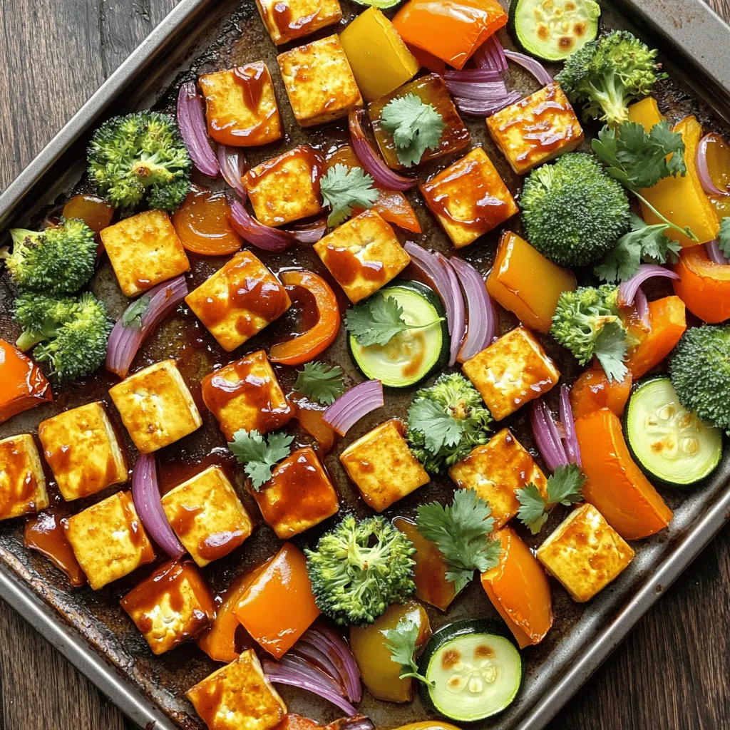 - 1 block firm tofu, pressed and cubed - 1 cup barbecue sauce (store-bought or homemade) - 2 bell peppers (any color), sliced - 1 medium red onion, sliced - 2 cups broccoli florets - 1 medium zucchini, sliced - 3 tablespoons olive oil The main ingredients create a tasty base. Firm tofu gives protein and texture. Barbecue sauce adds a sweet and smoky flavor. Fresh bell peppers, red onion, broccoli, and zucchini bring color and crunch. - 1 teaspoon garlic powder - 1 teaspoon smoked paprika - Salt and pepper to taste Spices enhance the taste. Garlic powder adds depth. Smoked paprika gives a warm, rich flavor. Salt and pepper balance the dish. They make every bite enjoyable. - Fresh cilantro or parsley for garnish (optional) Garnishes brighten the plate. Fresh cilantro or parsley adds a pop of color. They also bring a fresh taste. It's a simple way to elevate your meal. First, I start by pressing the tofu. This step helps remove extra water. Wrap the tofu in a clean towel. Place a heavy object on top. Let it sit for about 15 minutes. After pressing, I cube the tofu into bite-sized pieces. Then, I take a large bowl and add the cubed tofu. I pour half of the barbecue sauce over it. I gently toss the tofu to coat each piece. Let it marinate for another 15 minutes. This will give it a deeper flavor. While the tofu marinates, I focus on the vegetables. I slice two bell peppers into strips. I use any color I like for a vibrant dish. Next, I slice a medium red onion into thin pieces. Then, I cut a medium zucchini into rounds. Finally, I grab two cups of broccoli florets. In a large baking sheet, I spread all the sliced veggies. I drizzle them with olive oil. I sprinkle garlic powder, smoked paprika, salt, and pepper on top. I toss the veggies to make sure they are well coated. Now it's time to bake. I preheat the oven to 400°F (200°C). After marinating, I add the tofu to the baking sheet with the veggies. I spread everything out evenly. I bake it all in the preheated oven for 25 minutes. After that, I take the baking sheet out. I drizzle the remaining barbecue sauce over everything. I gently stir to mix it well. Then, I return it to the oven for another 15 minutes. The tofu should be crispy and the veggies tender. Once finished, I take it out and let it cool slightly before serving. To get crispy tofu, start with firm tofu. Press it to remove extra water. Cut it into cubes and marinate with half of the barbecue sauce for 15 minutes. This helps the tofu soak up flavor. Bake it at 400°F (200°C). The high heat makes the edges crispy. After 25 minutes, add the rest of the sauce. This keeps the tofu moist while it finishes baking. For tender and tasty veggies, cut them into similar sizes. This helps them cook evenly. Use a mix of bell peppers, red onion, broccoli, and zucchini for color and flavor. Toss them with olive oil, garlic powder, smoked paprika, salt, and pepper before baking. Bake them at the same time as the tofu. This way, they roast well and caramelize slightly. Check for tenderness after 25 minutes; they should be soft but not mushy. To serve, use a large platter for a beautiful display. Arrange the tofu and veggies together. For a fresh touch, sprinkle chopped cilantro or parsley on top. This adds color and a burst of flavor. You can pair this dish with rice or quinoa for a complete meal. Enjoy it warm, and don’t forget to share with friends! {{image_2}} You can switch up the veggies in this dish. Try using carrots, sweet potatoes, or asparagus. They add different flavors and colors. Cauliflower or Brussels sprouts also roast well. Each vegetable brings its unique taste. Feel free to experiment with what you have on hand. You can use homemade or store-bought barbecue sauce. Store-bought sauces save time and can be really tasty. Look for brands with fewer additives. If you want to make your own, mix ketchup, vinegar, brown sugar, and spices. Customize it to your taste. Adding a bit of honey or mustard can make your sauce special. If you're not a fan of tofu, consider chickpeas or tempeh. Chickpeas roast well and soak up flavor. Tempeh has a nutty taste and a firmer texture. For chickpeas, drain, rinse, and toss them with sauce. If using tempeh, slice it thin and marinate before cooking. Both options keep the dish hearty and delicious. Store any leftovers in an airtight container. Keep them in the fridge for up to four days. For longer storage, freeze the tofu and veggies in a freezer-safe bag. They can last up to three months in the freezer. Make sure to label the bags with the date. This helps you track how long they have been stored. To reheat, the oven is best for keeping the crispy texture. Preheat the oven to 350°F (175°C). Spread the leftovers on a baking sheet. Bake for about 15 minutes. You can also use a microwave for quick reheating. Just remember, this method may make the tofu softer. If you use the microwave, cover the dish with a damp paper towel. This keeps moisture in. This dish is great for meal prep. You can cook a big batch on the weekend. Divide it into single servings in containers. Pair it with rice or quinoa for a complete meal. You can also mix it with leafy greens for a fresh salad. This makes it easy to grab a healthy meal during the week. Yes, this recipe is already vegan! The main ingredients are tofu and veggies. However, you must check your barbecue sauce. Some sauces contain honey or other animal products. Choose a vegan BBQ sauce for a perfect dish. Many brands offer great vegan options. You can also make your own by mixing ketchup, vinegar, and spices. This way, you control the taste and ingredients. To make this dish gluten-free, focus on the barbecue sauce. Many store-bought sauces have gluten, so read labels carefully. Look for sauces labeled gluten-free. You can also make your own sauce. Mix ketchup, apple cider vinegar, and your favorite spices. This way, you enjoy the flavor without gluten. This dish is packed with nutrients. One serving has about 250 calories. It provides protein from tofu and fiber from veggies. You get vitamins from the bell peppers, broccoli, and zucchini. This meal is healthy and delicious, perfect for any day. Enjoy a balanced meal while tasting great! This blog post covered how to make a tasty tofu dish. We discussed main ingredients like tofu and peppers. I shared tips for prepping, baking, and achieving crispy tofu. You learned about variations and storage tips too. Remember, you can customize this dish based on what you have. With these steps, you can enjoy a delicious meal that fits your needs. Get creative with your flavors and enjoy your time in the kitchen!