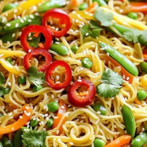 For this quick and tasty meal, gather these main items: - 200g rice noodles - 2 tablespoons vegetable oil - 4 cloves garlic, minced - 1-2 red chilies, sliced - 1 bell pepper, sliced - 1 cup snap peas, trimmed - 1 medium carrot, julienned - 2 green onions, chopped - 3 tablespoons soy sauce - 1 tablespoon chili paste - 1 tablespoon sesame oil These ingredients create a fresh and vibrant dish. The rice noodles serve as the base, while the garlic and chilies add great flavor. The colorful bell pepper and snap peas provide crunch, and the carrot adds a nice touch. You can add these extra ingredients to enhance your stir fry: - Sesame seeds for garnish - Fresh cilantro for garnish Sesame seeds give a nutty flavor and a nice crunch. Fresh cilantro adds brightness and freshness. Feel free to mix and match based on what you love. Each serving of this dish contains: - Calories: Approximately 350 - Protein: 8g - Carbohydrates: 55g - Fat: 15g - Fiber: 4g This meal is filling and packed with nutrients. It provides energy and helps satisfy hunger. Plus, the ingredients are flexible, so you can adjust them based on your needs. To start, bring a large pot of water to a boil. Once boiling, add 200 grams of rice noodles. Cook them as per the package instructions, which usually takes about 4-6 minutes. Make sure to stir them gently to avoid sticking. After cooking, drain the noodles and rinse them under cold water. This stops the cooking process and keeps them firm. Now, set the noodles aside for later. Next, take a large wok or frying pan. Heat 2 tablespoons of vegetable oil over medium-high heat. When the oil is hot, add 4 cloves of minced garlic and 1-2 sliced red chilies. Sauté them for about 30 seconds. Keep an eye on the garlic; you don’t want it to burn. This step fills your kitchen with a great aroma and sets the stage for the stir fry. Now it’s time to add some color and crunch. Toss in 1 sliced bell pepper, 1 cup of trimmed snap peas, and 1 medium julienned carrot. Stir-fry these for about 3-4 minutes. You want them to soften a bit but remain crisp. Once the veggies are ready, it’s time to combine everything. Add the cooked rice noodles to the wok. Pour in 3 tablespoons of soy sauce, 1 tablespoon of chili paste, and 1 tablespoon of sesame oil. Gently toss everything to mix well. Stir-fry for another 2-3 minutes. This ensures the noodles soak up all the flavors. Finally, remove from heat and stir in 2 chopped green onions. Your dish is now ready to serve! To get the best texture, use high heat. A hot wok helps cook the food fast. Stir the ingredients often to prevent burning. This keeps the noodles and veggies crisp. Do not overcrowd the pan; cook in batches if needed. This way, everything cooks evenly. Start with one red chili if you want mild heat. You can always add more later. If you love spice, use two chilies or more. Taste as you cook to find your ideal heat. Remember, the chili paste also adds heat, so adjust that too. Keep in mind, spice can change how you enjoy the dish. A large wok is the best choice for stir frying. It heats quickly and evenly. If you don’t have a wok, a large frying pan works too. Use a wooden spoon or spatula for stirring. This prevents scratching the pan. Make sure to have a pot for boiling the noodles ready. {{image_2}} You can easily add protein to your Chili Garlic Noodle Stir Fry. Chicken is a great choice. Simply slice it thin and cook it before adding the vegetables. Shrimp works well too. Just toss them in when the veggies are almost done. For a plant-based option, use tofu. Press the tofu to remove extra water, then cube it. Sauté the tofu until golden for extra flavor. Feel free to mix in different vegetables. Broccoli, bok choy, or mushrooms add nice texture and flavor. You can also use zucchini or cabbage. Just remember to cut them into small pieces so they cook quickly. This way, you keep the crunch and vibrant colors in your dish. If you need gluten-free noodles, rice noodles are a perfect choice. They are made from rice, so they are naturally gluten-free. You can also look for gluten-free pasta made from quinoa or lentils. These options are tasty and healthy. Always check the package to make sure they fit your dietary needs. To store leftover stir fry, first let it cool. Place the stir fry in an airtight container. Make sure to seal it tightly. Store it in the fridge. It will last for about 3-4 days. If you want to keep it longer, freezing is a great option. When it's time to reheat, you have a few choices. You can use a microwave for quick heating. Place the stir fry in a bowl and cover it. Heat it in 30-second intervals until warm. Stir in between to heat evenly. If you prefer, you can use a pan. Put a little oil in the pan and heat over medium heat. Add the stir fry and stir until heated through. To freeze the stir fry, use a freezer-safe container. Make sure to leave some space at the top as it may expand. You can also use freezer bags. Squeeze out as much air as you can before sealing. The stir fry can last for up to 2-3 months in the freezer. When you want to eat it, thaw it in the fridge overnight. Then, reheat it as mentioned above. You can use tamari sauce instead of soy sauce. Tamari is gluten-free. You can also try coconut aminos for a sweeter taste. Both options work well in this dish. Yes, you can make this dish vegetarian or vegan. Use vegetable oil and choose a plant-based chili paste. Make sure your soy sauce or tamari is also vegan. This will keep the flavors robust while meeting dietary needs. This dish takes around 20 minutes to prepare. You will spend 10 minutes prepping and 10 minutes cooking. It’s quick and easy, perfect for busy nights. This blog post covered all key elements for making Chili Garlic Noodle Stir Fry. We explored essential and optional ingredients, shared detailed cooking steps, and gave handy tips for the best results. We also discussed tasty variations and provided storage instructions. Chili Garlic Noodle Stir Fry is easy to customize and enjoy. I hope you feel inspired to cook it your way. Happy cooking!