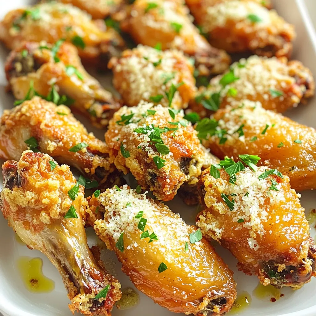 - 2 pounds chicken wings - 2 tablespoons olive oil - 4 cloves garlic, minced - 1 teaspoon salt - 1/2 teaspoon black pepper - 1 teaspoon dried oregano - 1/2 teaspoon chili powder - 1/2 cup grated Parmesan cheese - 2 tablespoons chopped fresh parsley (for garnish) - Your favorite dipping sauces - Fresh celery sticks or carrot sticks for crunch When you make Air Fryer Garlic Parmesan Wings, choose fresh chicken wings. I prefer using whole wings for the best taste. Olive oil helps the wings crisp up nicely and adds flavor. Minced garlic gives these wings a strong kick. For seasonings, salt and pepper lay the base. Dried oregano brings a lovely herb taste. Chili powder adds a hint of heat without being too spicy. Grated Parmesan cheese is key for that rich, cheesy finish. Fresh parsley adds color and a fresh taste. Serve these wings hot. You can pair them with ranch, blue cheese, or your favorite sauce. Celery sticks or carrot sticks add crunch and freshness. Enjoy them as a snack, appetizer, or meal. 1. Start by preheating your air fryer to 380°F (193°C). This step helps the wings cook evenly. 2. In a large mixing bowl, add 2 pounds of chicken wings. Pour in 2 tablespoons of olive oil. Add 4 minced garlic cloves, 1 teaspoon of salt, and 1/2 teaspoon of black pepper. Then, mix in 1 teaspoon of dried oregano and 1/2 teaspoon of chili powder. Toss until everything is well combined. This mix gives the wings a tasty flavor. 1. Place the wings in a single layer in the air fryer basket. Make sure not to overcrowd them. This allows hot air to circulate around each wing. 2. Cook the wings for 25 to 30 minutes. Halfway through, shake the basket gently to help them cook evenly. This shaking will ensure that all sides get crispy and golden brown. 1. When the wings are done, take them out of the air fryer. In a big bowl, sprinkle 1/2 cup of grated Parmesan cheese over the hot wings. Toss them gently to coat each one evenly. 2. For a beautiful presentation, arrange the wings on a large platter. Add more Parmesan and some chopped fresh parsley on top. This adds a pop of color. Serve with your favorite dipping sauce and crunchy celery sticks for a perfect snack! - Avoiding overcrowding: When you load your air fryer, don’t pile the wings high. Air needs space to circulate. This ensures each wing gets hot air. You want them to be golden and crispy, not steamed. - Proper air fryer settings: Set your air fryer to 380°F (193°C). This is the sweet spot for crispy wings. Cooking them at this temperature helps render the fat and crisp the skin. - Adding spices: Want to make your wings pop? Add spices like smoked paprika or cayenne pepper. This gives a nice kick and depth. Experimenting with spices can lead to great new flavors! - Marinating options: Marinate your wings for a few hours before cooking. Use a mix of olive oil, garlic, and herbs. This helps the flavors soak in. It can make a big difference in taste. - Under or overcooking: Keep an eye on your cooking time. Wings need 25-30 minutes to get crispy. If they are undercooked, they won’t be safe to eat. If overcooked, they can dry out. - Improper seasoning: Make sure to season evenly. Don’t just sprinkle salt on top. Toss the wings well in the seasoning mix to coat them. This helps every bite burst with flavor. {{image_2}} You can switch up the flavor of your wings easily. Want some heat? Add your favorite hot sauce to the mix. A few tablespoons give a spicy kick that pairs well with garlic and cheese. If you love herbs, try using fresh basil or thyme. These herbs add a fresh taste that brightens the dish. Not in the mood for the air fryer? You can bake your wings in the oven. Preheat your oven to 400°F (204°C). Spread the seasoned wings on a baking sheet. Bake for about 40-45 minutes, flipping halfway through for even crispiness. Another option is deep-frying. Heat oil in a pot to 350°F (177°C). Fry the wings for about 10-12 minutes until golden brown. Both methods yield a tasty result. If you need gluten-free wings, make sure to check your seasonings. Many spices are safe, but some may contain gluten. You can also make low-calorie wings. Use skinless chicken wings and reduce the oil. This keeps them crispy without adding extra calories. Enjoy the same great taste while sticking to your dietary needs. To keep your wings fresh, place them in an air-tight container. This helps lock in flavor. Store the container in the fridge. Your wings will stay good for about three days. If you think you won’t eat them in that time, freezing is a great option. For the best taste, reheat your wings in the air fryer. Set it to 350°F (175°C) and heat for about 5-7 minutes. This keeps them crispy. You can also use the oven at the same temperature. Avoid the microwave as it can make the wings soggy. If you plan to freeze your wings, do it right after cooking. Place them in a freezer-safe bag. You can also freeze them before cooking. Just be sure to thaw them in the fridge for a few hours or overnight before cooking. This way, they stay juicy and tasty. I cook air fryer wings for 25 to 30 minutes at 380°F (193°C). The size of the wings affects the time. Smaller wings may take less time, while larger wings may need a bit more. It's best to check for a crispy golden color. Shaking the basket halfway helps them cook evenly. Yes, you can use frozen wings! Just adjust the cooking time. Increase it to about 30 to 35 minutes at the same temperature. You might want to add a few minutes if they are very thick. Always check for doneness to make sure they are cooked through. For garlic parmesan wings, I suggest trying ranch or blue cheese dressing. These creamy sauces balance the garlic flavor well. You can also serve them with a spicy hot sauce for a kick. Celery sticks on the side add a nice crunch too! We covered how to make tasty air fryer chicken wings. You learned about key ingredients, like garlic and Parmesan cheese. I shared tips on getting them crispy and avoiding mistakes. Don't forget the flavor variations and storage info to keep your wings fresh. Experiment with herbs and spices to find your favorite. Enjoy your cooking journey and impress your friends with these delicious wings!