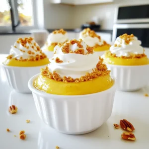 - 1 cup pumpkin puree - 8 oz cream cheese, softened - ½ cup powdered sugar - 1 tsp vanilla extract - 1 tsp ground cinnamon - ½ tsp ground nutmeg - ½ tsp ginger powder - 1 cup heavy whipping cream - ½ cup crushed graham crackers for topping - Whipped cream for garnish - Optional: pecans for garnish Gathering the right ingredients makes all the difference. First, you need pumpkin puree. This is the star of the dish. It gives the mousse its rich color and flavor. Next, cream cheese is key for that cheesecake taste. Make sure it’s softened, so it mixes well. Powdered sugar adds the right sweetness. Vanilla extract brings warmth to the flavors. Ground spices, like cinnamon, nutmeg, and ginger, give the mousse a cozy touch. Heavy whipping cream is crucial for that light, fluffy texture. For topping, crushed graham crackers add crunch. You can also add whipped cream and pecans for a beautiful finish. Each ingredient plays an important role. Together, they create a delightful dessert treat. First, I take a large mixing bowl. I add the softened cream cheese and powdered sugar. Using an electric mixer, I beat them together. I mix until the texture is smooth and creamy. Next, I add the pumpkin puree and vanilla extract. I sprinkle in ground cinnamon, nutmeg, and ginger. I mix everything until it is well combined and velvety. In a separate bowl, I pour in the heavy whipping cream. I use a hand mixer to whip it. I whip until I see stiff peaks form. This step gives the mousse its light texture. It’s important to keep the whipped cream fluffy. I take the whipped cream and gently fold it into the pumpkin mixture. I am careful not to deflate the whipped cream. I want to keep it airy and light. Once combined, I spoon or pipe the mousse into small cups or glasses. Each cup should be filled nicely, ready for the fridge. I place the filled cups in the refrigerator. I let them chill for at least 1 hour. Chilling helps the mousse firm up. When it’s time to serve, the mousse will be cool and delightful. To get the best texture for your mousse, focus on folding in the whipped cream. This step keeps your dessert light and airy. If you mix too hard, you will lose that fluffiness. Use softened cream cheese. It blends easier with other ingredients, making a smooth and creamy base. Make your mousse cups stand out with fun serving ideas. Use clear glasses to showcase the layers. Top each cup with a swirl of whipped cream. Add a sprinkle of crushed graham crackers for crunch. If you like, add chopped pecans for extra flavor and texture. You can prepare these mousse cups in advance. Make them a day before serving. Store the cups in the fridge to keep them fresh. This saves time and lets the flavors blend well. Just remember to add the toppings right before you serve. {{image_2}} You can mix up the flavor of your pumpkin cheesecake mousse cups. Adding chocolate or caramel gives a rich twist. Just swirl in some melted chocolate or caramel sauce into the mousse before you chill it. This adds layers of sweetness and depth. You can also try different spices. Instead of cinnamon, use cardamom for a warm taste. Or, add a hint of clove for a cozy flavor. Each change creates a new dessert experience! If you want a dairy-free treat, swap cream cheese with a dairy-free cream cheese. Brands like Tofutti or Kite Hill work great. For the whipped cream, use coconut cream for a lovely flavor. You can also make this recipe gluten-free. Just replace the graham crackers with gluten-free options. Look for gluten-free cookie crumbs, or use crushed nuts for a crunchy base. These swaps keep your dessert tasty and friendly for all diets. Need to serve more people? You can easily scale the recipe up. Just double the ingredients for a larger batch. If you want smaller portions, use mini cups. This way, everyone can enjoy a little bite-sized dessert. Mini cups are perfect for parties or family gatherings. They let guests sample without feeling too full. To keep your pumpkin cheesecake mousse cups fresh, store them in the fridge. The ideal temperature is between 35°F and 40°F. This helps maintain the right texture and flavor. Use airtight containers or cover the cups with plastic wrap. This prevents moisture loss and keeps other odors away. If you have leftovers, remember to enjoy them within a few days. These mousse cups will stay fresh for about 3 to 5 days in the fridge. However, you should always check for signs of spoilage. Look for changes in color, texture, or smell. If the mousse appears watery or has an off odor, it's best to discard it. Always trust your senses for food safety. Yes, you can! For cream cheese, use a dairy-free cream cheese. Brands like Tofutti or Kite Hill work well. For whipped cream, try coconut cream. Chill a can of coconut milk overnight. Scoop out the solid part and whip it. This gives a nice creamy texture. I recommend chilling the mousse for at least one hour. This helps the flavors blend and the texture firm up. If you can wait longer, chill for two hours. This will make it even better. Absolutely! If you want to use fresh pumpkin, start by roasting it. Cut the pumpkin in half, remove the seeds, and bake it at 400°F for about 45 minutes. Once it cools, scoop out the flesh and blend it until smooth. This will give your mousse a fresh taste. These mousse cups pair well with spiced cookies or a slice of apple pie. You can also serve them with a dollop of whipped cream or a sprinkle of cinnamon. For added crunch, try some caramel popcorn on the side. This blog post guided you through making delicious Pumpkin Cheesecake Mousse Cups. You learned about key ingredients, simple steps, and tips for perfect texture and presentation. I shared ways to customize flavors and easily store leftovers. Don't forget to try variations that suit your taste and dietary needs. Enjoy the creamy pumpkin treat at your next gathering. Now you have all the tools to impress with this delightful dessert!