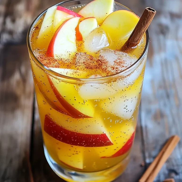 - 2 cups apple cider - 1 cup sparkling water - 1 tablespoon fresh lemon juice - 1 tablespoon maple syrup - 1 teaspoon cinnamon - Fresh apple slices for garnish - Cinnamon sticks for garnish (optional) For this Apple Cider Spritz, I love using fresh apple cider. It gives the drink a rich flavor. The sparkling water adds a fun fizz, making it feel special. Fresh lemon juice brightens the taste. If you want to sweeten it, maple syrup works well. Cinnamon adds warmth and spice. You can use fresh apple slices as a pretty garnish. Adding a cinnamon stick makes each drink look fancy. This mix of flavors creates an easy and tasty drink for any gathering. First, grab a large pitcher. Combine 2 cups of apple cider, 1 cup of sparkling water, 1 tablespoon of fresh lemon juice, and 1 tablespoon of maple syrup if you want a touch of sweetness. Stir gently to mix everything. Be careful not to shake it too hard; we want to keep the fizz! Next, add 1 teaspoon of cinnamon to the pitcher. Stir again to make sure the cinnamon spreads evenly throughout the drink. This spice adds warmth and a lovely autumn taste. Now, it's time to serve! Fill glasses with ice cubes. Pour the apple cider mixture over the ice. For a pretty touch, garnish each glass with fresh apple slices and a cinnamon stick if you like. Enjoy this refreshing drink right away! To make your Apple Cider Spritz even better, consider these tips. Adding maple syrup can bring a nice sweetness. You can adjust the amount based on your taste. If you like more spice, add extra cinnamon. Just be careful not to overpower the drink. Each flavor should shine through. The right glass can make a big difference. Use tall glasses to show off the drink. Clear glass allows the colors to pop. For garnishes, fresh apple slices add a nice touch. You can also add a cinnamon stick. It looks pretty and adds more flavor. If you want to prepare your drink in advance, it's easy! Mix the apple cider, sparkling water, lemon juice, and cinnamon. Keep it in the fridge until you're ready to serve. Just add ice and garnish right before serving. This way, your drink stays fresh and fizzy. {{image_2}} You can change up your Apple Cider Spritz by using different types of apple cider. Try spiced cider for a warm twist. Organic cider gives a pure taste without added sugars. You can also infuse your drink with herbs or fruits. Adding fresh rosemary or thyme can create a unique flavor. Slices of pear or orange can bring a bright note. Experiment with what you love. To make an adult version, add light spirits like vodka or rum. A splash of vodka makes it crisp and clean. Rum adds a warm, rich flavor. Start with one ounce per serving and adjust to your taste. Mix it in with the cider and sparkling water. This twist makes the drink perfect for gatherings. For a fun, non-alcoholic option, keep it simple. Just use the apple cider, sparkling water, lemon juice, and cinnamon. You can add ginger ale for extra fizz. This version is great for kids and those who prefer not to drink alcohol. Everyone can enjoy the tasty flavors without missing out! To keep your apple cider spritz fresh, pour any leftovers into a clean jar. Seal it tightly with a lid. This method helps keep the fizz and flavor. Store it in the fridge. Avoid leaving it out at room temperature. You can keep the apple cider spritz in the refrigerator for up to three days. After that, the flavors may fade. The fizz will also decrease, making it less refreshing. For the best taste, try to drink it within the first two days. You cannot freeze apple cider spritz. The sparkling water will lose its fizz when thawed. Also, the texture may change. If you want to enjoy it later, make a new batch instead. It’s quick and easy! An Apple Cider Spritz is a light and bubbly drink. It mixes apple cider with sparkling water. You add fresh lemon juice for a zing. Cinnamon adds warmth, while apple slices give color. This drink refreshes and delights your taste buds. It is perfect for fall gatherings or casual sips on a sunny day. Yes, you can prepare the mix ahead of time. Combine apple cider, sparkling water, and lemon juice in a pitcher. If you want, add maple syrup for sweetness. Keep the mixture in the fridge until you’re ready to serve. Just add ice and garnish right before serving. This keeps the drink bubbly and fresh. You can easily adjust the sweetness to fit your taste. Add more or less maple syrup as you like. If you want it less sweet, skip the syrup entirely. You can also use different apple ciders, as some are sweeter than others. Taste the drink and tweak it until it’s perfect for you. You learned how to make a tasty Apple Cider Spritz with simple ingredients. We covered main and optional ingredients, step-by-step mixing, and serving tips. You can also explore fun variations and storage options. This drink works for any occasion, celebrating flavors in each sip. Try it out and make it your own. Enjoy your refreshing drink, and share it with friends!
