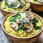 - 1 cup Arborio rice - 4 cups vegetable broth - 1 cup mushrooms, sliced (cremini or button) - 2 cups fresh spinach, chopped - 1 small onion, diced - 3 cloves garlic, minced - 1/2 cup grated Parmesan cheese (or nutritional yeast for a vegan option) - 2 tablespoons olive oil - 1 tablespoon butter (or a vegan alternative) - Salt and pepper to taste This dish needs a few key ingredients to shine. Arborio rice is a must. It gives risotto its creamy texture. Use fresh mushrooms for a rich flavor. They add depth to the dish. Spinach brings color and nutrients. It wilts nicely into the risotto, making it both pretty and healthy. Onions and garlic are your flavor base. They create a warm and inviting aroma. Grated Parmesan cheese adds a salty richness. If you prefer a vegan dish, nutritional yeast is a great swap. You'll also need olive oil and butter for cooking. These fats help sauté the veggies and toast the rice. Don’t forget salt and pepper to taste! They enhance the flavors of all the ingredients. Gather these ingredients, and you'll be ready to create a delicious one-pot mushroom spinach risotto. First, grab a large pot or deep skillet. Heat two tablespoons of olive oil and one tablespoon of butter over medium heat. Add one small diced onion. Sauté the onion for about three to four minutes. You want it to turn soft and clear. Next, stir in three minced garlic cloves. Cook for one minute until fragrant. Now, add one cup of sliced mushrooms. You can use cremini or button mushrooms. Cook them for five minutes. They should soften and release their juices. Now it’s time to add the rice. Use one cup of Arborio rice and pour it into the pot. Stir the rice for about two to three minutes. You want to coat it in oil and toast it a bit. This step gives the risotto a nice nutty flavor. Gradually, add four cups of vegetable broth. Start with one ladle at a time. Stir the rice while the broth absorbs. Wait until the broth is absorbed before adding more. This process takes around 18 to 20 minutes. The rice should be creamy and tender but still firm. Once the rice is cooked, it’s time for the final touches. Fold in two cups of chopped fresh spinach. Stir until the spinach wilts. Then add half a cup of grated Parmesan cheese. If you're vegan, you can use nutritional yeast instead. Mix it all well, and season with salt and pepper to taste. Remove from heat and let it sit for one minute. This waiting helps the risotto thicken just right. Serve it warm, and enjoy your delicious one-pot mushroom spinach risotto! Stirring is key for smooth risotto. It helps the rice release starch, which makes it creamy. I suggest stirring every minute or so. This keeps the rice from sticking to the pot. Use hot broth for the best results. Cold broth can slow down the cooking process. I recommend heating it in a separate pot or microwave. This way, you maintain a steady temperature when adding it to the rice. If you want to change the cheese, try nutritional yeast. It gives a cheesy flavor without dairy. You can also use vegan cheese or skip it altogether for a lighter dish. Adding fresh herbs can boost the taste. Try thyme or basil. Toss them in at the end for a burst of flavor. You can also use dried herbs if fresh ones are not available. Serve risotto in wide bowls. This makes it look more inviting. Top each bowl with fresh parsley for a pop of color. A sprinkle of extra cheese adds a nice touch too. Choose colorful plates for a fun twist. Bright colors make the dish stand out. A simple white bowl works well too, making the risotto the star of the meal. {{image_2}} You can easily boost the protein in this dish. Adding chicken or shrimp is a great option. Simply cook the meat first, then set it aside. After the risotto is creamy, fold it back in. This adds flavor and makes it heartier. For a vegan twist, consider using lentils or chickpeas. Both options give good protein and a nice texture. Add them at the same time as the spinach. This keeps the dish plant-based while still filling. If spinach isn't your favorite, you can swap it out. Kale, arugula, or Swiss chard all work well. Each gives a different taste and nutrition. Use what you have on hand or what's fresh at the market. Seasonal vegetables can also add fun flavors. Try zucchini, asparagus, or peas during spring. In fall, add butternut squash or roasted carrots. These changes keep the dish exciting and fresh. Want a kick? Add red pepper flakes for some heat. Just a pinch can change the whole dish. Start with a small amount and adjust to your liking. For brightness, lemon zest works wonders. Grate some zest into the risotto just before serving. This adds a fresh layer of flavor that balances the creaminess. Both of these ideas make this risotto even more special. To store leftovers, let the risotto cool first. Place it in an airtight container. This keeps it fresh for up to three days. When reheating, add a splash of broth or water. Heat in a pot over low heat. Stir often to keep it creamy. You can freeze risotto if you have extra. Let it cool down completely before packing it. Use a freezer-safe container or bag. It stays good for up to three months. When ready to eat, thaw it overnight in the fridge. Reheat in a pot, adding a bit of broth to revive the creamy texture. Check for signs of spoilage before eating. If it smells sour or has an off color, throw it away. To keep ingredients fresh, store mushrooms in a paper bag in the fridge. Use spinach within a week for the best taste and texture. Keep the broth sealed in a cool place to maintain its flavor. Cooking risotto takes about 30 minutes in total. You spend 10 minutes preparing the ingredients. Sautéing the onion and mushrooms takes about 8-10 minutes. Then, it takes around 18-20 minutes for the rice to cook properly. Stirring is key during this time to make it creamy. Yes, you can use other rice types, but results may vary. Arborio rice is best for risotto. It has a high starch content, which makes it creamy. Other types, like jasmine or basmati, can work but won’t give the same creamy texture. They may also cook faster or slower, so keep an eye on them. Absolutely! This risotto is easy to adapt. For a gluten-free option, just check your broth. Use gluten-free vegetable broth to ensure it is safe. To make it vegan, swap the Parmesan cheese for nutritional yeast. You can also use vegan butter instead of regular butter for a fully plant-based meal. This blog post covered how to make a delicious risotto with simple ingredients. You learned about using Arborio rice, fresh vegetables, and key flavor enhancers. We explored the step-by-step process to prepare, cook, and perfect your dish. Tips on storage and variations help you adapt this meal to your taste. In the end, risotto is a flexible dish you can enjoy in many ways. Try these ideas, and let your creativity shine!