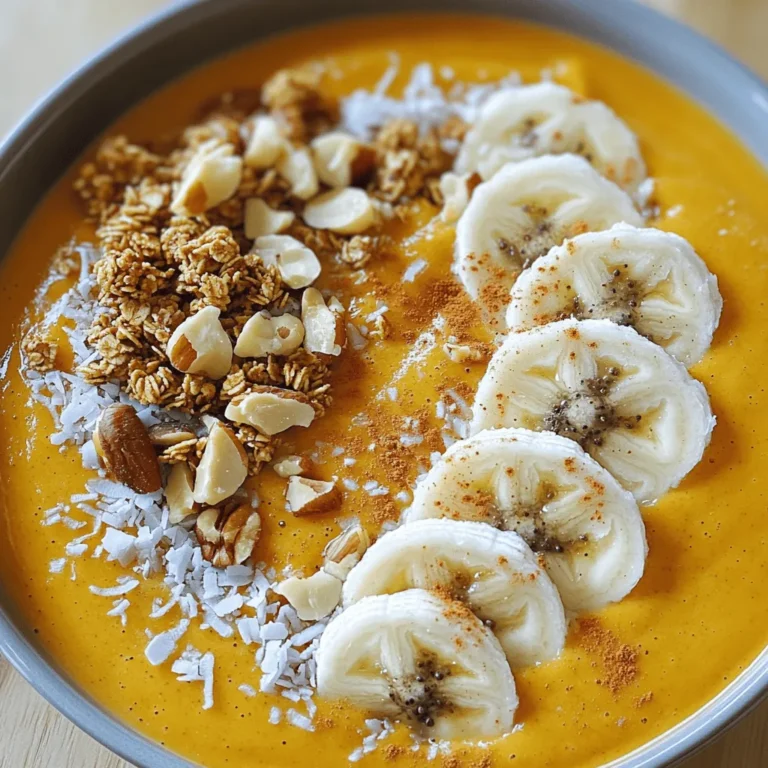To make a delicious pumpkin spice smoothie bowl, gather these items: - 1 cup pumpkin puree (canned or fresh) - 1 ripe banana, frozen - 1/2 cup unsweetened almond milk - 1 tablespoon maple syrup - 1 teaspoon pumpkin pie spice - 1/2 teaspoon vanilla extract - 1 tablespoon chia seeds (optional, for added texture) - Toppings: granola, sliced banana, chopped nuts, coconut flakes, a sprinkle of pumpkin pie spice You can change this recipe to fit your taste. Here are some fun options: - Use coconut milk instead of almond milk for a creamier base. - Add spinach or kale for a green boost. - Swap maple syrup for honey or agave nectar. - Include nut butter for a richer flavor. Each ingredient in this smoothie bowl offers health perks: - Pumpkin puree: Packed with vitamins A and C. It boosts your immune system. - Banana: Provides potassium and fiber, which are good for heart health. - Almond milk: Low in calories and rich in vitamin E, it’s great for skin. - Maple syrup: A natural sweetener with antioxidants that support overall health. - Pumpkin pie spice: Combines spices like cinnamon and ginger, which help digestion. - Vanilla extract: Adds flavor and may help reduce anxiety. - Chia seeds: Full of omega-3s, they offer fiber and protein for energy. Using these ingredients makes your smoothie bowl tasty and healthy! To start, gather your ingredients: - 1 cup pumpkin puree - 1 ripe banana, frozen - 1/2 cup unsweetened almond milk - 1 tablespoon maple syrup - 1 teaspoon pumpkin pie spice - 1/2 teaspoon vanilla extract - 1 tablespoon chia seeds (optional) In a blender, add the pumpkin puree. Then, add the frozen banana. The banana makes the smoothie creamy and sweet. Next, pour in the almond milk. It helps blend everything smoothly. Add the maple syrup for a touch of sweetness. Sprinkle in the pumpkin pie spice for that autumn flavor. Add the vanilla extract for depth. Finally, if you want more texture, throw in the chia seeds. Blend the mix on high speed. Keep an eye on the texture. If it seems too thick, add a splash of almond milk. This helps everything blend well. Stop the blender and scrape down the sides. This ensures all the ingredients mix together. Blend again until it’s smooth and creamy. Once blended, pour the smoothie into a bowl. Use a spatula to smooth the top. Now comes the fun part: decorating! Add your favorite toppings. A handful of granola adds a nice crunch. Sliced bananas bring freshness. Chopped nuts add protein and texture. Finish with a sprinkle of coconut flakes for sweetness. Don't forget to dust a bit more pumpkin pie spice on top. Enjoy your beautiful pumpkin spice smoothie bowl! To make your smoothie bowl extra creamy, use a ripe banana. A frozen banana helps too. You can add more almond milk for a thinner mix. If you want, blend in some avocado. It adds creaminess without changing the taste. You can also add more pumpkin puree for a thicker texture. This mix makes it rich and smooth. If you want to avoid dairy, almond milk works great. You can also use oat milk or coconut milk. For sweeteners, maple syrup is my favorite. If you want less sugar, use a ripe banana. You could also try honey or agave syrup. These swaps keep the flavor yummy and the texture nice. When using frozen fruits, let them sit out for a few minutes. This helps them soften a bit before you blend. If they are too hard, your smoothie won't blend well. You can also mix fresh and frozen fruits if you like. This gives you a nice balance of texture and flavor. Always check for any ice chunks after blending. You want a smooth bowl, not lumpy! {{image_2}} You can change your pumpkin spice smoothie bowl with the seasons. In fall, use fresh apples or pears. Their sweetness pairs well with pumpkin. In winter, try adding warm spices like nutmeg or cloves. You can also blend in some cooked sweet potato for added warmth. These changes keep your bowl cozy and festive. This smoothie bowl is easy to make vegan and gluten-free. Use almond milk, which is already dairy-free. For sweetener, choose maple syrup or agave nectar; both are vegan. You can also swap chia seeds for ground flaxseeds if you want. These options fit well for anyone with dietary needs. Toppings make your pumpkin spice smoothie bowl exciting. Try using granola for crunch. Add sliced strawberries for a fruity twist. You can also sprinkle cocoa nibs for a chocolatey taste. If you want a more tropical feel, use shredded coconut. Each topping brings a new flavor and texture. Get creative and find your favorite combo! To store your pumpkin spice smoothie bowl, place any leftovers in an airtight container. This keeps it fresh and tasty. Make sure to seal the container well. Store it in the fridge for up to two days. When you want to enjoy it again, just give it a good stir. The texture may change slightly, but it will still taste great. If you want to save your smoothie bowl for later, freezing is a good option. Pour the smoothie into a freezer-safe container. Leave some space at the top, as it will expand when frozen. You can also use ice cube trays for single servings. Just pop them out when you want a quick treat. Your smoothie bowl can last for up to one month in the freezer. When you’re ready to eat your frozen smoothie bowl, thaw it in the fridge overnight. If you forgot to take it out, you can microwave it for 30 seconds. Stir it well after heating. If it seems too thick, add a splash of almond milk to bring it back to life. Remember, blending it again can help you achieve that creamy texture. To make the best pumpkin spice smoothie bowl, start with good ingredients. You need: - 1 cup pumpkin puree - 1 ripe banana, frozen - 1/2 cup unsweetened almond milk - 1 tablespoon maple syrup - 1 teaspoon pumpkin pie spice - 1/2 teaspoon vanilla extract - 1 tablespoon chia seeds (optional) Blend these items until smooth. If you want it thicker, add less almond milk. Pour it into a bowl and smooth the top. Add your favorite toppings like granola or sliced banana. Enjoy the creamy, spiced flavor! Yes, you can use fresh pumpkin. Just cook it first. Steam or roast the pumpkin until soft. Then, scoop out the flesh and blend it into a puree. Fresh pumpkin can taste better, but canned pumpkin is easier and quicker. Choose what works best for you! To make a low-calorie pumpkin spice smoothie bowl, follow these tips: - Use less maple syrup or skip it entirely. - Replace almond milk with unsweetened coconut milk. - Add more ice to make it thicker without extra calories. - Use fewer toppings or choose lower-calorie options like berries. These swaps can help you enjoy the bowl while cutting down on calories. Pumpkin is very healthy and full of benefits. It is low in calories but high in nutrients. Here are some key benefits: - Rich in vitamins A and C, good for your eyes and skin. - Full of fiber, which helps with digestion. - Contains antioxidants that may protect your cells. - Good source of potassium, which helps regulate blood pressure. Adding pumpkin to your diet is a tasty way to boost your health! This blog post covered how to create a delicious smoothie bowl, from the ingredients to the best storage methods. You learned about what to include and how to personalize your bowl. I shared tips to make it creamier and highlighted ways to switch up flavors for every season. With smart storage info, you can enjoy your creations longer. Now, it’s time to blend your ideas and create your perfect smoothie bowl!