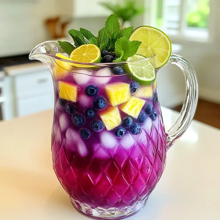 To make the Purple Paradise Punch, gather these items: - 2 cups purple grape juice - 1 cup pineapple juice - 1/2 cup cranberry juice - 1 cup sparkling water (or lemon-lime soda) - 1 cup fresh blueberries - 1 cup diced pineapple (fresh or canned) - 1/4 cup fresh mint leaves, chopped - Juice of 1 lime - Ice cubes - Lime slices and mint sprigs for garnish For this recipe, use standard measuring cups. Here’s a quick guide: - 1 cup = 8 ounces - 1/2 cup = 4 ounces - 1/4 cup = 2 ounces This helps ensure you get the right flavors and balance in your drink. You can change some ingredients to suit your taste: - Use orange juice instead of pineapple juice for a different flavor. - Swap cranberry juice for pomegranate juice for a bolder taste. - If you want it sweeter, use lemon-lime soda instead of sparkling water. - For a non-alcoholic version, keep all the juices and skip any liquor. - Use frozen blueberries and pineapple if fresh isn't available. These swaps keep the punch fun and tasty! To make Purple Paradise Punch, start with the juices. Grab a large pitcher and pour in: - 2 cups purple grape juice - 1 cup pineapple juice - 1/2 cup cranberry juice Stir these juices well. This mix creates a sweet and fruity base for your punch. Next, add the fruits. Gently fold in: - 1 cup fresh blueberries - 1 cup diced pineapple Folding prevents the blueberries from breaking. These fruits add great texture and flavor. Now, squeeze in the juice of one lime. This adds a zesty kick to the drink. Stir again to blend the flavors. Before serving, it’s time for a fizzy touch. Add: - 1 cup sparkling water (or lemon-lime soda for extra sweetness) Stir gently to keep the bubbles. You want a refreshing fizz in each sip! When serving, fill glasses with ice cubes. Pour the punch over the ice. Make sure to include some fruit pieces in each glass. This makes it look vibrant and delightful. Finally, garnish each glass. Use: - Lime slices - Fresh mint sprigs These garnishes not only look great but also add to the drink's aroma. Enjoy your delicious Purple Paradise Punch! To boost the taste of your Purple Paradise Punch, consider adding a splash of lemon juice. This gives the drink a fresh, tangy twist. You can also try using fresh, seasonal fruits. Slices of orange or fresh raspberries work great. They add color and flavor. For a hint of spice, a small pinch of ginger can make a difference. If you prefer a sweeter punch, use lemon-lime soda instead of sparkling water. This will give your punch a fun fizz and a sweeter taste. Get creative with how you serve your punch! Use fun glasses like mason jars or clear cups. You can also turn this punch into a slush. Blend the ingredients with ice for a frozen treat. For a party, serve it in a large bowl with a ladle. This makes it easy for guests to help themselves. Adding fun straws or drink umbrellas can make it even more festive. If you want to make it fancy, add edible flowers as a garnish. One mistake is not mixing the juices well. Be sure to stir your juices thoroughly before adding the sparkling water. This ensures every sip is full of flavor. Another mistake is adding too much ice. Too much ice can water down the punch as it melts. Instead, fill each glass with just enough ice for a chill. Lastly, don’t forget to taste your punch before serving. Adjust the sweetness and acidity to your liking for the best result. {{image_2}} You can turn your Purple Paradise Punch into a fun cocktail. Use vodka or rum for a kick. Add about 1 to 1.5 ounces per glass. Mix well before serving. A splash of triple sec adds a nice citrus note. These drinks are great for adult gatherings. Want to change the fruit? You can! Swap blueberries for raspberries or strawberries. Each berry gives a unique flavor. You could also add diced kiwi or mango for a tropical touch. Try mixing in some fresh peaches for a sweet twist. The more fruit, the better! If you want a lighter drink, use less juice. You can replace grape juice with more sparkling water. This keeps the flavor but cuts down on sugar. For a healthier punch, add more mint leaves. Mint gives a fresh taste while keeping it low-calorie. To keep your Purple Paradise Punch fresh, store it in a tight container. A large pitcher works well for this. If you make a big batch, avoid adding sparkling water until serving. This keeps your punch fizzy longer. Place the pitcher in the fridge. The cool air will help keep the flavors bright. When stored properly, your punch lasts up to three days in the fridge. After that, the fruit may start to lose its crunch. The juices will still taste good, but the texture changes. If you notice any off smells, it's best to toss it. Always trust your senses. If you want to save some punch, freeze it! Pour the punch into ice cube trays or freezer-safe bags. This way, you can enjoy it later. Just remember not to freeze the sparkling water. It doesn't hold up well in the freezer. When you're ready, thaw the punch in the fridge. You can also blend the cubes into smoothies or slushies for a fun treat! Purple Paradise Punch is a fun drink made from different fruit juices. It has a bright purple color that looks great in any glass. This punch combines grape juice, pineapple juice, and cranberry juice. These flavors mix well and create a delicious taste. You can add sparkling water or lemon-lime soda for fizz. Fresh blueberries and diced pineapple add texture and sweetness. The mint leaves and lime juice give it a refreshing twist. Overall, it’s a cool drink for hot days. Yes, you can make Purple Paradise Punch ahead of time. To do this, mix the juices and fruits in a pitcher. Add the sparkling water or soda just before serving for fizz. If you prepare it early, keep it in the fridge. This way, it stays cold and fresh. Making it ahead saves time and lets the flavors blend nicely. Just remember to stir it well before serving. Absolutely! Purple Paradise Punch is perfect for kids. It has no alcohol and is full of fruity flavors. The natural juices offer a tasty treat that kids will love. Plus, you can add fun ice cubes or fruit pieces to make it even more exciting. This drink is a great choice for birthday parties or family gatherings. It’s healthy, fun, and colorful, making it a hit with children. In this blog post, we explored the fun world of Purple Paradise Punch. We discussed key ingredients, preparation steps, and mixing tips to make it great. You learned about serving ideas, flavor enhancements, and healthier options. Always remember to store your punch well for the best taste. You can make this punch in advance for parties, and it suits both kids and adults. Enjoy creating your own version of this colorful drink and share it with friends!