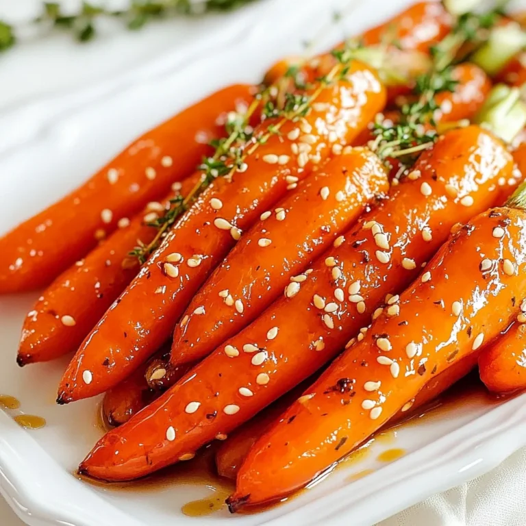 - 1 pound baby carrots (or regular carrots, peeled and cut into sticks) - 2 tablespoons olive oil - 3 tablespoons honey - 3 cloves garlic, minced - ¼ teaspoon salt - ¼ teaspoon black pepper - 1 teaspoon fresh thyme leaves (or ¼ teaspoon dried thyme) - Sesame seeds for garnish (optional) You can swap baby carrots for regular carrots. Just cut them into sticks. Use any oil you prefer if you don't have olive oil. Maple syrup works great instead of honey. If you lack fresh thyme, use dried thyme. Just reduce the amount since dried herbs are stronger. Fresh ingredients make a big difference in flavor. Fresh carrots are crisp and sweet. They add a nice texture to the dish. Fresh garlic gives a strong taste that really shines in this recipe. Using fresh thyme adds a bright note that pairs well with honey. Always choose quality ingredients for the best results. This will enhance your cooking and impress your guests. {{ingredient_image_1}} Start by washing your carrots well. If you use regular carrots, peel them. Cut them into sticks about 2-3 inches long. If you prefer baby carrots, you can keep them whole. This ensures even cooking and makes them easy to eat. Next, bring a pot of salted water to a boil. Carefully add the carrots to the boiling water. Cook them for about 5 minutes. You want them tender but still crisp. After cooking, drain the carrots and set them aside. This step helps keep the bright color and crunch. Now, grab a large skillet. Heat 2 tablespoons of olive oil over medium heat. Once the oil is hot, add 3 minced garlic cloves. Sauté the garlic for about 30 seconds. You want it fragrant but not burnt. This step adds a rich flavor to the glaze. Then, stir in 3 tablespoons of honey. Add ¼ teaspoon of salt, ¼ teaspoon of black pepper, and 1 teaspoon of fresh thyme leaves. If you don't have fresh thyme, you can use dried thyme instead. Cook this mixture for 1-2 minutes. You want it to bubble and thicken slightly. Finally, add your cooked carrots to the skillet. Toss them gently in the honey garlic glaze. Cook for an additional 3-4 minutes. This allows the carrots to soak up the flavors. Once they are well coated and heated through, you are ready to serve. If you like, sprinkle some sesame seeds on top for extra crunch and flavor. Enjoy your delicious honey garlic glazed carrots! To make the glaze shine bright, you want to use fresh garlic. Mince the garlic finely. This helps it blend well with the honey. Sauté it in olive oil until fragrant. But watch it closely; burnt garlic tastes bitter. Once it’s ready, stir in the honey. Let it bubble for a few minutes. This thickens the glaze and enhances the flavor. For the best texture, start with fresh carrots. Baby carrots work well, but cut regular ones into sticks. Make sure they are about 2-3 inches long. Boil them for just 5 minutes. This keeps them crisp. After boiling, drain and toss them in the glaze quickly. This way, they soak up all that sweet and savory goodness. Honey garlic glazed carrots shine as a side dish. They pair well with roasted meats. Try them with chicken or pork for a complete meal. For a fun twist, add sesame seeds on top. This adds a nice crunch. You can also serve them over rice or quinoa for a hearty option. Enjoy these carrots warm for the best flavor! Pro Tips Choose Fresh Carrots: Select firm, vibrant carrots for the best flavor and texture. Fresh carrots will have a sweeter taste and will hold up better during cooking. Adjust Sweetness: If you prefer a less sweet glaze, reduce the amount of honey or add a splash of vinegar to balance the flavors. Use Different Herbs: Experiment with different herbs like rosemary or parsley to give the dish a unique twist that complements the honey and garlic. Perfect Cooking Time: Be careful not to overcook the carrots when boiling; they should be tender but still crisp to maintain their color and nutrients. {{image_2}} You can customize honey garlic glazed carrots by adding fresh herbs. Thyme gives a nice flavor. Try fresh dill or parsley for a bright touch. Rosemary adds a strong taste, while basil offers a sweet note. Experimenting with different herbs can change the dish completely. To heat things up, add a pinch of red pepper flakes. This spice will contrast with the sweet honey. You can also use black pepper for a bit more kick. If you love heat, try a dash of chili powder. These spices will make your glazed carrots pop. If you want less honey, try maple syrup. It has a great flavor and works well. You can also use agave nectar for a vegan option. Brown sugar adds sweetness but changes the glaze's texture. Choose your sweetener based on your taste and dietary needs. To store leftover glazed carrots, let them cool completely. Place the carrots in an airtight container. Make sure the lid seals well to keep air out. Store the container in the fridge. The carrots will stay fresh for up to four days. When you are ready to eat the leftovers, take them out of the fridge. You can reheat the carrots in a skillet or the microwave. If using a skillet, add a splash of water to help steam them. Heat on medium until warm, stirring often. If using the microwave, place them in a bowl. Cover with a microwave-safe lid and heat in 30-second intervals, stirring in between. You can freeze glazed carrots if you want to save some for later. First, let them cool completely. Then, place them in a freezer-safe bag. Squeeze out as much air as possible before sealing. Label the bag with the date and contents. Frozen glazed carrots can last for up to three months. To use, thaw them in the fridge overnight and reheat as mentioned above. Yes, you can use regular carrots. Just peel and cut them into sticks. Aim for pieces about 2-3 inches long. This helps them cook evenly and look nice on the plate. These carrots pair well with many dishes. Try them with roasted chicken or grilled steak. They also go nicely with rice or quinoa. Their sweet and savory flavor adds a great touch to any meal. These carrots can last for about 3-5 days in the fridge. Store them in an airtight container. When you're ready to enjoy them, just reheat and serve! Yes, you can make these carrots ahead of time. Prepare them and keep them in the fridge. Just reheat them on the stove or in the microwave before serving. This makes meal prep easy and fun! In this blog post, I covered how to make honey garlic glazed carrots. We discussed key ingredients, cooking steps, and helpful tips to perfect your dish. Fresh ingredients make a big difference in flavor. I also shared ways to change the recipe and store leftovers. Remember, with easy swaps and fun variations, you can customize this recipe. Get creative, enjoy the cooking process, and serve up a dish that impresses everyone. Happy cooking!