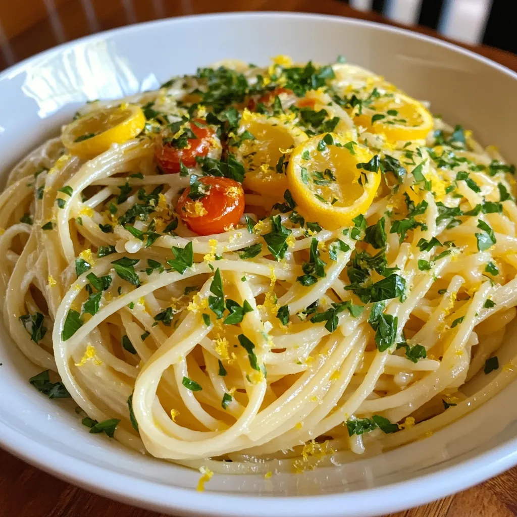 - 12 oz spaghetti or linguine - 8 oz Boursin cheese (garlic and herbs flavor) - 1 cup heavy cream - 1 large lemon (zested and juiced) - 2 tablespoons olive oil - 3 cloves garlic (minced) - 1/4 cup grated Parmesan cheese - Salt and freshly ground black pepper - Fresh parsley (chopped for garnish) - Optional: cherry tomatoes (halved) The main ingredients are simple, yet they create magic. I love using spaghetti or linguine for this dish. The pasta holds the creamy sauce well, giving each bite a burst of flavor. Boursin cheese is the star. Its garlic and herb flavor adds depth. The heavy cream makes everything rich and smooth. Next, we have our flavor boosters. The lemon brightens the dish. It adds zest and juice, which balances the cream. Olive oil gives a nice richness, while garlic adds a lovely aroma. For garnishes, I suggest grated Parmesan. It adds a salty kick. Fresh parsley gives a pop of color and freshness. If you like, toss in halved cherry tomatoes for a sweet burst. They look great and taste amazing! With these ingredients, you’re ready to create a delicious Lemon Boursin Pasta. Each component works together to make a creamy, flavorful meal. You will love how easy it is to prepare this delightful dish! {{ingredient_image_1}} To cook spaghetti or linguine, fill a large pot with water. Add a pinch of salt. Bring the water to a boil. Once boiling, add 12 oz of spaghetti or linguine. Cook it according to the package instructions until al dente. This usually takes around 8-10 minutes. Before draining the pasta, remember to reserve 1 cup of pasta water. This water will help you adjust the sauce later. It contains starch that can thicken and bind the sauce to the pasta. In a large skillet, pour in 2 tablespoons of olive oil. Heat it over medium heat. Once warm, add 3 cloves of minced garlic. Sauté the garlic for 1-2 minutes until it smells great. Be careful not to burn it, as burnt garlic tastes bitter. Next, lower the heat to medium-low. Add 1 cup of heavy cream and 8 oz of Boursin cheese. Stir until the cheese melts and the sauce is smooth. This step is vital. The Boursin cheese gives the sauce its creamy texture and rich flavor. Now, it's time to add some brightness. Mix in the juice and zest of 1 large lemon. Stir well to combine everything. If the sauce seems too thick, gradually add some of the reserved pasta water. This will help you achieve your desired consistency. Add the drained pasta to the skillet. Toss the noodles in the sauce until they are well coated. Sprinkle in 1/4 cup of grated Parmesan cheese. Season with salt and freshly ground black pepper to taste. If you want to add some color, fold in halved cherry tomatoes gently. Serve the dish hot, garnished with fresh chopped parsley. Enjoy your creamy delight! To make Lemon Boursin Pasta even tastier, consider these tips: - Add spices: A pinch of red pepper flakes gives heat. Fresh basil or thyme adds depth. - Herbs matter: Use fresh herbs for bright flavor. Parsley and chives work great. - Creamy sauce: Always use heavy cream. It gives that rich, smooth texture. Avoiding burning garlic is simple: - Heat control: Keep the heat on medium. Stir often when cooking the garlic. - Watch closely: Garlic cooks fast. Remove it once it’s fragrant and golden, not brown. To adjust the sauce thickness: - Use pasta water: Reserve a cup of water before draining. Add it slowly to the sauce. - Adjust as needed: If the sauce is too thick, add some reserved water. Mix well until creamy. For a perfect meal, pair your Lemon Boursin Pasta with: - Ideal sides: A fresh green salad or garlic bread complements the pasta nicely. - Presentation tips: Serve in a large bowl. Sprinkle parsley on top for a pop of color. Add cherry tomatoes for a vibrant touch. Pro Tips Use Fresh Ingredients: Fresh garlic and parsley will enhance the flavor profile of your dish, making it taste vibrant and delicious. Reserve Pasta Water: Always save some pasta water before draining; it’s a great way to adjust the sauce's consistency and add a bit of starchy flavor. Adjusting Creaminess: If the sauce becomes too thick, gradually add reserved pasta water until you achieve your desired creaminess without diluting the flavor. Garnish for Color: Fresh parsley not only adds a pop of color but also a fresh flavor that complements the richness of the Boursin cheese. {{image_2}} You can switch up the cheese if you want. Try using goat cheese or cream cheese. These cheeses will change the taste but still keep it creamy. Non-dairy options are also great. Use cashew cream or coconut cream for a lighter dish. Both add a unique twist while keeping the pasta rich. Want to make your dish even tastier? Add veggies like spinach or peas. They blend well with the sauce and add color. You can also toss in some cherry tomatoes. They give a sweet burst when you bite into them. For protein, chicken or shrimp works wonders. Cook them first, then mix them in before serving. Seasonal fruits or herbs can brighten your dish. In spring, add fresh asparagus or peas for a crisp taste. In summer, use basil or arugula for a burst of flavor. For festive times, consider adding sliced mushrooms or roasted red peppers. These additions make your dish feel special and unique. To keep your Lemon Boursin Pasta fresh, store leftovers in the fridge. Use airtight containers to prevent the pasta from drying out. Make sure the dish cools down before sealing the container. This helps maintain its creamy texture. When reheating the pasta, use low heat on the stove. This method warms it gently. Stir often to avoid burning. If the sauce seems thick, add a splash of milk or reserved pasta water. This restores its creaminess and flavor. You can freeze Lemon Boursin Pasta, but it is best enjoyed fresh. To freeze, cool the pasta completely. Then, place it in an airtight container or freezer bag. When ready to eat, thaw it overnight in the fridge. Reheat gently on the stove, adding a bit of cream or water to help with the sauce. To make Lemon Boursin Pasta vegan, swap the Boursin cheese with a vegan cream cheese. Look for a brand that has herbs and garlic flavors. For the heavy cream, use coconut cream or a cashew cream. Both options will give you a creamy texture without dairy. You can easily make cashew cream by blending soaked cashews with water until smooth. Add lemon juice and zest to keep that fresh flavor. This way, you can enjoy a creamy, flavorful dish without using animal products. Yes, you can definitely use other types of pasta! If you're gluten-free, try using gluten-free spaghetti or linguine made from rice or quinoa. These options work well and keep the dish tasty. Whole grain pasta is another great choice. It adds a nutty flavor and extra fiber. Just follow the cooking time on the package, as it may differ from regular pasta. Lemon Boursin Pasta pairs well with many side dishes. A fresh salad with mixed greens, cucumber, and cherry tomatoes makes a great match. The crunch and acidity balance the creaminess of the pasta. Garlic bread or a crusty baguette also complements this dish. You might want to add roasted vegetables, like asparagus or bell peppers, for extra color and nutrients. Enjoy your meal with a light white wine for the perfect touch! Lemon Boursin Pasta is a simple and tasty meal. You learned how to make a creamy sauce and enhance flavors with lemon. Cooking tips help you avoid mistakes, and variations let you get creative. Whether you want to add protein or go vegan, this dish offers options. Remember to store leftovers properly and use great reheating methods. Now, you can enjoy a delicious meal at any time. Dive in and make it your own!