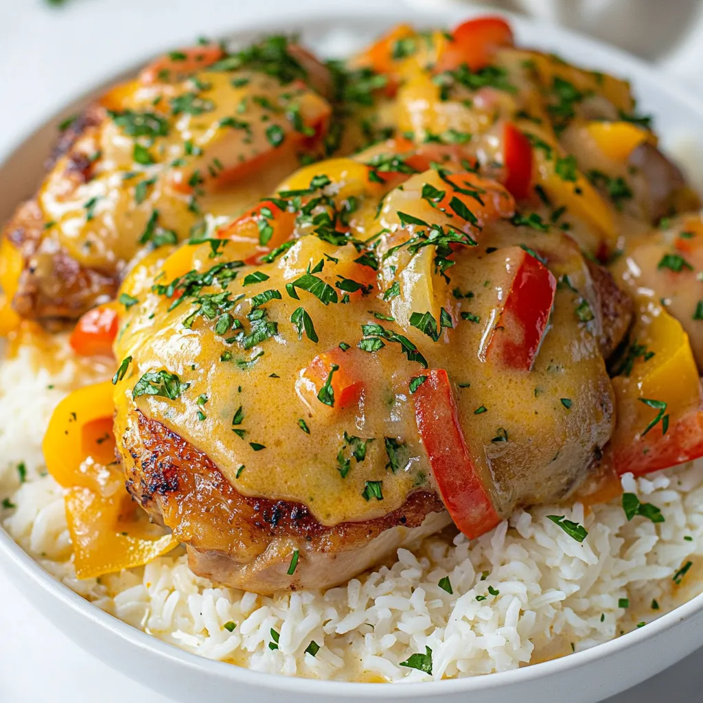 - 4 boneless, skinless chicken thighs - 2 cups chicken broth - 1 cup long-grain rice - 1 cup heavy cream - 1 medium onion, sliced - 1 bell pepper (any color), diced - 3 cloves garlic, minced - Seasonings: smoked paprika, dried thyme, salt, and pepper - 2 tablespoons olive oil - Fresh parsley for garnish Gathering the right ingredients is key to making delicious smothered chicken and rice. Start with the chicken thighs, which bring flavor and moisture. I love using boneless and skinless thighs because they cook evenly and stay juicy. Next, get your chicken broth; it adds depth to the dish. Long-grain rice is best for this recipe, as it cooks well and gives a nice texture. For the veggies, I like to use onions, bell peppers, and garlic. The onions and peppers add sweetness and color, while garlic gives a punch of flavor. Don't forget your seasonings! Smoked paprika and thyme enhance the overall taste. Salt and pepper are essential for balancing flavors. You will need olive oil for sautéing and fresh parsley to make the dish look bright and inviting. This combination of ingredients makes for a comforting meal that everyone will love. {{ingredient_image_1}} First, season your chicken thighs. Use salt, pepper, and smoked paprika. Mix the spices well. Make sure each piece is covered. Set the chicken aside while you prepare the rest. In a large skillet, heat olive oil over medium heat. Add sliced onions and diced bell pepper. Cook for about five minutes. You want the onions to turn soft and clear. Stir in minced garlic and cook for one more minute. This adds great flavor. Now, push the veggies to one side of the skillet. Add the seasoned chicken thighs to the other side. Cook for five to six minutes on each side. You want them to be golden brown. This gives the chicken a nice flavor. Next, sprinkle the rice around the chicken in the skillet. Pour in the chicken broth. Make sure the rice is fully covered by the broth. This will help it cook well. Bring the mixture to a gentle boil. Then, reduce the heat to low. Cover the skillet and let it simmer for about 20 minutes. This allows the rice to absorb the liquid fully. After 20 minutes, take off the lid. Stir in the heavy cream and dried thyme. Mix until everything is creamy and smooth. If needed, adjust the seasoning with more salt and pepper. Finally, garnish with fresh parsley before serving. Enjoy your comforting dish! To make tender and juicy chicken, start with good quality thighs. You want boneless, skinless thighs for the best texture. Season them well with salt, pepper, and smoked paprika. This adds flavor and helps keep moisture in. When you brown the chicken, don’t overcrowd the pan. This helps it cook evenly. Let it rest for a few minutes after cooking. This step locks in the juices and keeps it tender. You can boost the flavor of your dish with a few extra spices. Try adding a pinch of garlic powder or onion powder. Fresh herbs like rosemary or thyme can also add depth. If you like heat, a dash of cayenne pepper works wonders. You can also add a splash of lemon juice at the end for a bright finish. These little changes can make your dish stand out. To prevent sticky rice, rinse the rice under cold water before cooking. This removes excess starch that can cause clumping. When adding rice to the pan, make sure it’s evenly spread out. Pour in the broth gently to prevent it from sticking. Keep the heat low while simmering. This allows the rice to cook slowly and absorb all the flavors without burning. If you follow these steps, your rice will turn out fluffy and perfect every time. Pro Tips Marinate for More Flavor: If time allows, marinate the chicken thighs in a mixture of olive oil, smoked paprika, and thyme for at least an hour or overnight. This enhances the flavor and tenderness of the chicken. Use Homemade Broth: For the best taste, use homemade chicken broth instead of store-bought. It adds depth and richness to the dish. Vegetable Variations: Feel free to mix in other vegetables like zucchini or carrots for added nutrition and flavor. Just sauté them alongside the onions and bell peppers. Rest Before Serving: Let the dish sit for a few minutes after cooking before serving. This helps the flavors meld together and makes it easier to serve. {{image_2}} You can change up the protein in smothered chicken and rice. Turkey works well if you want a leaner option. Use turkey thighs for a juicy bite. If you feel adventurous, try beef. Beef chuck or steak can add rich flavor. Just remember to adjust the cooking time. Beef may need more time to become tender. Switching vegetables can refresh this dish. Instead of bell peppers, try zucchini or mushrooms. Both add great flavor and texture. You could also toss in spinach or kale for a health boost. Add these greens in the last few minutes. They cook quickly and keep their color. Making smothered chicken and rice gluten-free is simple. Use gluten-free broth and rice. For a dairy-free twist, choose coconut milk instead of heavy cream. This change adds a touch of sweetness. It also gives your dish a unique flavor. Just ensure the broth is dairy-free too. Store leftovers in an airtight container. They stay fresh for about 3 to 4 days. Make sure the dish cools down before sealing. This helps keep flavors intact. To freeze smothered chicken and rice, let it cool first. Then, place it in a freezer-safe container. You can also use freezer bags. Remove as much air as possible. It will keep well for about 3 months. When you are ready to eat, thaw it overnight in the fridge. For the best flavor, reheat smothered chicken and rice on the stove. Use low heat and add a splash of chicken broth if it seems dry. Stir occasionally for even heating. You can also microwave it. Cover the dish and heat in short bursts, stirring in between. This keeps it moist and tasty. You can store Smothered Chicken and Rice in the fridge for up to four days. Make sure to place it in an airtight container. This keeps it fresh and safe to eat. When you are ready to enjoy it, just reheat on the stove or in the microwave. Yes, you can use brown rice instead of white rice. However, brown rice takes longer to cook. You will need to adjust the cooking time. It usually takes about 40-45 minutes to cook brown rice. Be sure to add extra liquid to the dish as well. Smothered Chicken and Rice goes well with many sides. Here are some tasty options: - Steamed broccoli - Green beans - A fresh garden salad - Corn on the cob These sides add color and nutrition to your meal. To check if the chicken is done, use a meat thermometer. Insert it into the thickest part of the thigh. The internal temperature should reach 165°F (75°C). If you don’t have a thermometer, cut into the chicken. The meat should be white and the juices should run clear. Yes, you can make Smothered Chicken and Rice in a slow cooker! First, season the chicken and place it in the slow cooker. Add the vegetables, rice, broth, and cream. Cook on low for about 6-7 hours or on high for 4 hours. This method makes the chicken very tender and flavorful. This blog post covers a tasty Smothered Chicken and Rice recipe. You learned about the key ingredients, easy steps for cooking, and tips to enhance flavor. I shared ideas for variations to suit your taste, along with storage advice. With this knowledge, you can enjoy a hearty meal anytime. I hope you feel ready to try this dish. Happy cooking!