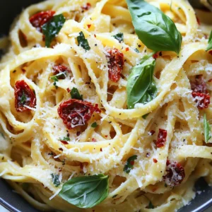 - 8 oz (225 g) spaghetti or fettuccine - 1 cup sun-dried tomatoes, sliced (in oil for extra flavor) - 3 cloves garlic, minced - 1 cup heavy cream - 1/2 cup grated Parmesan cheese - 2 tablespoons olive oil - 1 teaspoon Italian seasoning - Salt and pepper to taste - Fresh basil leaves - Optional: Crushed red pepper flakes for heat The main ingredients in this dish make it truly special. I love using spaghetti or fettuccine for this recipe. Both types hold the creamy sauce well. The sun-dried tomatoes add a burst of flavor. I prefer the kind packed in oil. This adds extra taste to the dish. Garlic is a key ingredient here. It gives a strong, aromatic flavor. Minced garlic cooks quickly, so keep an eye on it. Heavy cream makes the sauce rich and thick. It brings everything together in a delightful way. Parmesan cheese adds a salty, nutty taste that enhances the dish. For cooking essentials, olive oil is my go-to. It helps to sauté the garlic. Italian seasoning adds a blend of herbs that warms the flavor. Salt and pepper are vital. They help bring out the best in each ingredient. When it comes to garnishing, I love fresh basil leaves. They add a pop of color and flavor. If you like heat, sprinkle on some crushed red pepper flakes. They give the dish a nice kick! Gather these ingredients, and you're ready to create a creamy garlic sun-dried tomato pasta that everyone will enjoy! {{ingredient_image_1}} - First, fill a large pot with water and add salt. - Bring the water to a rolling boil. - Add 8 ounces of spaghetti or fettuccine to the pot. - Cook until the pasta is al dente, which takes about 8-10 minutes. - Reserve 1/2 cup of pasta water, then drain the rest. - In a large skillet, heat 2 tablespoons of olive oil over medium heat. - Add 3 minced garlic cloves and sauté for 1 minute. - Be careful not to let the garlic burn; it should smell great. - Next, stir in 1 cup of sliced sun-dried tomatoes. - Cook for 2-3 minutes to release their flavor. - Pour in 1 cup of heavy cream and stir well. - Let the sauce simmer for 3-4 minutes until it thickens slightly. - Add 1/2 cup of grated Parmesan cheese, 1 teaspoon of Italian seasoning, and salt and pepper to taste. - If your sauce is too thick, add reserved pasta water a little at a time. - Finally, mix in the cooked pasta and toss well to coat. - Cook for another 2 minutes to warm everything through. To make a great sauce, you must avoid overcooked garlic. Cook the garlic until it’s fragrant, about one minute. If it turns brown, it will taste bitter. Keep the heat on medium to help control this. Next, adjust the cream thickness. After you add the cream, let it simmer. If it gets too thick, add a little reserved pasta water. This keeps your sauce smooth and creamy. To keep your pasta from sticking, stir it while it cooks. Use a large pot with plenty of water. This helps the pasta move freely. Always reserve some pasta water before draining. This water is starchy and helps the sauce cling to the pasta. Experimenting with herbs can boost your dish. Fresh basil adds a nice touch. You can also try oregano or thyme. Each will change the flavor in a unique way. If you like some heat, balance it with crushed red pepper flakes. Start with a pinch, and add more if you want extra spice. Pro Tips Choose Quality Tomatoes: Opt for sun-dried tomatoes packed in oil for richer flavor and a more luscious sauce. Don't Rush the Garlic: Sauté the garlic just until fragrant; burning it can lead to a bitter taste in your sauce. Reserve Pasta Water: Always save some pasta cooking water; it helps adjust sauce consistency and adds flavor. Fresh Herbs Matter: Use fresh basil for garnish; it elevates the dish's aroma and adds a vibrant touch. {{image_2}} You can add grilled chicken to make this dish heartier. Simply slice the chicken and toss it in with the pasta. Shrimp or seafood also works well. Cook them in the skillet with garlic for an extra flavor boost. Both options make the meal more filling. If you want a meatless dish, consider adding spinach or kale. These greens bring great color and nutrients. Toss them in just before adding the cream. You can also use vegan cheese in place of Parmesan. This keeps the creamy texture while making it plant-based. You can switch up the pasta if needed. Gluten-free pasta is a great choice for those with dietary needs. Whole grain pasta offers more fiber and a nutty flavor. An alternative pasta like chickpea or lentil adds protein and a unique taste. Feel free to experiment to find what you love best. Store any leftovers in an airtight container. This keeps the pasta fresh and tasty. In the fridge, your creamy garlic sun-dried tomato pasta stays good for about 3 days. After that, it may lose its creaminess and flavor. You can easily reheat your pasta in a few ways. The best method is using the stove. Place the pasta in a skillet over low heat. Add a splash of water or cream to help it stay creamy. Stir gently until warm. You can also use the microwave. Heat in short bursts, stirring in between to prevent drying out. Yes, you can freeze creamy pasta. To freeze, let it cool completely first. Then, pack it in a freezer-safe container. You can keep it for up to 3 months. To thaw, move it to the fridge overnight. Reheat gently on the stove, adding cream or water to restore its creamy texture. For this creamy garlic sun-dried tomato pasta, spaghetti or fettuccine works best. These shapes hold the sauce well. You can also try penne or rigatoni for a fun twist. Both types of pasta offer a great bite and texture. Choose one that you love! Yes, you can use fresh tomatoes. If you choose fresh, use about 2 cups, diced. You will need to cook them longer to release their juices. Add them after the garlic to allow them to soften. This will change the flavor slightly but will still taste great! To make this dish vegetarian, simply skip the Parmesan cheese. Try adding nutritional yeast for a cheesy flavor. If you want a vegan option, use coconut cream instead of heavy cream. You can also use vegan cheese for a similar taste. Enjoy a creamy dish that's plant-based! This post covers all you need to create a creamy pasta dish. You learned about the key ingredients, how to cook the pasta, and make a great sauce. I shared tips for perfecting your meal and variations to suit your taste. With proper storage and reheating methods, you can enjoy leftovers too. Pasta is versatile and fun to customize. Explore different flavors, add proteins, or try plant-based options. Enjoy cooking and make it your own!