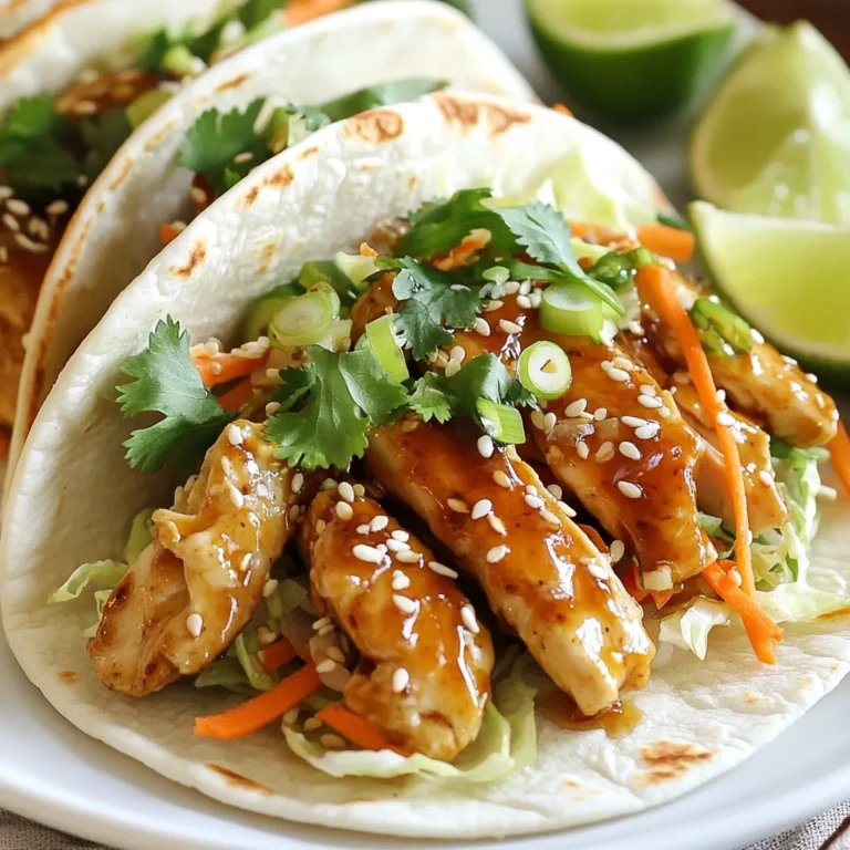 - 2 boneless, skinless chicken breasts - 1/2 cup teriyaki sauce - 1 tablespoon sesame oil - 1 cup shredded cabbage (purple or green) - 1/2 cup carrots, julienned - 1/4 cup green onions, chopped - 8 small corn or flour tortillas For these tacos, chicken breasts are the star. They soak up the teriyaki sauce well. The sauce adds a sweet and salty taste. Sesame oil gives a nice, nutty flavor. Cabbage, carrots, and green onions add crunch and color. Finally, the tortillas hold everything together. - Fresh cilantro - Lime wedges - Sesame seeds Fresh cilantro adds a bright taste. Lime wedges give a zesty kick. Sesame seeds enhance the look and flavor. You can add these for a personal touch. They help make your tacos even better! {{ingredient_image_1}} For the best flavor, marinate the chicken for at least 30 minutes. If you have time, let it sit for 2 hours. This will make the chicken more tasty. Place the chicken in a bowl and pour the teriyaki sauce over it. Make sure the chicken is fully covered. The sauce has soy and sugar, which give great flavor. Heat the sesame oil in a skillet over medium heat. This oil adds a nice nutty flavor. Remove the chicken from the marinade but keep the marinade for later. Cook the chicken for 5-7 minutes on each side. The chicken should turn golden brown and reach an internal temperature of 165°F. This means it is safe to eat. After cooking, pour the reserved marinade into the skillet. Let it simmer for about 2-3 minutes to thicken. This glaze will coat the chicken nicely. While it thickens, mix the shredded cabbage, julienned carrots, and chopped green onions in a bowl. These fresh toppings add crunch and color to your tacos. Once the chicken is glazed, slice it into strips. Take a small tortilla and place a few chicken strips on it. Top with the cabbage and carrot mix. Sprinkle sesame seeds on top for a little crunch. Add fresh cilantro leaves for a burst of flavor. Serve these tacos with lime wedges on the side. Squeeze lime juice over the top before taking a bite. Enjoy your tasty teriyaki chicken tacos! To get great flavor in your teriyaki chicken tacos, marinate the chicken well. I suggest marinating for at least 30 minutes. If you can, aim for 2 hours. This allows the flavors to soak in. You can add extra seasonings, like garlic or ginger, to enhance the taste. A pinch of red pepper flakes can also give a nice kick. Cook the chicken on medium heat. This helps it cook evenly. Aim for a temperature of 165°F (74°C) to ensure it's safe to eat. To avoid dryness, don’t overcook the chicken. Keep an eye on it, and remove it as soon as it’s done. Warming tortillas is easy and important. You can heat them in a dry skillet for about 30 seconds on each side. This makes them soft and warm. If you want variety, try using lettuce wraps instead of tortillas. They add crunch and freshness to your tacos. Pro Tips Marinate for Maximum Flavor: The longer you marinate the chicken, the more flavorful it will be. Aim for 2 hours if possible, or even overnight for the best results. Use a Meat Thermometer: To ensure your chicken is perfectly cooked, use a meat thermometer. The internal temperature should reach 165°F (75°C). Customize Your Toppings: Feel free to add other fresh toppings such as diced avocado, jalapeños, or corn to give your tacos a personal touch. Warm Tortillas Properly: Warming the tortillas enhances their flavor and texture. Don’t skip this step for a better taco experience! {{image_2}} You can change up the chicken in teriyaki tacos. Try using shrimp for a seafood twist. Shrimp cooks fast and absorbs the teriyaki sauce well. If you prefer beef, use thin slices of flank steak. Marinade it the same way you do with chicken. For a vegetarian option, use tofu. Press it to remove water and cut it into cubes. Marinate the tofu in teriyaki sauce for flavor. Cook it until golden. Another great choice is tempeh. It has a nutty taste and works nicely in tacos. You can make these tacos spicy or sweet. To add heat, mix in some sriracha with the teriyaki sauce. You can also add diced jalapeños on top for extra spice. If you want a sweeter flavor, add honey or brown sugar to the marinade. Consider adding international flavors too. For a Mexican twist, mix in some chipotle sauce. For a Korean flavor, add kimchi as a topping. These changes can make your tacos exciting and unique. Toppings can change the whole taco experience. Try adding avocado slices for creaminess. You can also use pickled red onions for a tangy crunch. If you like a bit of nutty flavor, sprinkle some crushed peanuts on top. Swap out the veggies too. Instead of cabbage, use arugula for a peppery taste. You can also add bell peppers for sweetness. Different sauces can enhance the tacos too. A drizzle of peanut sauce or spicy mayo adds a great touch. To store leftover tacos, let them cool first. Place them in an airtight container. This keeps them fresh and tasty. Store in the fridge for up to three days. Use parchment paper between layers to avoid sogginess. To reheat tacos, use a skillet over medium heat. Heat each taco for about 2-3 minutes on each side. This method helps keep the tortilla crisp. You can also use a microwave, but this may make the tortilla soft. If using a microwave, cover the tacos with a damp paper towel to help retain moisture. You can freeze tacos, but it's best to freeze the chicken and toppings separately. For the chicken, let it cool and place it in a freezer bag. Squeeze out the air before sealing. For the toppings, pack them in a separate bag. When ready to eat, thaw the chicken overnight in the fridge. Reheat the chicken and toppings before assembling the tacos. This keeps the flavors fresh and the textures nice. I recommend marinating the chicken for at least 30 minutes. This allows the flavors to soak in. If you have more time, marinating for 2 hours is even better. The longer you marinate, the tastier the chicken becomes. Always keep the chicken in the fridge while it marinates to keep it safe. Yes, you can prepare many parts ahead of time. Cook the chicken and store it in the fridge for up to three days. You can also chop the veggies and store them in an airtight container. Just warm the chicken and tortillas before serving. This makes it easy for busy nights. You can serve your tacos with many tasty sides. Consider guacamole or salsa for a fresh kick. Rice or quinoa can make it a fuller meal. A simple salad with lime dressing pairs well too. You could also add some chips for extra crunch. To find teriyaki chicken tacos, check local taco shops or Asian fusion restaurants. Many places offer unique takes on traditional tacos. Use apps like Yelp or Google Maps to search for nearby options. Don’t hesitate to ask friends for their favorite spots too! To make teriyaki chicken tacos, gather fresh ingredients and follow our easy steps. Marinate the chicken for great flavor, then cook it just right. Use warm tortillas and add your favorite toppings for a tasty meal. Don't forget to try different proteins and flavors for variety. Store leftovers properly, so they stay fresh. With these tips, you'll impress your friends and family. Enjoy making and sharing this fun dish!