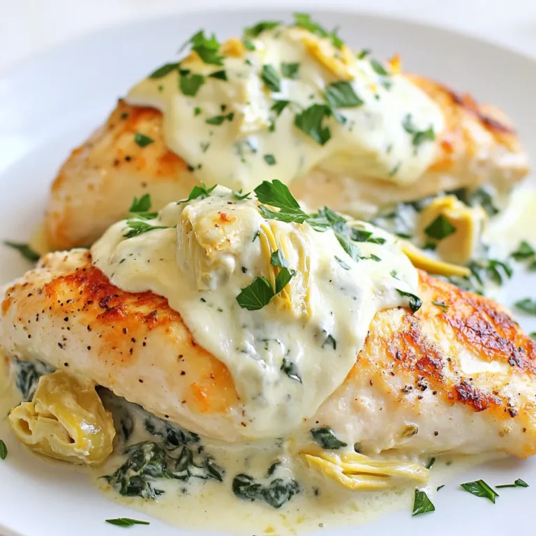 - 4 boneless, skinless chicken breasts - 1 cup fresh spinach, chopped - 1 cup canned artichoke hearts, drained and chopped - 1 cup cream cheese, softened - ½ cup sour cream - 1 cup shredded mozzarella cheese - 2 cloves garlic, minced - 1 teaspoon onion powder - Salt and pepper to taste - 2 tablespoons olive oil - ¼ teaspoon red pepper flakes (optional) - Fresh parsley, chopped for garnish Gather these simple ingredients before you start. They make the dish creamy and tasty. I love using fresh spinach for its bright color and flavor. Canned artichokes save time and add a nice touch. Softened cream cheese and sour cream create a rich base. The mozzarella cheese melts beautifully, giving a cheesy layer. Don't forget the minced garlic; it adds great aroma. Onion powder enhances the flavor without being too strong. You can adjust the salt and pepper to your taste. If you like a bit of heat, add red pepper flakes. They are optional but can make the dish more exciting. Finally, sprinkle fresh parsley on top for a pop of color and freshness. This dish is not only easy to make but also looks great on the table. {{ingredient_image_1}} 1. Preheat the oven: Set your oven to 375°F (190°C). This helps cook the chicken just right. 2. Prepare the spinach-artichoke mixture: In a bowl, mix 1 cup cream cheese, ½ cup sour cream, 1 cup chopped spinach, 1 cup chopped artichoke hearts, 2 minced garlic cloves, 1 teaspoon onion powder, salt, pepper, and ¼ teaspoon red pepper flakes. Stir until everything is well combined. 1. Sear the chicken: Heat 2 tablespoons of olive oil in a large oven-safe skillet over medium-high heat. Season 4 boneless, skinless chicken breasts with salt and pepper. Once the oil is hot, add the chicken. Sear each side for about 5 minutes until golden brown. 2. Bake and finish the dish: Remove the chicken from the skillet and set it aside. Pour the spinach-artichoke mixture into the same skillet, spreading it evenly. Place the seared chicken on top and sprinkle 1 cup of shredded mozzarella cheese over each breast. Cover with a lid or foil. Bake for 20-25 minutes, until the chicken reaches 165°F (75°C). If you want bubbly cheese, broil for 2-3 minutes at the end. Let it rest for a few minutes, then garnish with fresh parsley. - How to serve: Serve the creamy spinach artichoke chicken straight from the skillet. This dish looks great and tastes even better. - Pairing ideas: Enjoy this chicken with a side of rice or pasta. It pairs well with a light salad or steamed veggies for a complete meal. To sear chicken well, heat your skillet first. Use medium-high heat and add olive oil. The oil should shimmer before you add the chicken. Sear each side for about five minutes. This gives a nice golden crust. For creaminess, you can adjust the cream cheese and sour cream ratio. If you want it richer, add more cream cheese. If you like it lighter, use more sour cream. Also, mixing in a bit of milk or broth can help. If your chicken turns out dry, check the cooking time. Make sure you don’t overcook it. Use a meat thermometer; it should read 165°F (75°C) when done. You can also keep the lid on while baking to trap moisture. To adjust flavors, taste the spinach-artichoke mix before adding it to the chicken. If it's too bland, add more salt or pepper. A dash of lemon juice adds brightness, too. You can even mix in some fresh herbs for extra flavor. Pro Tips Use Fresh Ingredients: Fresh spinach and quality artichoke hearts can elevate the flavor of the dish significantly, giving it a vibrant and fresh taste. Don’t Overcook the Chicken: To ensure juicy chicken, avoid cooking it beyond the recommended internal temperature of 165°F (75°C). Customize the Cheese: Feel free to mix different cheeses like Parmesan or Gouda with mozzarella for a unique flavor profile. Add a Crunch: For added texture, consider topping the dish with breadcrumbs or crushed crackers before broiling for a crispy finish. {{image_2}} You can switch up the cheese for a new taste. Try using feta or gouda. These cheeses add unique flavors that mix well with the chicken. If you prefer a lighter dish, use low-fat cream cheese. Greek yogurt is also a great swap for sour cream. It gives a nice tang while cutting down on calories. Want a gluten-free meal? Use gluten-free chicken broth instead of regular broth in your recipes. Check the labels on your cream cheese and sour cream to ensure they are gluten-free. For a vegan option, swap the chicken with tofu or chickpeas. Use vegan cream cheese and plant-based sour cream. This keeps the creamy texture and taste without using animal products. To boost the flavor, add fresh herbs like basil, thyme, or dill. These herbs bring bright notes to the dish. You can also sprinkle in some extra spices. Try smoked paprika or cayenne for a kick. If you want more veggies, toss in some bell peppers or mushrooms. These add color and nutrition to the dish. Experiment with what you like! To keep your creamy spinach artichoke chicken fresh, follow these tips: - Refrigerated Storage: Place leftovers in an airtight container. They can last up to 3 days in the fridge. - Freezing Tips: You can freeze the dish for up to 2 months. Store it in freezer-safe containers. Make sure to label them with the date. When you want to enjoy your leftovers, reheating is key. Here’s how: - Maintaining Texture: Reheat in the oven at 350°F (175°C). This keeps the chicken moist and the cheese creamy. - Safe Reheating Methods: You can microwave in short bursts, about 1-2 minutes. Stir halfway through to heat evenly. Check that the chicken reaches 165°F (75°C) before eating. Can I use frozen spinach? Yes, you can use frozen spinach! Just make sure to thaw it and squeeze out the extra water. This step helps keep the dish from becoming too watery. Frozen spinach works well and saves prep time. How long does this dish take to cook? The total time for this dish is about 40 minutes. It takes around 15 minutes to prep and 25 minutes to bake. You can enjoy this quick and tasty meal on a busy night. Is it possible to make this in advance? Yes, you can prepare this dish ahead of time. Make the spinach-artichoke mixture and sear the chicken. Then, store them separately in the fridge. Just bake it when you are ready to eat. What sides pair well with creamy spinach artichoke chicken? This dish goes great with rice or pasta. You can also serve it with a fresh salad or roasted vegetables. These sides add color and balance to your meal. This blog covered a tasty creamy spinach artichoke chicken recipe. We went over the ingredients, steps to cook, and smart tips to make it great. You also learned about variations and how to store leftovers. The dish is versatile and simple, so you can adapt it to your taste. Now, try making this tasty meal for your family or friends. With a bit of creativity, you'll impress everyone at the table! Enjoy cooking!