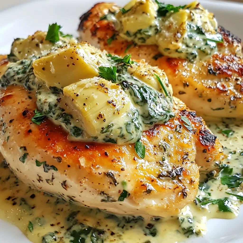 To create Creamy Spinach Artichoke Chicken, gather these fresh ingredients: - 4 boneless, skinless chicken breasts - 1 cup fresh spinach, chopped - 1 cup canned artichoke hearts, drained and roughly chopped - 1 cup cream cheese, softened - 1/2 cup sour cream - 1/2 cup grated Parmesan cheese - 1 teaspoon garlic powder - 1 teaspoon onion powder - 1 teaspoon lemon juice - Salt and pepper to taste - 2 tablespoons olive oil - 1/4 teaspoon red pepper flakes (optional for heat) When choosing your ingredients, I recommend trusted brands for the best taste: - For chicken, use Bell & Evans or Perdue. - Philadelphia is a great choice for cream cheese. - For canned artichokes, look for Del Monte or Roland. - Kraft offers reliable grated Parmesan cheese. - Choose organic spinach for freshness and flavor. If you need to swap out some ingredients, here are a few ideas: - Use Greek yogurt instead of sour cream for a lighter option. - Swap cream cheese with ricotta for a different texture. - Try using fresh artichokes if you prefer a more authentic flavor. - For a dairy-free version, use cashew cream as a substitute. - If you want less spice, leave out the red pepper flakes. These ingredient choices enhance your dish and make it perfect for any occasion. {{ingredient_image_1}} First, gather your ingredients. You will need four chicken breasts, spinach, artichokes, cream cheese, and more. Preheat your oven to 375°F (190°C). This step is key for a perfect bake. Next, season the chicken. Use salt, pepper, garlic powder, and onion powder. Rub the spices all over the chicken. This adds great flavor. Heat two tablespoons of olive oil in a large skillet over medium heat. When the oil is hot, add the chicken. Sear the chicken for about 4 to 5 minutes on each side. Look for a golden brown color. This shows it's cooked well. Remove the chicken from the skillet and set it aside. In the same skillet, lower the heat. Add one cup of chopped spinach and sauté for about two minutes. You want the spinach to wilt but not lose color. In a mixing bowl, combine one cup of softened cream cheese, half a cup of sour cream, and half a cup of grated Parmesan cheese. Add one teaspoon of lemon juice and red pepper flakes if you like heat. Stir well. Finally, mix in the sautéed spinach and chopped artichokes. Ensure everything blends nicely. Now, place the seared chicken breasts in a baking dish. Spread the creamy spinach and artichoke mixture over the chicken. Bake for 20 to 25 minutes. Look for a golden and bubbly top. Let it cool for a few minutes before serving. Enjoy your meal! To cook juicy chicken, start with high heat. Sear the chicken in olive oil for 4–5 minutes per side. This browns the outside and keeps moisture inside. Use a meat thermometer to check. The chicken should reach 165°F (75°C). Let it rest for a few minutes before serving. This helps the juices settle. To boost flavor, use fresh ingredients. Fresh spinach and artichokes add depth. A spoonful of lemon juice brightens the dish. If you like heat, add red pepper flakes. Mix in herbs like thyme or basil for more complexity. Always taste as you go. Adjust salt and pepper for balance. For a stunning plate, serve the chicken in sauce. Spoon the creamy mixture over the chicken. Add a sprinkle of chopped parsley for color. Pair with colorful sides, like roasted vegetables or quinoa. Use a white plate to make the colors pop. A beautiful dish makes every meal special. Pro Tips Choose the Right Chicken: Use fresh, high-quality chicken breasts for the best flavor and texture in your dish. Perfectly Sautéed Spinach: Be careful not to overcook the spinach; sauté just until wilted to preserve its vibrant color and nutrients. Mixing the Creamy Sauce: Make sure your cream cheese is softened to room temperature to ensure a smooth and creamy mixture without lumps. Rest Before Serving: Let the dish cool for a few minutes after baking; this allows the sauce to thicken slightly and makes it easier to serve. {{image_2}} You can make this dish vegetarian by skipping the chicken. Use hearty vegetables like mushrooms or eggplant instead. These veggies soak up the creamy sauce well. You can also add extra spinach and artichokes for more flavor. Serve it over rice or pasta for a filling meal. To make this dish gluten-free, ensure your cream cheese and sour cream are gluten-free. Most brands are safe, but always check the labels. Serve this creamy mixture over gluten-free pasta or quinoa to keep it delicious and safe for gluten-sensitive diners. Feel free to play with flavors in this dish. Add fresh herbs like basil or thyme for a fresh taste. You can also mix in sun-dried tomatoes for a touch of sweetness. For a spicy kick, try adding diced jalapeños or more red pepper flakes. Adjust these flavors to match your taste buds! You can store leftover creamy spinach artichoke chicken in an airtight container. Keep it in the fridge for up to three days. If you want to save it longer, consider freezing it. Make sure the dish is completely cool before putting it away. This step helps avoid extra moisture in the container. To reheat, take the chicken out of the fridge. Place it in a microwave-safe dish. Cover it with a lid or microwave-safe wrap. Heat it on medium power for about two to three minutes. Check that it's warm all the way through. If using the oven, preheat to 350°F (175°C). Bake for about 15-20 minutes until heated. For freezing, use a freezer-safe container. Portion the chicken into individual servings for easy meals. You can also wrap it tightly in plastic wrap, then foil. Label the container with the date. Use the frozen chicken within three months for the best flavor. To thaw, place it in the fridge overnight before reheating. If you find your chicken is overcooked, don't worry. Slice the chicken into strips. This helps the meat feel more tender. You can also add some broth or sauce. This will keep the chicken moist. Yes, you can make Creamy Spinach Artichoke Chicken ahead. Prepare the chicken and sauce, then store them separately. You can bake it later when you're ready to eat. Just warm the chicken first before adding the sauce. This dish goes well with many sides. Here are some ideas: - Quinoa for a healthy grain option - Roasted vegetables for color and flavor - Mashed potatoes for creamy comfort - Garlic bread to soak up the sauce These sides will balance the rich flavors of the chicken. Enjoy mixing and matching! This article covered key ingredients and brands to use for a delicious dish. I shared simple steps for preparing and cooking the chicken to ensure it stays juicy. We discussed helpful tips, neat variations, and how to store leftovers effectively. Cooking can be fun and easy with the right information. Experiment and enjoy every bite you create!