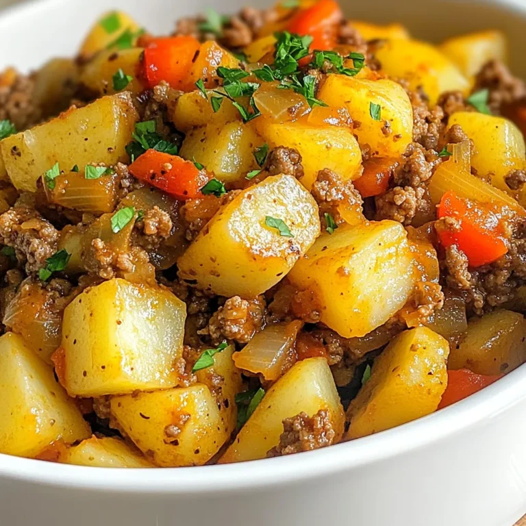 To make this tasty Ground Beef Potato Skillet Dinner, you need the following ingredients: - 1 pound ground beef - 4 medium potatoes, diced - 1 medium onion, chopped - 2 cloves garlic, minced - 1 bell pepper (any color), chopped - 1 teaspoon paprika - 1 teaspoon dried oregano - 1 teaspoon chili powder - 1 cup beef broth - Salt and pepper to taste - 2 tablespoons olive oil - Fresh parsley, chopped (for garnish) If you don’t have some ingredients, here are easy swaps: - Use ground turkey or chicken instead of ground beef for a lighter meal. - Swap out beef broth for vegetable broth for a vegetarian touch. - You can use sweet potatoes instead of regular potatoes for added flavor. - Try using shallots or leeks instead of onion for a milder taste. - If you don’t have paprika, you can use cumin for a different flavor. Garnishes add a nice touch to your dish. Here are some ideas: - Fresh parsley gives color and freshness. - Grated cheese, like cheddar or mozzarella, melts nicely on top. - A dollop of sour cream adds creaminess and tang. - Chopped green onions add a nice crunch and flavor. - A sprinkle of crushed red pepper can give a spicy kick. These ingredients and ideas will help you create a hearty and simple meal that everyone will love! {{ingredient_image_1}} First, gather all your ingredients. You will need: - 1 pound ground beef - 4 medium potatoes, diced - 1 medium onion, chopped - 2 cloves garlic, minced - 1 bell pepper, chopped - 1 teaspoon paprika - 1 teaspoon dried oregano - 1 teaspoon chili powder - 1 cup beef broth - Salt and pepper to taste - 2 tablespoons olive oil - Fresh parsley, chopped for garnish Wash and dice the potatoes into small cubes. This helps them cook faster. Chop the onion and bell pepper. Mince the garlic. Heat the olive oil in a large skillet over medium heat. Add the chopped onion. Sauté it for about 3-4 minutes. You want it to turn translucent. Next, toss in the minced garlic and chopped bell pepper. Cook for 2 more minutes. Now, increase the heat to medium-high. Add the ground beef to the skillet. Cook until it turns brown, breaking it up with a spatula. This takes about 5-7 minutes. If there is too much fat, drain it out. Add the diced potatoes, paprika, oregano, chili powder, salt, and pepper. Stir well so the potatoes get coated with the spices. Pour in the beef broth. Bring the mix to a simmer. Cover the skillet and turn the heat to low. Let it cook for about 20-25 minutes. Stir it occasionally to stop it from sticking. You want the potatoes to be tender. Once the potatoes are soft, taste the dish. Adjust the seasoning with more salt and pepper, if needed. Remove the skillet from heat. Garnish with fresh chopped parsley before serving. This adds color and a fresh taste. Serve it hot and enjoy your hearty meal! To keep your food from sticking, use a non-stick skillet. If you don’t have one, add enough olive oil before cooking. Heat the oil well before adding the onions. Stir often, especially when you add the beef and potatoes. This helps keep everything moving and prevents sticking to the bottom. If you notice sticking, add a bit more broth or water to loosen things up. You can boost the flavor with more veggies. Try adding carrots or peas for sweetness. Feel free to toss in some corn for a pop of color. You can also add a splash of Worcestershire sauce for depth. Fresh herbs, like thyme or basil, can brighten each bite. A dash of hot sauce can add a nice kick if you like heat. Experimenting will make your meal even more fun and tasty. If you have more guests, just double the recipe. Use a larger skillet or two skillets if needed. Cooking in batches ensures even cooking. You can also prepare it ahead of time. Just cook it, let it cool, and store it in the fridge. When your guests arrive, reheat it on the stove or in the oven. Serve it with crusty bread, and everyone will be happy! Pro Tips Choose the Right Potatoes: For a creamier texture, opt for Yukon Gold or Russet potatoes, as they hold up well and add a delightful richness to the dish. Season Gradually: Taste and adjust the seasoning throughout the cooking process. Start with a little salt and pepper, and add more as necessary for depth of flavor. Brown the Beef Well: Ensure that the ground beef is browned thoroughly for enhanced flavor. The caramelization will add a rich taste to the dish. Use Fresh Herbs for Garnish: Fresh parsley not only adds color but also a bright flavor that elevates the overall dish. Consider adding other herbs like chives or thyme for variety! {{image_2}} You can boost nutrition by adding vegetables. Try carrots, peas, or corn. Just chop them into small pieces. Add them with the potatoes. This makes your meal colorful and tasty. You can also use frozen mixed veggies for a quick option. Just remember, more veggies mean more flavor! If you want to switch things up, use other proteins. Ground turkey or chicken works well. You can even try plant-based options like lentils or beans. Just cook them the same way as beef. Adjust the cooking time if needed. Using different proteins keeps the dish fresh and exciting. Want a kick? Add more spices! For heat, include jalapeños or red pepper flakes. You can also try hot sauce for extra flavor. Just start with a little and taste as you go. If you prefer milder dishes, reduce the chili powder. Play with the heat to fit your taste! After cooking, let the dish cool down. Store it in an airtight container. It will stay fresh for about 3 to 4 days in the fridge. Make sure to label the container with the date. This helps you track how long it has been stored. If you want to keep it longer, freezing is a great option. Place the cooled dish in a freezer-safe container. You can also use freezer bags for easier storage. It will last up to 3 months in the freezer. When ready to eat, thaw it overnight in the fridge before reheating. When reheating, you have a few choices. You can use the microwave or stovetop. If using the microwave, heat it in short bursts. Stir in between to ensure even heating. On the stovetop, add a splash of beef broth to keep it moist. Heat it over medium until hot. Enjoy your meal just like it was fresh! Yes, you can use other meats. Ground turkey or chicken works well. For a richer taste, try ground pork. Each option gives a unique flavor. Just make sure to adjust cooking times as needed. Ground turkey can cook quicker than beef. Always check the meat for doneness before serving. To make this dish healthier, consider these swaps: - Use lean ground beef or ground turkey. - Add more vegetables like spinach or zucchini. - Swap regular potatoes for sweet potatoes for added nutrients. - You can reduce the oil amount or use a non-stick spray. - Try using low-sodium beef broth to cut down on salt. Several side dishes match well with this dish: - A fresh green salad adds a nice crunch. - Steamed broccoli or green beans offer great color and nutrients. - A side of crusty bread can help soak up the flavors. - Garlic bread is another tasty option for a hearty meal. These sides balance the meal and add variety to your table. In this blog post, we covered all you need for a tasty Ground Beef Potato Skillet Dinner. You learned about the key ingredients, helpful cooking steps, and useful tips to make your meal a success. We also explored fun variations and how to store leftovers. Enjoy experimenting with flavors and substitutions. Cooking can be fun and easy! With these tips, you can create a dish your family will love. Dive into the kitchen and enjoy every bite.