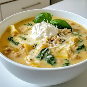 For creamy white lasagna soup, you will need: - 1 tablespoon olive oil - 1 medium onion, diced - 3 cloves garlic, minced - 1 pound ground chicken or turkey - 4 cups chicken broth - 1 can (15 oz) cannellini beans, drained and rinsed - 2 cups fresh spinach - 8 oz gluten-free or whole wheat lasagna noodles, broken into pieces - 1 cup heavy cream - 1 teaspoon Italian seasoning - Salt and pepper to taste - 1 cup ricotta cheese - 1 cup shredded mozzarella cheese - Fresh basil for garnish If you want to switch things up, here are some ideas: - Use olive oil for avocado oil if needed. - Swap ground chicken for ground beef or a meat-free option like lentils. - Use vegetable broth instead of chicken broth for a vegetarian twist. - For a lighter soup, try half-and-half instead of heavy cream. - You can use any leafy green in place of spinach, like kale. - If you don't have ricotta, cottage cheese works well too. - You can replace mozzarella with a dairy-free cheese for a vegan option. This creamy white lasagna soup is not just delicious; it’s also good for you. Here’s a breakdown per serving: - Calories: Approximately 400 - Protein: 30g - Carbohydrates: 35g - Fiber: 6g - Total Fat: 20g - Saturated Fat: 10g - Sodium: 800mg This soup gives you a nice balance of protein and carbs, making it a filling meal. The fiber from the beans and spinach adds extra nutrition. Enjoy your comforting and tasty dish! First, gather all your ingredients. You need olive oil, onion, garlic, ground chicken or turkey, chicken broth, cannellini beans, spinach, lasagna noodles, heavy cream, Italian seasoning, salt, pepper, ricotta cheese, mozzarella cheese, and fresh basil. Next, dice the onion and mince the garlic. This will give your soup a nice base. If you're using ground chicken or turkey, have it ready to go. You can break the lasagna noodles into smaller pieces for easier cooking later. Start by heating olive oil in a large pot over medium heat. Add the diced onion. Sauté it until it's soft, about 3-4 minutes. Next, stir in the minced garlic. Cook it for another 1-2 minutes. You want to release that great garlic aroma. Now, add the ground chicken or turkey. Cook it until it's browned, about 5-7 minutes. Use a spoon to break it into small bits. Once the meat is done, pour in the chicken broth. Bring it to a simmer. Then, add the drained and rinsed cannellini beans. Now, toss in the broken lasagna noodles. Cook them according to the package instructions, usually around 8-10 minutes. This lets the noodles absorb the soup's flavors. When the noodles are al dente, reduce the heat to low. Stir in the heavy cream, spinach, Italian seasoning, salt, and pepper. Allow it to simmer for another 3-5 minutes until the spinach wilts. For creaminess, use heavy cream. It makes the soup rich and smooth. If you want a bit of tang, mix a pinch of salt and pepper into the ricotta cheese before serving. This adds a nice contrast to the creamy soup. Garnish each bowl with a dollop of the ricotta mixture and a sprinkle of shredded mozzarella. Fresh basil on top adds color and flavor. Serve it hot for the best experience! To make the best creamy white lasagna soup, start with fresh ingredients. Use high-quality ground chicken or turkey for great flavor. Make sure to sauté the onion until it is soft. This step adds a sweet touch. When cooking the garlic, be careful not to burn it. A few minutes is all it needs. Stir the noodles in the broth until they are just right. Overcooked noodles can turn mushy. Finally, let the soup simmer gently after adding the cream. This step helps blend all the flavors. Adding more herbs can really boost flavor. Fresh basil is a great choice for garnish. You can also add more Italian seasoning if you like. A squeeze of lemon juice can brighten up the taste. If you want a little heat, try red pepper flakes. They add a nice kick without overpowering the dish. Remember to taste as you go. Adjust the salt and pepper to suit your liking. Each ingredient plays a role in creating the perfect balance. One common mistake is not using enough broth. This can make the soup too thick. Always start with the right amount of chicken broth. Another error is skipping the cream. This ingredient gives the soup its creamy texture. Avoid adding too many noodles at once. Too many can make it hard to stir and eat. Finally, don’t rush the simmering time. This step is key to letting the flavors develop. Take your time, and your soup will shine! {{image_2}} You can switch the ground chicken or turkey for plant-based meat. This change works well for a vegetarian dish. You can also use mushrooms for a rich flavor. If you prefer beef, ground beef is a great option. Just cook it until it is browned. Each protein gives the soup a unique taste. You can easily make this soup gluten-free. Use gluten-free lasagna noodles instead of regular ones. These noodles will cook up just as well and taste great. Always check the package for cooking times. This simple swap allows everyone to enjoy this dish without worry. Feel free to get creative with your add-ins! Try adding chopped carrots or bell peppers for extra crunch. Zucchini works well too, adding a nice texture. You can also spice it up with red pepper flakes or extra Italian seasoning. Fresh herbs like thyme or oregano can enhance the flavor too. Let your taste buds guide you! To keep your creamy white lasagna soup fresh, allow it to cool. Once cooled, pour it into an airtight container. Store it in the fridge for up to three days. Make sure to label the container with the date. This way, you won’t forget when you made it! If you want to save some for later, freezing is a great option. First, let the soup cool completely. Then, transfer it into freezer-safe containers or bags. Leave some space at the top, as soup expands when frozen. You can freeze it for up to three months. When you’re ready to eat, just thaw it overnight in the fridge. When it's time to enjoy your soup again, reheat it gently. Use a pot on low heat and stir often. This helps keep the soup creamy and prevents it from sticking. You can also add a splash of chicken broth or water if it seems too thick. For added flavor, sprinkle in some fresh herbs before serving! Creamy white lasagna soup lasts about 3 to 4 days in the fridge. Store it in an airtight container. This keeps it fresh and tasty. Always check for any off smells or changes in color before eating. Yes, you can make creamy white lasagna soup in advance. It tastes great after resting. Make it up to two days ahead. Just store it in the fridge. When ready, reheat it on the stove over low heat. You can use cottage cheese as a substitute for ricotta. It has a similar texture. You can also blend cream cheese for a richer option. If you're dairy-free, try tofu or cashew cream for a good taste. Yes, you can make creamy white lasagna soup in a slow cooker. Start by browning the meat in a pan. Then, add all the other ingredients to the slow cooker. Cook on low for 6 to 8 hours. Stir in the cream and spinach before serving. This blog post covered how to make creamy white lasagna soup. We looked at the key ingredients, cooking steps, and tips for perfect flavor. I shared variations to suit your taste and dietary needs. We also discussed how to store leftovers and answered common questions. Now you have all the tools to create this delicious soup. Enjoy trying different flavors and making it your own. Happy cooking!