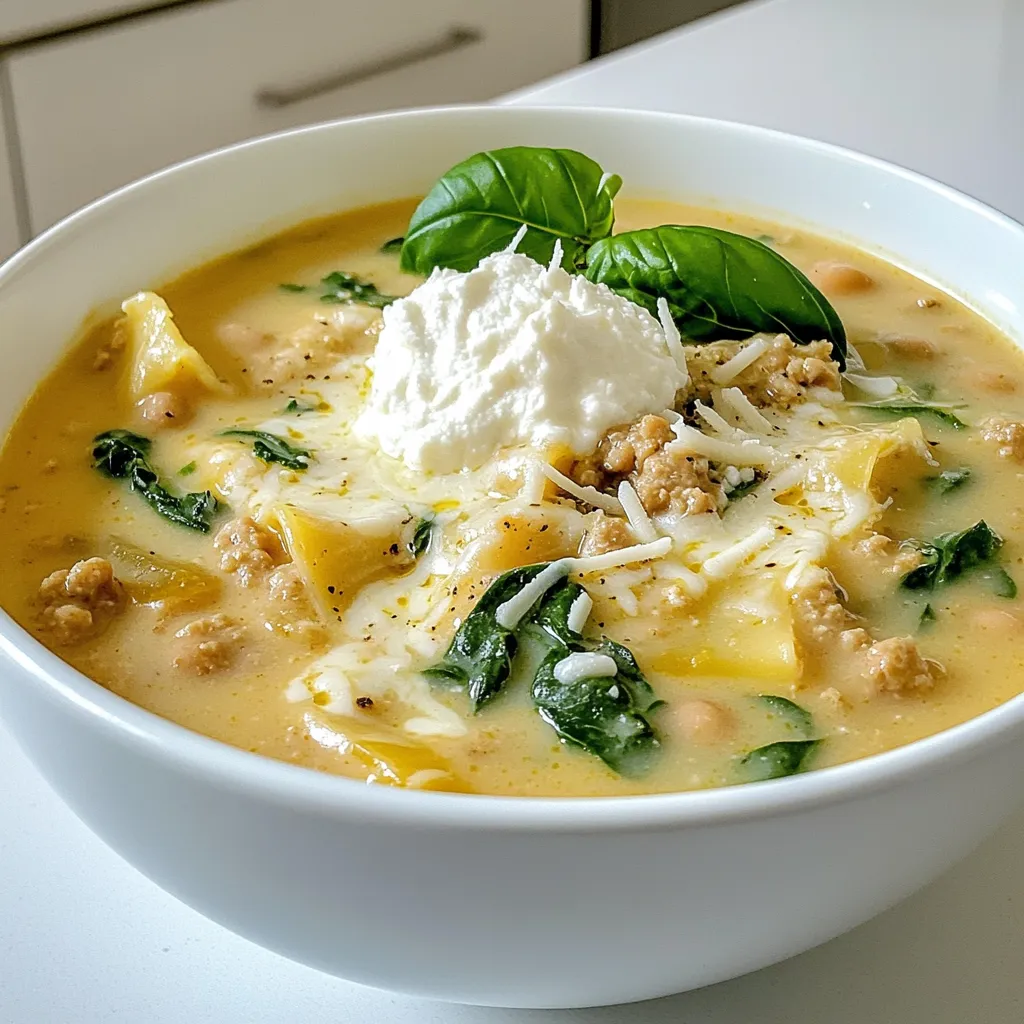For creamy white lasagna soup, you will need: - 1 tablespoon olive oil - 1 medium onion, diced - 3 cloves garlic, minced - 1 pound ground chicken or turkey - 4 cups chicken broth - 1 can (15 oz) cannellini beans, drained and rinsed - 2 cups fresh spinach - 8 oz gluten-free or whole wheat lasagna noodles, broken into pieces - 1 cup heavy cream - 1 teaspoon Italian seasoning - Salt and pepper to taste - 1 cup ricotta cheese - 1 cup shredded mozzarella cheese - Fresh basil for garnish If you want to switch things up, here are some ideas: - Use olive oil for avocado oil if needed. - Swap ground chicken for ground beef or a meat-free option like lentils. - Use vegetable broth instead of chicken broth for a vegetarian twist. - For a lighter soup, try half-and-half instead of heavy cream. - You can use any leafy green in place of spinach, like kale. - If you don't have ricotta, cottage cheese works well too. - You can replace mozzarella with a dairy-free cheese for a vegan option. This creamy white lasagna soup is not just delicious; it’s also good for you. Here’s a breakdown per serving: - Calories: Approximately 400 - Protein: 30g - Carbohydrates: 35g - Fiber: 6g - Total Fat: 20g - Saturated Fat: 10g - Sodium: 800mg This soup gives you a nice balance of protein and carbs, making it a filling meal. The fiber from the beans and spinach adds extra nutrition. Enjoy your comforting and tasty dish! First, gather all your ingredients. You need olive oil, onion, garlic, ground chicken or turkey, chicken broth, cannellini beans, spinach, lasagna noodles, heavy cream, Italian seasoning, salt, pepper, ricotta cheese, mozzarella cheese, and fresh basil. Next, dice the onion and mince the garlic. This will give your soup a nice base. If you're using ground chicken or turkey, have it ready to go. You can break the lasagna noodles into smaller pieces for easier cooking later. Start by heating olive oil in a large pot over medium heat. Add the diced onion. Sauté it until it's soft, about 3-4 minutes. Next, stir in the minced garlic. Cook it for another 1-2 minutes. You want to release that great garlic aroma. Now, add the ground chicken or turkey. Cook it until it's browned, about 5-7 minutes. Use a spoon to break it into small bits. Once the meat is done, pour in the chicken broth. Bring it to a simmer. Then, add the drained and rinsed cannellini beans. Now, toss in the broken lasagna noodles. Cook them according to the package instructions, usually around 8-10 minutes. This lets the noodles absorb the soup's flavors. When the noodles are al dente, reduce the heat to low. Stir in the heavy cream, spinach, Italian seasoning, salt, and pepper. Allow it to simmer for another 3-5 minutes until the spinach wilts. For creaminess, use heavy cream. It makes the soup rich and smooth. If you want a bit of tang, mix a pinch of salt and pepper into the ricotta cheese before serving. This adds a nice contrast to the creamy soup. Garnish each bowl with a dollop of the ricotta mixture and a sprinkle of shredded mozzarella. Fresh basil on top adds color and flavor. Serve it hot for the best experience! To make the best creamy white lasagna soup, start with fresh ingredients. Use high-quality ground chicken or turkey for great flavor. Make sure to sauté the onion until it is soft. This step adds a sweet touch. When cooking the garlic, be careful not to burn it. A few minutes is all it needs. Stir the noodles in the broth until they are just right. Overcooked noodles can turn mushy. Finally, let the soup simmer gently after adding the cream. This step helps blend all the flavors. Adding more herbs can really boost flavor. Fresh basil is a great choice for garnish. You can also add more Italian seasoning if you like. A squeeze of lemon juice can brighten up the taste. If you want a little heat, try red pepper flakes. They add a nice kick without overpowering the dish. Remember to taste as you go. Adjust the salt and pepper to suit your liking. Each ingredient plays a role in creating the perfect balance. One common mistake is not using enough broth. This can make the soup too thick. Always start with the right amount of chicken broth. Another error is skipping the cream. This ingredient gives the soup its creamy texture. Avoid adding too many noodles at once. Too many can make it hard to stir and eat. Finally, don’t rush the simmering time. This step is key to letting the flavors develop. Take your time, and your soup will shine! {{image_2}} You can switch the ground chicken or turkey for plant-based meat. This change works well for a vegetarian dish. You can also use mushrooms for a rich flavor. If you prefer beef, ground beef is a great option. Just cook it until it is browned. Each protein gives the soup a unique taste. You can easily make this soup gluten-free. Use gluten-free lasagna noodles instead of regular ones. These noodles will cook up just as well and taste great. Always check the package for cooking times. This simple swap allows everyone to enjoy this dish without worry. Feel free to get creative with your add-ins! Try adding chopped carrots or bell peppers for extra crunch. Zucchini works well too, adding a nice texture. You can also spice it up with red pepper flakes or extra Italian seasoning. Fresh herbs like thyme or oregano can enhance the flavor too. Let your taste buds guide you! To keep your creamy white lasagna soup fresh, allow it to cool. Once cooled, pour it into an airtight container. Store it in the fridge for up to three days. Make sure to label the container with the date. This way, you won’t forget when you made it! If you want to save some for later, freezing is a great option. First, let the soup cool completely. Then, transfer it into freezer-safe containers or bags. Leave some space at the top, as soup expands when frozen. You can freeze it for up to three months. When you’re ready to eat, just thaw it overnight in the fridge. When it's time to enjoy your soup again, reheat it gently. Use a pot on low heat and stir often. This helps keep the soup creamy and prevents it from sticking. You can also add a splash of chicken broth or water if it seems too thick. For added flavor, sprinkle in some fresh herbs before serving! Creamy white lasagna soup lasts about 3 to 4 days in the fridge. Store it in an airtight container. This keeps it fresh and tasty. Always check for any off smells or changes in color before eating. Yes, you can make creamy white lasagna soup in advance. It tastes great after resting. Make it up to two days ahead. Just store it in the fridge. When ready, reheat it on the stove over low heat. You can use cottage cheese as a substitute for ricotta. It has a similar texture. You can also blend cream cheese for a richer option. If you're dairy-free, try tofu or cashew cream for a good taste. Yes, you can make creamy white lasagna soup in a slow cooker. Start by browning the meat in a pan. Then, add all the other ingredients to the slow cooker. Cook on low for 6 to 8 hours. Stir in the cream and spinach before serving. This blog post covered how to make creamy white lasagna soup. We looked at the key ingredients, cooking steps, and tips for perfect flavor. I shared variations to suit your taste and dietary needs. We also discussed how to store leftovers and answered common questions. Now you have all the tools to create this delicious soup. Enjoy trying different flavors and making it your own. Happy cooking!