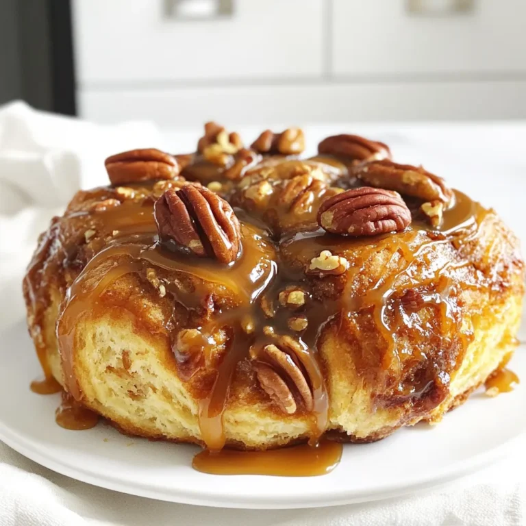 To make the best caramel pecan sticky buns, you need a few key items: - 4 cups all-purpose flour - 1/2 cup granulated sugar - 1 packet (2 1/4 teaspoons) active dry yeast - 1 cup warm milk (110°F/43°C) - 1/4 cup unsalted butter, melted - 2 large eggs - 1 teaspoon salt - 1/2 teaspoon ground cinnamon These ingredients form the base of our dough. The flour gives structure, while the sugar adds sweetness. Yeast is crucial for making the dough rise. Warm milk and butter help create a soft texture. Eggs enrich the dough and add flavor. Next, let's talk about the toppings and filling: - 1 cup pecans, roughly chopped - 1 cup brown sugar - 1/2 cup unsalted butter - 1/4 cup light corn syrup - 1/2 teaspoon vanilla extract - A pinch of salt The chopped pecans provide a nice crunch. Brown sugar and butter create a rich caramel flavor. The corn syrup helps keep things sticky, while vanilla adds depth to the taste. If you want to enhance your buns, consider these optional ingredients: - 1/2 teaspoon vanilla extract - Light corn syrup - Additional spices like nutmeg or cardamom Adding extra vanilla or spices can elevate the flavor. Just a pinch can make a big difference. Feel free to experiment and find your favorite blend. Activating the yeast Start by mixing warm milk, sugar, and yeast in a large bowl. Let it sit for about five minutes. You want it to get bubbly. This shows the yeast is active. Mixing and kneading the dough Next, add melted butter, eggs, salt, and cinnamon to the yeast mix. Gradually stir in the flour until a soft dough forms. Knead this dough on a floured surface for about eight to ten minutes. It should feel smooth and elastic. Once done, place the dough in a greased bowl and cover it. Let it rise in a warm spot for about one hour or until it doubles in size. Melting the ingredients together While the dough rises, melt together butter, brown sugar, corn syrup, vanilla extract, and a pinch of salt in a medium saucepan. Stir this mix over medium heat until it blends well. Cooling and prepping for buns Once combined, remove the pan from the heat and let the sauce cool slightly. This sauce adds a sweet touch to the sticky buns. Spreading softened butter and filling After the dough has risen, punch it down and roll it out into a rectangle about 16 by 12 inches. Spread softened butter evenly over the dough. Then, sprinkle brown sugar and cinnamon on top. Finally, add the chopped pecans over this mixture. Cutting and arranging the rolls Now, roll the dough tightly from the long side. Pinch the seam to seal it. Cut this rolled dough into twelve equal pieces. This will make the sticky buns evenly sized. Final rise before baking Pour a layer of caramel sauce into a greased 9 by 13-inch baking dish. Arrange the cut rolls in the dish, cut side up. Make sure the pecans are spread out well. Cover the dish with a towel and let it rise for another thirty minutes until the rolls double in size. Baking temperature and duration Preheat your oven to 350°F. Bake the sticky buns for 25 to 30 minutes until they turn golden brown. After baking, let them cool in the pan for about five minutes. Then, invert them onto a serving plate to let the caramel drizzle over the buns. To make the best sticky buns, control the temperature. Yeast loves warmth. The ideal spot for rising is around 80°F (27°C). You can use an oven with the light on. This helps your dough rise well. When kneading, aim for smoothness and elasticity. Knead for about 8 to 10 minutes. Use a floured surface to prevent sticking. The dough should spring back when you poke it. This means you’ve done a great job! Making caramel can be tricky, but I have some tips. First, use medium heat. High heat burns the sugar quickly. Stir often to keep it smooth. Check the sauce's consistency by letting it cool slightly. It should be thick but pourable. If it is too thick, add a bit of warm water. If too thin, cook it a little longer. Serving these sticky buns warm is a must. Drizzle extra caramel sauce on top. For an extra touch, add whole pecans. This makes the dish look lovely. I love to pair these buns with whipped cream or vanilla ice cream. The creaminess balances the sweetness. Enjoying them with friends? They will love this treat! {{image_2}} You can switch pecans for walnuts or almonds. Walnuts give a rich taste, while almonds add a light crunch. If you have nut allergies, try seeds like sunflower or pumpkin. These options keep the texture and flavor nice without nuts. Want to mix things up? Add chocolate chips or dried fruit for new tastes. Chocolate pairs well with caramel, creating a sweet treat. You can also try spices like nutmeg or ginger. These spices can add warmth and depth to the buns. If you need a gluten-free option, use gluten-free flour. It works well in most recipes. For vegan sticky buns, replace eggs with flaxseed meal and use plant-based butter. Both changes keep the sticky buns tasty and fresh while meeting dietary needs. To keep your leftover sticky buns fresh, let them cool first. Place them in an airtight container. This helps keep them soft and tasty. You can also wrap them in plastic wrap. Keep them at room temperature for up to two days. If you want them to last longer, store them in the fridge. Use a container that seals well to prevent drying out. When reheating sticky buns, the goal is to keep them soft. The best method is to use the microwave. Heat them for about 10 to 15 seconds. Check if they are warm enough. If not, add a few more seconds. You can also use an oven. Preheat it to 350°F (175°C). Wrap the buns in foil and heat for 10 minutes. This keeps them from getting soggy. To freeze unbaked buns, follow these steps. After cutting the dough, place the rolls on a baking sheet. Make sure they are not touching. Freeze them for about 2 hours. Once they are firm, move them to a freezer bag. Label the bag with the date. To bake later, take them out and thaw overnight in the fridge. The next day, let them rise for about 30 minutes before baking. This way, you can enjoy fresh sticky buns anytime! Caramel pecan sticky buns stay fresh for about 2 days at room temperature. You should store them in an airtight container. If you keep them in the fridge, they can last up to a week. Just make sure to reheat them slightly before serving. This helps to bring back their soft texture and gooey caramel. Yes, you can make the dough ahead of time. After mixing, let it rise for an hour. Then, punch it down and cover it tightly. Place it in the fridge overnight. The next day, take it out and let it sit at room temperature for about 30 minutes before rolling it out. This way, you save time on baking day. If your dough doesn't rise, check the yeast. It should be fresh and active. You can test it by mixing it with warm milk and sugar. If it bubbles, it’s good. If not, you need new yeast. Also, make sure the dough is in a warm place. Cold temperatures can slow down the rising. If the dough still won't rise, consider letting it sit longer. Sometimes, patience is key! Caramel pecan sticky buns are a delightful treat. We explored key ingredients like flour, yeast, and that rich caramel sauce. I shared step-by-step instructions for making dough, shaping the buns, and baking them to perfection. You learned tips for perfecting the dough and storing leftovers. Don’t forget the fun variations! Whether you add nuts or make it gluten-free, there's a sticky bun for everyone. Enjoy these tips and your delicious creation! Happy baking!