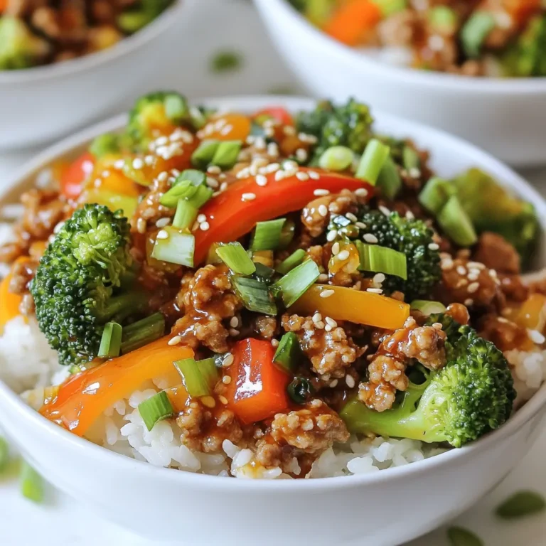 To make Bang Bang Ground Turkey Rice Bowls, you will need: - 1 lb ground turkey - 1 cup jasmine rice - 2 tablespoons soy sauce - 1 tablespoon sesame oil - 1 tablespoon sriracha - 2 cloves garlic, minced - 1 tablespoon ginger, grated - 1 red bell pepper, sliced - 1 cup broccoli florets - 2 green onions, chopped - 1 tablespoon rice vinegar - 2 tablespoons honey - Salt and pepper to taste - Sesame seeds for garnish Feel free to add or swap ingredients to match your taste: - Spinach or kale for more greens - Carrots for added crunch - Avocado for creaminess - Peanuts for a nutty flavor - Lime wedges for a zesty touch Each serving of Bang Bang Ground Turkey Rice Bowls offers: - Calories: 420 - Protein: 30g - Fat: 15g - Carbohydrates: 45g - Fiber: 3g These bowls are a balanced meal, packed with protein and healthy carbs. They are perfect for a quick dinner or meal prep! {{ingredient_image_1}} To start, cook the jasmine rice. Use the package instructions for best results. Typically, you will need to rinse the rice first. This helps remove excess starch. Combine one cup of rice with two cups of water in a pot. Bring it to a boil, then lower the heat to simmer. Cover the pot and let it cook for about 15 minutes. Once done, turn off the heat and let it sit for another 5 minutes. This will make it fluffy. Fluff the rice with a fork before serving. Next, let's make the bang bang turkey. Heat two tablespoons of sesame oil in a large skillet over medium heat. Add two cloves of minced garlic and one tablespoon of grated ginger. Stir this mixture for about one minute until you smell the aroma. Then, add one pound of ground turkey. Use a spatula to break it up. Cook for 5 to 7 minutes until it turns brown. Season it with salt and pepper to taste. Now, stir in two tablespoons of soy sauce, one tablespoon of sriracha, and two tablespoons of honey. Mix everything well, and let it simmer for 2 to 3 minutes. This step is key for flavor. Now, let’s blanch the vegetables. In a separate pot, bring water to a boil. Add one cup of broccoli florets and cook for about 2 minutes. They should turn bright green. Then, add the sliced red bell pepper and cook for an extra minute. After that, drain the vegetables. Combine them with the turkey mixture in the skillet. Drizzle one tablespoon of rice vinegar over everything and stir until well coated. This adds a nice tang to the dish. Your bang bang ground turkey rice bowls are almost ready! To cook ground turkey well, use medium heat. This helps it cook evenly. Break the meat apart with a spatula as it cooks. Stir often to avoid clumps. Cook it until it turns a nice golden brown. This takes about 5-7 minutes. Always check for pink spots to ensure it's done. Season with salt and pepper to enhance the flavor. Bang Bang sauce can be adjusted for your spice level. Start with one tablespoon of sriracha for a mild kick. If you like more heat, add an extra half tablespoon. Taste as you go! Remember, you can always add more spice, but you can't take it away. If you find it too spicy, mix in a bit of honey to balance it out. When serving your rice bowls, layer them for the best look. Start with a scoop of jasmine rice at the bottom. Then, top it with the bang bang turkey mixture. Use colorful veggies like red bell pepper and broccoli for a vibrant look. Garnish with green onions and sesame seeds for extra crunch. You can also add lime wedges for a fresh twist. Pro Tips Use Fresh Ingredients: Fresh garlic and ginger elevate the flavor profile of your dish significantly. Always opt for fresh over powdered versions whenever possible. Customize the Spice Level: Adjust the amount of sriracha according to your spice tolerance. Start with less and add more if needed to prevent overwhelming heat. Perfectly Cooked Broccoli: Blanching broccoli for just 2 minutes keeps it bright green and crisp. Avoid overcooking to preserve its nutrients and texture. Garnish with Flavor: Don't skip the garnish! Chopped green onions and sesame seeds not only add visual appeal but also enhance the overall taste of your rice bowl. {{image_2}} If you want a meatless bowl, try using lentils or chickpeas. These options add protein and fiber. You can also use plant-based ground meat. It has a similar texture to turkey. Just follow the same steps as in the recipe. For sauce, use tamari instead of soy sauce for a gluten-free option. You can swap ground turkey with other proteins. Ground chicken works well and tastes great. If you prefer beef, use lean ground beef. For a lighter option, try firm tofu. Crumble it into the skillet and cook it like turkey. Each protein brings its own flavor to the dish. Change up the veggies to suit your taste. Snap peas, carrots, or zucchini add nice colors and crunch. You can even add baby spinach or kale for extra nutrients. Just remember to adjust cooking times so all vegetables cook evenly. Mixing and matching keeps your rice bowls exciting and fresh! To store leftovers, let the rice bowls cool first. Then, place them in an airtight container. You can keep them in the fridge for up to three days. Make sure to cover them well to prevent drying out. This keeps the flavors fresh for your next meal. When you are ready to enjoy your leftovers, reheat them in the microwave. Heat in short bursts of one minute. Stir in between to warm evenly. If you want, add a splash of water for moisture. You can also reheat in a skillet on low heat. Stir often until hot. Avoid high heat to keep the turkey tender. If you want to save some for later, freezing is a great option. Portion out the rice bowls into freezer-safe containers. Leave some space at the top for expansion. They will stay good for about two to three months in the freezer. When you are ready to eat, thaw overnight in the fridge. Reheat as mentioned above for a quick and tasty meal. You can use ground chicken or ground beef instead of ground turkey. Both will give great flavor. If you want a vegetarian option, try textured vegetable protein or lentils. These options are tasty and filling. Yes, you can make Bang Bang sauce at home. Mix together mayonnaise, sriracha, honey, and a splash of rice vinegar. This mix gives a creamy and spicy kick. Adjust the sriracha based on how spicy you want it. Leftovers can last about 3 to 4 days in your fridge. Make sure to store them in an airtight container. This keeps the food fresh and safe to eat later. If you want to keep them longer, consider freezing them. In this article, I covered how to make Bang Bang Ground Turkey Rice Bowls. We discussed key ingredients, cooking steps, and helpful tips. You learned how to customize your dish and explore various protein options. Remember to store leftovers properly for later use. This dish is not only tasty but also adaptable to your tastes. Try it with your favorite veggies or protein. Enjoy a healthy meal that suits you!
