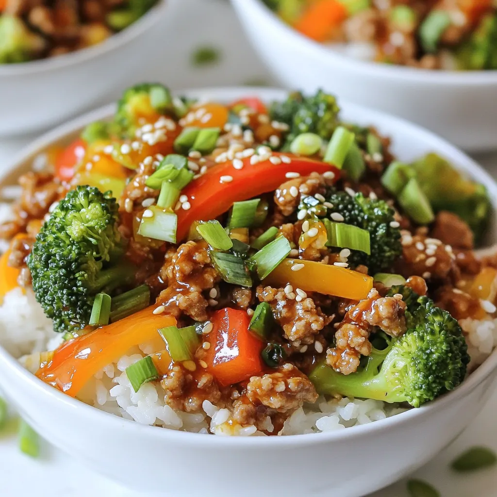 To make Bang Bang Ground Turkey Rice Bowls, you will need: - 1 lb ground turkey - 1 cup jasmine rice - 2 tablespoons soy sauce - 1 tablespoon sesame oil - 1 tablespoon sriracha - 2 cloves garlic, minced - 1 tablespoon ginger, grated - 1 red bell pepper, sliced - 1 cup broccoli florets - 2 green onions, chopped - 1 tablespoon rice vinegar - 2 tablespoons honey - Salt and pepper to taste - Sesame seeds for garnish Feel free to add or swap ingredients to match your taste: - Spinach or kale for more greens - Carrots for added crunch - Avocado for creaminess - Peanuts for a nutty flavor - Lime wedges for a zesty touch Each serving of Bang Bang Ground Turkey Rice Bowls offers: - Calories: 420 - Protein: 30g - Fat: 15g - Carbohydrates: 45g - Fiber: 3g These bowls are a balanced meal, packed with protein and healthy carbs. They are perfect for a quick dinner or meal prep! {{ingredient_image_1}} To start, cook the jasmine rice. Use the package instructions for best results. Typically, you will need to rinse the rice first. This helps remove excess starch. Combine one cup of rice with two cups of water in a pot. Bring it to a boil, then lower the heat to simmer. Cover the pot and let it cook for about 15 minutes. Once done, turn off the heat and let it sit for another 5 minutes. This will make it fluffy. Fluff the rice with a fork before serving. Next, let's make the bang bang turkey. Heat two tablespoons of sesame oil in a large skillet over medium heat. Add two cloves of minced garlic and one tablespoon of grated ginger. Stir this mixture for about one minute until you smell the aroma. Then, add one pound of ground turkey. Use a spatula to break it up. Cook for 5 to 7 minutes until it turns brown. Season it with salt and pepper to taste. Now, stir in two tablespoons of soy sauce, one tablespoon of sriracha, and two tablespoons of honey. Mix everything well, and let it simmer for 2 to 3 minutes. This step is key for flavor. Now, let’s blanch the vegetables. In a separate pot, bring water to a boil. Add one cup of broccoli florets and cook for about 2 minutes. They should turn bright green. Then, add the sliced red bell pepper and cook for an extra minute. After that, drain the vegetables. Combine them with the turkey mixture in the skillet. Drizzle one tablespoon of rice vinegar over everything and stir until well coated. This adds a nice tang to the dish. Your bang bang ground turkey rice bowls are almost ready! To cook ground turkey well, use medium heat. This helps it cook evenly. Break the meat apart with a spatula as it cooks. Stir often to avoid clumps. Cook it until it turns a nice golden brown. This takes about 5-7 minutes. Always check for pink spots to ensure it's done. Season with salt and pepper to enhance the flavor. Bang Bang sauce can be adjusted for your spice level. Start with one tablespoon of sriracha for a mild kick. If you like more heat, add an extra half tablespoon. Taste as you go! Remember, you can always add more spice, but you can't take it away. If you find it too spicy, mix in a bit of honey to balance it out. When serving your rice bowls, layer them for the best look. Start with a scoop of jasmine rice at the bottom. Then, top it with the bang bang turkey mixture. Use colorful veggies like red bell pepper and broccoli for a vibrant look. Garnish with green onions and sesame seeds for extra crunch. You can also add lime wedges for a fresh twist. Pro Tips Use Fresh Ingredients: Fresh garlic and ginger elevate the flavor profile of your dish significantly. Always opt for fresh over powdered versions whenever possible. Customize the Spice Level: Adjust the amount of sriracha according to your spice tolerance. Start with less and add more if needed to prevent overwhelming heat. Perfectly Cooked Broccoli: Blanching broccoli for just 2 minutes keeps it bright green and crisp. Avoid overcooking to preserve its nutrients and texture. Garnish with Flavor: Don't skip the garnish! Chopped green onions and sesame seeds not only add visual appeal but also enhance the overall taste of your rice bowl. {{image_2}} If you want a meatless bowl, try using lentils or chickpeas. These options add protein and fiber. You can also use plant-based ground meat. It has a similar texture to turkey. Just follow the same steps as in the recipe. For sauce, use tamari instead of soy sauce for a gluten-free option. You can swap ground turkey with other proteins. Ground chicken works well and tastes great. If you prefer beef, use lean ground beef. For a lighter option, try firm tofu. Crumble it into the skillet and cook it like turkey. Each protein brings its own flavor to the dish. Change up the veggies to suit your taste. Snap peas, carrots, or zucchini add nice colors and crunch. You can even add baby spinach or kale for extra nutrients. Just remember to adjust cooking times so all vegetables cook evenly. Mixing and matching keeps your rice bowls exciting and fresh! To store leftovers, let the rice bowls cool first. Then, place them in an airtight container. You can keep them in the fridge for up to three days. Make sure to cover them well to prevent drying out. This keeps the flavors fresh for your next meal. When you are ready to enjoy your leftovers, reheat them in the microwave. Heat in short bursts of one minute. Stir in between to warm evenly. If you want, add a splash of water for moisture. You can also reheat in a skillet on low heat. Stir often until hot. Avoid high heat to keep the turkey tender. If you want to save some for later, freezing is a great option. Portion out the rice bowls into freezer-safe containers. Leave some space at the top for expansion. They will stay good for about two to three months in the freezer. When you are ready to eat, thaw overnight in the fridge. Reheat as mentioned above for a quick and tasty meal. You can use ground chicken or ground beef instead of ground turkey. Both will give great flavor. If you want a vegetarian option, try textured vegetable protein or lentils. These options are tasty and filling. Yes, you can make Bang Bang sauce at home. Mix together mayonnaise, sriracha, honey, and a splash of rice vinegar. This mix gives a creamy and spicy kick. Adjust the sriracha based on how spicy you want it. Leftovers can last about 3 to 4 days in your fridge. Make sure to store them in an airtight container. This keeps the food fresh and safe to eat later. If you want to keep them longer, consider freezing them. In this article, I covered how to make Bang Bang Ground Turkey Rice Bowls. We discussed key ingredients, cooking steps, and helpful tips. You learned how to customize your dish and explore various protein options. Remember to store leftovers properly for later use. This dish is not only tasty but also adaptable to your tastes. Try it with your favorite veggies or protein. Enjoy a healthy meal that suits you!