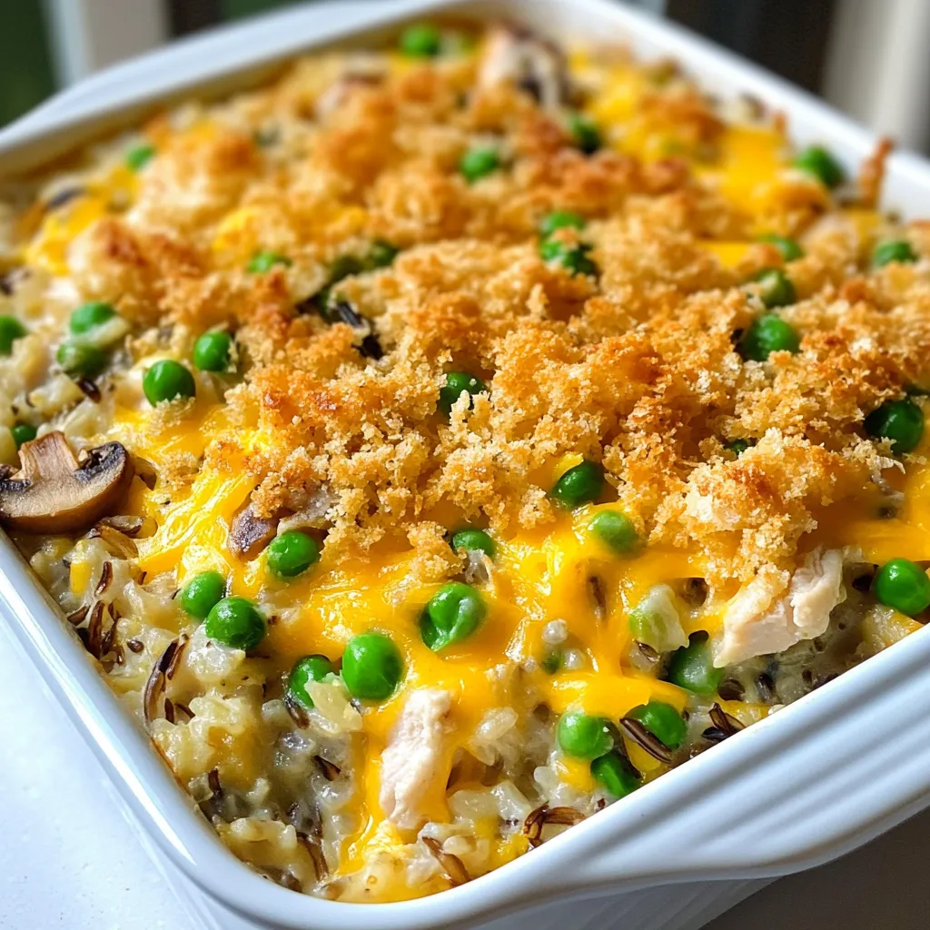 Here’s what you need for this tasty Chicken Wild Rice Casserole: - 2 cups cooked wild rice - 1 lb. boneless, skinless chicken breasts, diced - 1 medium onion, chopped - 2 cups mushrooms, sliced - 2 cloves garlic, minced - 1 cup frozen peas - 1 cup cream of chicken soup - 1 cup chicken broth - Seasonings: thyme, parsley, salt, and pepper - Toppings: 1 cup shredded cheddar cheese, ½ cup breadcrumbs Each ingredient plays a key role. The wild rice adds a nutty flavor and chewy texture. Chicken brings protein and heartiness. Onions and garlic give a strong base for flavor. Mushrooms add earthiness, while peas bring a pop of sweetness. The cream of chicken soup and broth create a creamy sauce. Topping it all with cheese and breadcrumbs gives a golden, crispy finish. With these ingredients, you’re set for a cozy dinner. Enjoy the blend of flavors and textures. {{ingredient_image_1}} - Preheat oven to 375°F (190°C). - In a large skillet, add a splash of oil. - Sauté diced chicken until browned and cooked through. - Season with salt, pepper, thyme, and parsley. - Remove the chicken and set aside. - In the same skillet, add chopped onion and minced garlic. - Sauté until the onion turns translucent, about 3-4 minutes. - Add sliced mushrooms to the skillet. - Cook until the mushrooms are tender and moist. - In a large bowl, mix cooked wild rice, chicken, and sautéed vegetables. - Add frozen peas, cream of chicken soup, and chicken broth. - Stir until everything is well combined. - Transfer the mixture into a greased 9x13 inch baking dish. - Top with shredded cheddar cheese and breadcrumbs for extra crunch. - Cover the dish with foil and bake for 25 minutes. - After 25 minutes, remove the foil. - Bake for an additional 15 minutes until golden and bubbly. - Let the casserole cool for a few minutes before serving. You can make this casserole ahead for busy nights. First, cook the wild rice and chicken. Then, mix all the ingredients in a large bowl. Cover and store it in the fridge. You can bake it later. This saves time and effort after a long day. Just remember to add a few extra minutes to the baking time. To get the right texture, balance is key. For a creamy casserole, use enough cream of chicken soup and broth. This helps create a rich sauce. If you want a drier casserole, reduce the liquid. Always watch the baking time. A golden top means it's done, while a soggy top needs more time. Season your casserole to make it pop! Try adding fresh herbs like rosemary or dill. They give bright flavors. You can also add vegetables like carrots or bell peppers. For a twist, use cooked bacon or ham for added flavor. Just mix them in with the other ingredients for a fun surprise in every bite! Pro Tips Use Leftover Chicken: This is a great recipe for using up leftover roasted chicken or rotisserie chicken, saving you time and enhancing flavor. Customize Vegetables: Feel free to add or substitute your favorite vegetables such as bell peppers or spinach for added nutrition and flavor. Make it Ahead: Prepare the casserole a day in advance and refrigerate it. Just bake it when you're ready to serve. Cheese Variations: Experiment with different types of cheese such as mozzarella or gouda for a unique twist on flavor. {{image_2}} You can easily make this casserole gluten-free. Use gluten-free breadcrumbs instead of regular ones. For the soup, swap in gluten-free cream of chicken soup or make your own with cornstarch and broth. This keeps the dish creamy and tasty. Want a meat-free meal? Replace the chicken with your favorite veggies. Try using broccoli, bell peppers, or carrots for a colorful mix. Tofu is another great option. It absorbs flavors well and adds protein. If you prefer different chicken cuts, try using thighs. They are juicier and add more flavor. You could even use rotisserie chicken for a quick option. Just shred it and mix it in. This saves time and still brings great taste. To keep your Chicken Wild Rice Casserole fresh, use these tips: - Refrigerate: Let the casserole cool before placing it in an airtight container. - Freeze: For longer storage, wrap the casserole tightly in plastic wrap and foil. For the best taste, follow these steps: - Oven Method: Preheat your oven to 350°F (175°C). Place the casserole in an oven-safe dish, cover with foil, and heat for about 20 minutes. - Microwave Method: Use a microwave-safe dish. Heat in 1-minute bursts, stirring in between, until warm. Understanding how long your casserole lasts is key: - In the fridge: It stays fresh for about 3 to 4 days. - In the freezer: It lasts up to 3 months. Always label and date your containers! Yes, you can use regular rice. However, wild rice has a unique texture and nutty flavor. Regular rice will cook faster and may turn mushy. If you choose white rice, reduce the cooking time. For brown rice, adjust the cooking time and water. The dish may taste different, but it can still be tasty. You have several options. You can use cream of mushroom soup for a similar flavor. If you prefer a lighter option, try using plain Greek yogurt or sour cream. For a vegan choice, consider coconut milk or a homemade cashew cream. Each option brings its own taste, so choose what you like best. Yes, this casserole is great for freezing. Assemble it fully, then cover tightly with foil or plastic wrap. It can stay in the freezer for up to three months. To thaw, move it to the fridge for a night. Bake as usual, adding extra time if it's still cold. Enjoy a warm meal when you need it! This article gives you a complete guide to making chicken wild rice casserole. You learned about the key ingredients, how to prepare them, and tips for success. With variations for gluten-free and vegetarian diets, there’s something for everyone. Proper storage tips help keep your dish fresh. In short, this casserole is not just easy to make but also customizable. Enjoy your cooking adventure and share this dish with family and friends!