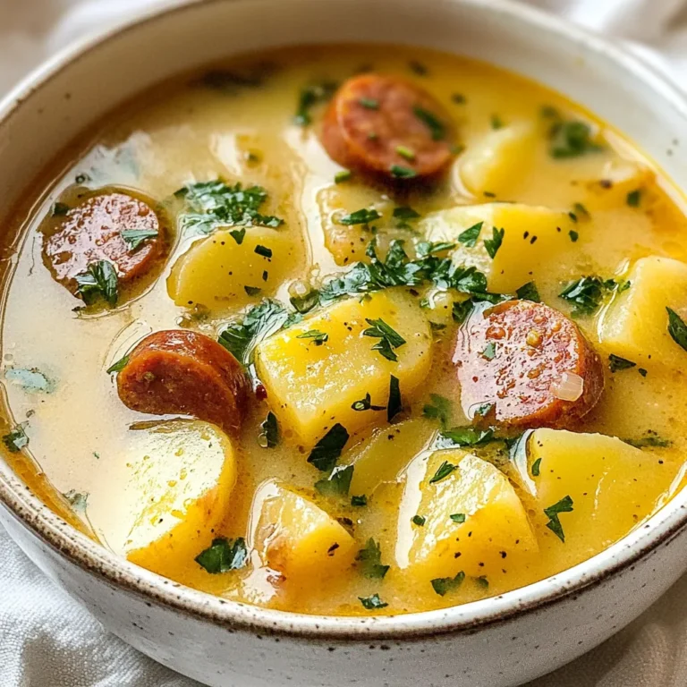 To make delicious Kielbasa Potato Soup, gather these ingredients: - 1 lb kielbasa, sliced into rounds - 4 medium potatoes, peeled and diced - 1 medium onion, chopped - 3 cloves garlic, minced - 4 cups chicken broth - 1 cup heavy cream - 1 teaspoon smoked paprika - Salt and pepper to taste - 2 tablespoons olive oil - 1 cup frozen corn (optional) - Fresh parsley, chopped (for garnish) When measuring ingredients, use dry measuring cups for solids. For liquids, opt for a liquid measuring cup. Remember to level off dry ingredients with a straight edge. This helps ensure your soup turns out just right. For spices, a good rule is to use a teaspoon for small amounts and a tablespoon for larger ones. Measuring accurately gives your soup the best flavor. Choose high-quality kielbasa from a trusted source. Look for brands with natural ingredients and minimal fillers. For potatoes, Yukon Golds work well. They are creamy and hold their shape nicely. Fresh garlic and onion make a big difference in taste. If possible, opt for homemade chicken broth for richer flavor. If you like a fresh touch, use organic parsley for garnish. Quality ingredients make this soup a true comfort dish. {{ingredient_image_1}} 1. Gather your ingredients. You need kielbasa, potatoes, onion, garlic, and chicken broth. 2. Peel and dice the potatoes. Aim for small, even pieces for uniform cooking. 3. Chop one medium onion and mince three cloves of garlic. 4. Slice the kielbasa into rounds. This will help it cook evenly in the soup. 1. In a large pot, heat two tablespoons of olive oil over medium heat. 2. Add the chopped onion. Sauté for about five minutes until it is soft and clear. 3. Stir in the minced garlic and sliced kielbasa. Cook for four to five minutes until the kielbasa gets a bit brown. 4. Add the diced potatoes to the pot, then pour in four cups of chicken broth. 5. Bring the mixture to a boil. Once it boils, lower the heat and let it simmer. 6. Stir in one teaspoon of smoked paprika. Let the soup simmer for 15 to 20 minutes until the potatoes are soft. 7. If you want corn, add one cup during the last five minutes of cooking. 8. Use an immersion blender to puree some of the soup. This gives it a creamy feel but keeps some chunks. 9. Pour in one cup of heavy cream, then add salt and pepper to taste. Heat it for another five minutes. 1. Ladle the soup into bowls. 2. Sprinkle fresh parsley on top for a nice color and flavor. 3. Serve with crusty bread. It’s perfect for soaking up that delicious broth! To make the best Kielbasa Potato Soup, focus on a few key steps. Start by sautéing the onion until it turns soft. This adds sweetness and depth to your soup. When adding garlic, stir it in quickly. You want it fragrant, not burnt. Use good-quality kielbasa; it makes a big difference in flavor. For a rich taste, add smoked paprika early. This lets its flavor bloom as the soup cooks. When blending, only puree part of the soup. This keeps some potatoes chunky for texture. Finally, add cream at the end to keep it smooth and rich. Many people rush the cooking time. Don't skip letting the potatoes simmer long enough. They should be soft and tender for the best soup. Overcooking garlic can make it bitter, so watch it closely. Using too much broth can dilute the flavor. Stick to the recipe amounts for the best taste. Don’t forget to taste and adjust the salt and pepper. This small step can change your soup from good to great. Serve your Kielbasa Potato Soup hot in deep bowls. A sprinkle of fresh parsley adds a nice touch and bright color. Crusty bread or rolls are perfect for dipping. You can also offer a side salad for a fresh contrast. This soup pairs well with a light white wine, bringing out its flavors. Enjoy it with friends or family for a cozy meal. Each bowl is a warm hug on a chilly day! Pro Tips Use Quality Kielbasa: For the best flavor, select a high-quality kielbasa with a good balance of spices. This will enhance the overall taste of your soup. Perfect Potato Texture: Opt for waxy potatoes like Yukon Gold for a creamy texture that holds its shape well. Avoid starchy potatoes that may break down too much. Enhance with Herbs: Add fresh herbs like thyme or dill for an extra layer of flavor. Stir them in right before serving for the best aroma. Adjust Creaminess: For a lighter soup, reduce the amount of heavy cream or substitute half-and-half. This keeps the soup rich without being overly heavy. {{image_2}} You can swap kielbasa for other meats like smoked sausage or turkey sausage. If you want a vegetarian option, use mushrooms or a plant-based sausage. Instead of potatoes, try sweet potatoes for a different flavor. You can also add diced carrots or bell peppers to enhance the taste and texture. Frozen corn adds sweetness, but you can use peas instead if you prefer. For a lighter soup, replace heavy cream with half-and-half or milk. If you are lactose intolerant, almond milk or coconut cream works well too. To make the soup gluten-free, ensure your broth is certified gluten-free. For a low-sodium version, choose low-sodium broth and limit added salt. You can also add more veggies for added fiber and nutrients. Serve the soup in bowls with a sprinkle of fresh parsley on top. Pair it with crusty bread for dipping. You can also top it with shredded cheese for extra flavor. For a fun twist, serve it in a bread bowl. Enjoy it with a side salad for a balanced meal. If you like spice, add a dash of hot sauce before serving. To keep your soup fresh, let it cool first. Transfer the soup to an airtight container. It stays good in the fridge for up to three days. Make sure to label the container with the date. This way, you won't forget how old it is. Reheat the soup on the stove for best results. Pour the soup into a pot and heat it over medium. Stir often until it is hot. You can also use the microwave. Place the soup in a microwave-safe bowl. Heat in 30-second bursts, stirring in between. Freezing works well for this soup. Use freezer-safe containers or heavy-duty bags. Leave some space in the container for expansion. Kielbasa Potato Soup can freeze for up to three months. When ready to eat, thaw it overnight in the fridge before reheating. Yes, you can use different sausages. Try smoked sausage, turkey sausage, or even chorizo. Each type will add its own flavor to the soup. Just slice them the same way as kielbasa. This change can make your soup unique and exciting. To thicken the soup, you have a few options. You can mash some of the potatoes in the pot. This adds creaminess without extra steps. Another way is to add a slurry of cornstarch and water. Mix them in a small bowl before adding to the soup. Let it cook for a few minutes to thicken it up. Kielbasa Potato Soup pairs well with crusty bread. This helps to soak up the tasty broth. You can also serve a simple salad on the side. A light green salad adds freshness and crunch. If you want something warm, try a slice of garlic bread too. Kielbasa Potato Soup lasts about 3 to 4 days in the fridge. Store it in an airtight container to keep it fresh. If you want to keep it longer, consider freezing it. Just make sure to leave some space in the container for expansion. This blog post covered the key ingredients for Kielbasa Potato Soup and how to prepare it. We discussed measuring tips, quality suggestions, and step-by-step instructions for cooking. You learned how to avoid common mistakes and explored variations to suit different diets. Storage tips help keep your soup fresh and tasty. Remember, great soup comes from fresh ingredients and careful cooking. Enjoy the process and share with friends!
