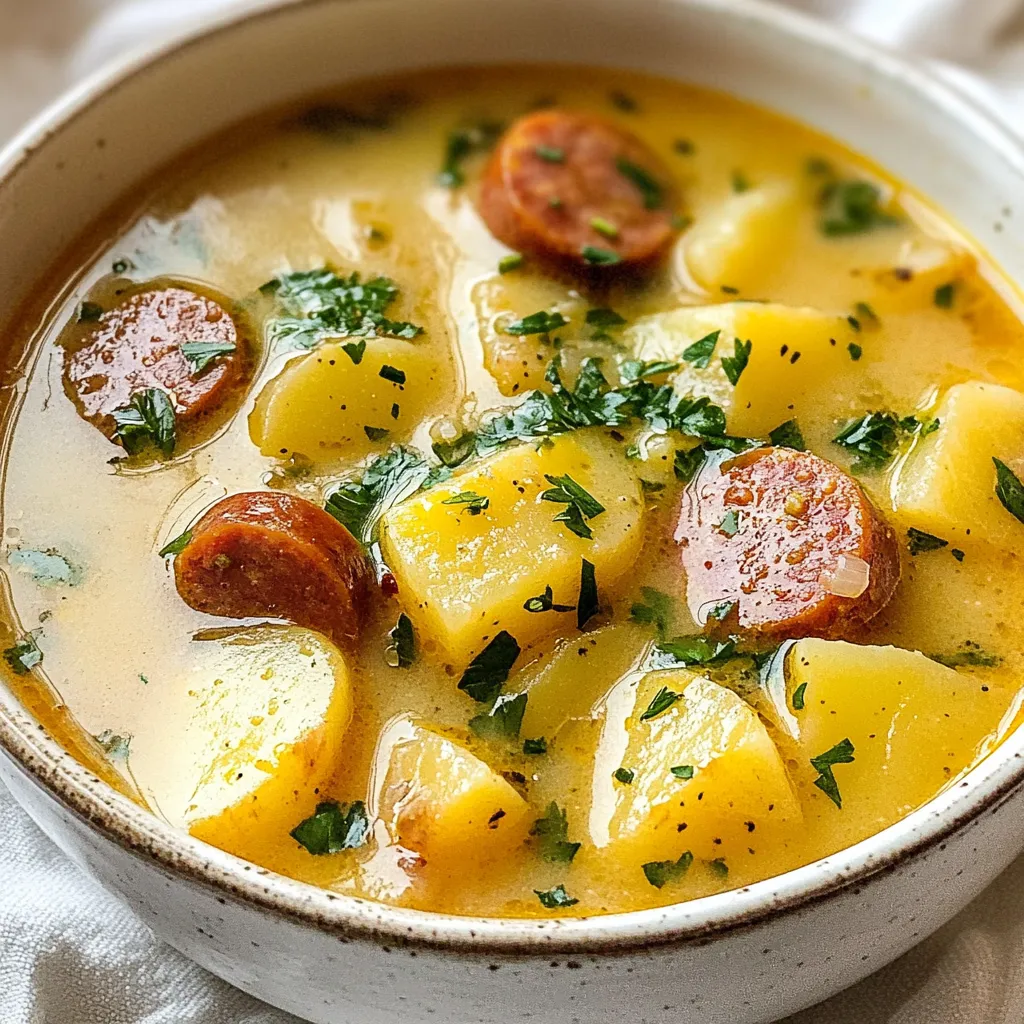 To make delicious Kielbasa Potato Soup, gather these ingredients: - 1 lb kielbasa, sliced into rounds - 4 medium potatoes, peeled and diced - 1 medium onion, chopped - 3 cloves garlic, minced - 4 cups chicken broth - 1 cup heavy cream - 1 teaspoon smoked paprika - Salt and pepper to taste - 2 tablespoons olive oil - 1 cup frozen corn (optional) - Fresh parsley, chopped (for garnish) When measuring ingredients, use dry measuring cups for solids. For liquids, opt for a liquid measuring cup. Remember to level off dry ingredients with a straight edge. This helps ensure your soup turns out just right. For spices, a good rule is to use a teaspoon for small amounts and a tablespoon for larger ones. Measuring accurately gives your soup the best flavor. Choose high-quality kielbasa from a trusted source. Look for brands with natural ingredients and minimal fillers. For potatoes, Yukon Golds work well. They are creamy and hold their shape nicely. Fresh garlic and onion make a big difference in taste. If possible, opt for homemade chicken broth for richer flavor. If you like a fresh touch, use organic parsley for garnish. Quality ingredients make this soup a true comfort dish. {{ingredient_image_1}} 1. Gather your ingredients. You need kielbasa, potatoes, onion, garlic, and chicken broth. 2. Peel and dice the potatoes. Aim for small, even pieces for uniform cooking. 3. Chop one medium onion and mince three cloves of garlic. 4. Slice the kielbasa into rounds. This will help it cook evenly in the soup. 1. In a large pot, heat two tablespoons of olive oil over medium heat. 2. Add the chopped onion. Sauté for about five minutes until it is soft and clear. 3. Stir in the minced garlic and sliced kielbasa. Cook for four to five minutes until the kielbasa gets a bit brown. 4. Add the diced potatoes to the pot, then pour in four cups of chicken broth. 5. Bring the mixture to a boil. Once it boils, lower the heat and let it simmer. 6. Stir in one teaspoon of smoked paprika. Let the soup simmer for 15 to 20 minutes until the potatoes are soft. 7. If you want corn, add one cup during the last five minutes of cooking. 8. Use an immersion blender to puree some of the soup. This gives it a creamy feel but keeps some chunks. 9. Pour in one cup of heavy cream, then add salt and pepper to taste. Heat it for another five minutes. 1. Ladle the soup into bowls. 2. Sprinkle fresh parsley on top for a nice color and flavor. 3. Serve with crusty bread. It’s perfect for soaking up that delicious broth! To make the best Kielbasa Potato Soup, focus on a few key steps. Start by sautéing the onion until it turns soft. This adds sweetness and depth to your soup. When adding garlic, stir it in quickly. You want it fragrant, not burnt. Use good-quality kielbasa; it makes a big difference in flavor. For a rich taste, add smoked paprika early. This lets its flavor bloom as the soup cooks. When blending, only puree part of the soup. This keeps some potatoes chunky for texture. Finally, add cream at the end to keep it smooth and rich. Many people rush the cooking time. Don't skip letting the potatoes simmer long enough. They should be soft and tender for the best soup. Overcooking garlic can make it bitter, so watch it closely. Using too much broth can dilute the flavor. Stick to the recipe amounts for the best taste. Don’t forget to taste and adjust the salt and pepper. This small step can change your soup from good to great. Serve your Kielbasa Potato Soup hot in deep bowls. A sprinkle of fresh parsley adds a nice touch and bright color. Crusty bread or rolls are perfect for dipping. You can also offer a side salad for a fresh contrast. This soup pairs well with a light white wine, bringing out its flavors. Enjoy it with friends or family for a cozy meal. Each bowl is a warm hug on a chilly day! Pro Tips Use Quality Kielbasa: For the best flavor, select a high-quality kielbasa with a good balance of spices. This will enhance the overall taste of your soup. Perfect Potato Texture: Opt for waxy potatoes like Yukon Gold for a creamy texture that holds its shape well. Avoid starchy potatoes that may break down too much. Enhance with Herbs: Add fresh herbs like thyme or dill for an extra layer of flavor. Stir them in right before serving for the best aroma. Adjust Creaminess: For a lighter soup, reduce the amount of heavy cream or substitute half-and-half. This keeps the soup rich without being overly heavy. {{image_2}} You can swap kielbasa for other meats like smoked sausage or turkey sausage. If you want a vegetarian option, use mushrooms or a plant-based sausage. Instead of potatoes, try sweet potatoes for a different flavor. You can also add diced carrots or bell peppers to enhance the taste and texture. Frozen corn adds sweetness, but you can use peas instead if you prefer. For a lighter soup, replace heavy cream with half-and-half or milk. If you are lactose intolerant, almond milk or coconut cream works well too. To make the soup gluten-free, ensure your broth is certified gluten-free. For a low-sodium version, choose low-sodium broth and limit added salt. You can also add more veggies for added fiber and nutrients. Serve the soup in bowls with a sprinkle of fresh parsley on top. Pair it with crusty bread for dipping. You can also top it with shredded cheese for extra flavor. For a fun twist, serve it in a bread bowl. Enjoy it with a side salad for a balanced meal. If you like spice, add a dash of hot sauce before serving. To keep your soup fresh, let it cool first. Transfer the soup to an airtight container. It stays good in the fridge for up to three days. Make sure to label the container with the date. This way, you won't forget how old it is. Reheat the soup on the stove for best results. Pour the soup into a pot and heat it over medium. Stir often until it is hot. You can also use the microwave. Place the soup in a microwave-safe bowl. Heat in 30-second bursts, stirring in between. Freezing works well for this soup. Use freezer-safe containers or heavy-duty bags. Leave some space in the container for expansion. Kielbasa Potato Soup can freeze for up to three months. When ready to eat, thaw it overnight in the fridge before reheating. Yes, you can use different sausages. Try smoked sausage, turkey sausage, or even chorizo. Each type will add its own flavor to the soup. Just slice them the same way as kielbasa. This change can make your soup unique and exciting. To thicken the soup, you have a few options. You can mash some of the potatoes in the pot. This adds creaminess without extra steps. Another way is to add a slurry of cornstarch and water. Mix them in a small bowl before adding to the soup. Let it cook for a few minutes to thicken it up. Kielbasa Potato Soup pairs well with crusty bread. This helps to soak up the tasty broth. You can also serve a simple salad on the side. A light green salad adds freshness and crunch. If you want something warm, try a slice of garlic bread too. Kielbasa Potato Soup lasts about 3 to 4 days in the fridge. Store it in an airtight container to keep it fresh. If you want to keep it longer, consider freezing it. Just make sure to leave some space in the container for expansion. This blog post covered the key ingredients for Kielbasa Potato Soup and how to prepare it. We discussed measuring tips, quality suggestions, and step-by-step instructions for cooking. You learned how to avoid common mistakes and explored variations to suit different diets. Storage tips help keep your soup fresh and tasty. Remember, great soup comes from fresh ingredients and careful cooking. Enjoy the process and share with friends!