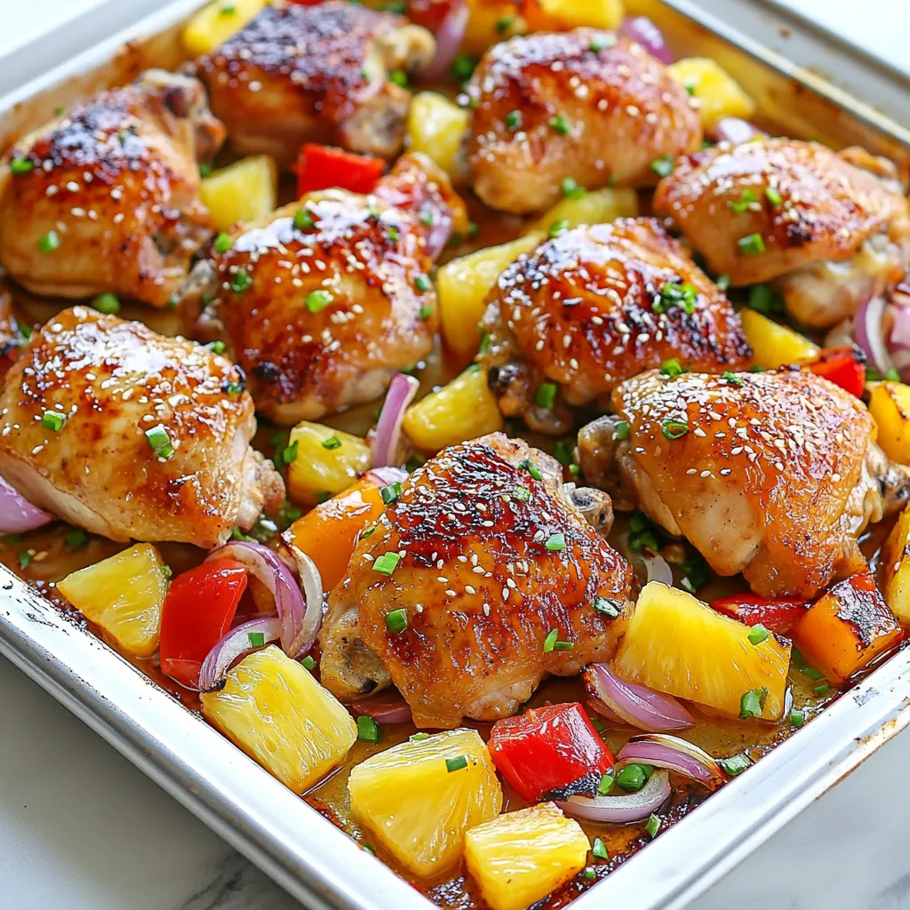 - 4 chicken thighs, bone-in, and skin-on - 1 cup fresh pineapple, diced - 1 red bell pepper, sliced - 1 yellow bell pepper, sliced - 1 red onion, cut into wedges - 1 tablespoon olive oil - 1 tablespoon soy sauce - 1 tablespoon honey - 3 cloves garlic, minced - 1 teaspoon fresh ginger, grated - 1 teaspoon sesame oil - Salt and pepper to taste - Green onions, chopped (for garnish) - Sesame seeds (for garnish) The main ingredients for this dish highlight the chicken and fresh produce. The chicken thighs bring a juicy texture and rich flavor. I love using bone-in and skin-on thighs because they stay moist during cooking. The fresh pineapple adds a sweet, tropical taste that pairs perfectly with the savory chicken. The colorful bell peppers and red onion not only make the dish look great but add crunch and flavor. Slicing them thin lets them cook evenly. The marinade ingredients bring depth to the chicken. Olive oil adds richness, while soy sauce gives it an umami kick. Honey balances the saltiness with a touch of sweetness. Minced garlic and grated ginger add warmth and zest. Sesame oil provides a nutty flavor that ties everything together. This dish is not just about taste but also presentation. The vibrant colors of the vegetables and the golden chicken make it a feast for the eyes. When you serve this, your guests will be amazed at how beautiful and flavorful it is! {{ingredient_image_1}} To start, gather a large mixing bowl. In this bowl, combine: - 1 tablespoon olive oil - 1 tablespoon soy sauce - 1 tablespoon honey - 3 cloves garlic, minced - 1 teaspoon fresh ginger, grated - 1 teaspoon sesame oil Mix these ingredients well to form a tasty marinade. Now, take your 4 chicken thighs and add them to the bowl. Make sure each piece is well-coated. Let the chicken soak in the marinade for about 15-20 minutes. This step really boosts the flavor. While your chicken marinates, it’s time to prep the sheet pan. First, grab your parchment paper. Line the sheet pan with it for easy cleanup later. Next, take your diced pineapple, sliced red and yellow bell peppers, and red onion wedges. Spread these colorful veggies evenly on the prepared sheet pan. Sprinkle with salt and pepper, then toss gently to combine. Now, preheat your oven to 400°F (200°C). Once it's ready, place the marinated chicken thighs on top of the vegetables and pineapple. Slide the sheet pan into the oven and bake for 25-30 minutes. You want the chicken to reach an internal temperature of 165°F (74°C) and show a nice golden brown color on the skin. If you want some extra crispiness, broil for an additional 2-3 minutes. Just keep a close eye on it to prevent burning. Once done, take it out and let it rest for a few minutes before serving. To ensure your chicken is safe to eat, always check for an internal temperature of 165°F (74°C). You can use a meat thermometer for accuracy. Insert it into the thickest part of the chicken. If it reads 165°F, your chicken is done. After baking, let the chicken rest for a few minutes. Resting allows the juices to redistribute. This step keeps your chicken moist and tasty. Using parchment paper is a game-changer for cleanup. It helps with easy removal of food from the pan. Just lift the edges, and your meal is ready to serve. To minimize dishes during prep, use one bowl for the marinade. Mix all the ingredients there. Then, place the marinated chicken in the same bowl. This way, you cut down on washing extra dishes. For extra flavor, consider adding spices like cayenne pepper or smoked paprika. These can add warmth and depth to your dish. A pinch of red pepper flakes can also give a nice kick. Marinating your chicken for longer than 20 minutes can make a big difference. If you have time, let it marinate for a few hours. This extra time helps the flavors soak in deeply, making your chicken even more delicious. Pro Tips Marinate Longer for More Flavor: For even more intense flavor, consider marinating the chicken thighs for 1-2 hours or overnight in the refrigerator. Use Fresh Ingredients: Fresh pineapple and vegetables not only enhance the flavor but also provide a better texture compared to canned or frozen options. Check Chicken Temperature: Always use a meat thermometer to ensure your chicken reaches 165°F (74°C) for safe consumption. Customize Vegetables: Feel free to add or substitute your favorite vegetables such as zucchini or snap peas to suit your taste! {{image_2}} You can switch up the chicken in this dish. Using chicken breasts or thighs works great. Chicken thighs stay juicy and flavorful. Chicken breasts cook faster but can dry out if overcooked. You can also use seafood. Shrimp cooks quickly and adds a sweet taste. Fish like salmon or tilapia pairs well with the marinade. Just adjust the cooking time as seafood cooks faster than chicken. Feel free to get creative with your vegetables. You can use seasonal options like zucchini, broccoli, or carrots. These add color and nutrition to your meal. Adding leafy greens like spinach or kale gives extra health benefits. Toss them on the sheet pan for the last few minutes of baking. They will wilt but still hold their flavor and nutrients. Mix it up with different fruits. Mango adds a tropical twist, while sweet potatoes bring a hearty touch. Both pair well with the marinade and add sweetness. You can also try different marinades. Use teriyaki or barbecue sauce for a new flavor. These options will change the taste while keeping the meal fun and exciting. To keep your Hawaiian Chicken Sheet Pan fresh, use airtight containers. First, let the dish cool down. Once cooled, place the chicken and veggies in a container. Seal it tightly to keep moisture inside. Store in the fridge for up to three days. This way, you can enjoy the flavors later without losing quality. When it’s time to reheat, moisture is key. For best results, use an oven. Preheat it to 350°F (175°C). Place the chicken on a baking sheet and cover it with foil. This keeps the chicken juicy. Heat for about 15-20 minutes. If you use a microwave, set it at medium power. Heat in short bursts, checking to avoid drying it out. Freezing is a great way to save portions for later. Cut the chicken and veggies into meal-sized pieces. Use freezer-safe bags or airtight containers. Remove as much air as possible. Label the bags with the date. To thaw, place it in the fridge overnight. For reheating, use the oven or microwave as mentioned before. Enjoy your meal with ease! Cooking Hawaiian Chicken on a sheet pan takes about 25 to 30 minutes. First, you need to prepare the chicken and veggies. This takes about 20 minutes. So, the total time is around 50 minutes. Preheat your oven to 400°F (200°C) before you start. This helps the chicken cook evenly. Make sure the chicken's internal temperature hits 165°F (74°C) to know it's ready to eat. Yes, you can use skinless chicken. Skin adds flavor and keeps the meat moist. Without skin, the chicken may dry out faster. If you choose skinless chicken, try marinating it longer. This helps add flavor and moisture. You can also brush a little extra olive oil on the chicken as it cooks. You can serve many sides with Hawaiian Chicken. Here are some ideas: - Steamed rice: It soaks up the tasty juices. - Quinoa: A healthy and filling option. - Coconut rice: For a tropical twist. - Grilled corn on the cob: A fun summer side. - Coleslaw: Adds crunch and freshness. For a beach-themed meal, think about adding tropical fruit salad or a refreshing cucumber salad. These sides bring a bright touch to your dinner and make it feel like a mini-vacation. Enjoy your meal! This blog post covered how to make Hawaiian Chicken on a sheet pan. You learned about key ingredients, the marinating process, and how to cook it perfectly. Tips on storage, reheating, and variations gave you options to try. Remember, cooking is fun and creative. Don’t hesitate to change up ingredients or flavors. Enjoy your cooking and share this delicious dish with others. Happy cooking!