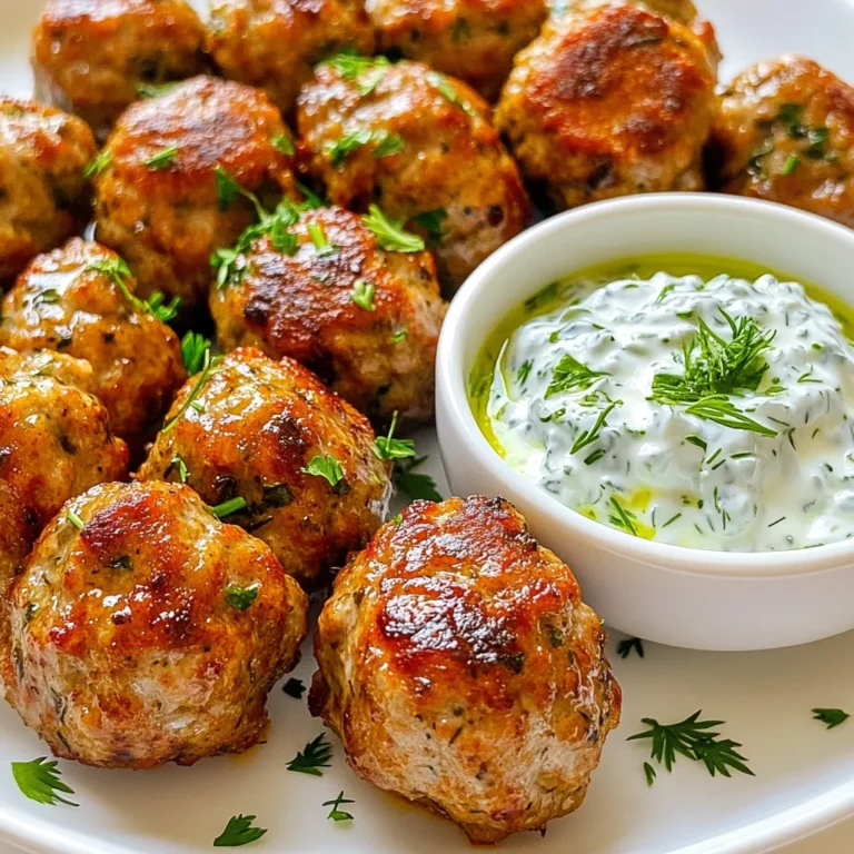 I love using ground turkey for its light flavor and health benefits. It keeps the meatballs tender. You can also try ground chicken or lean beef if you want. Each protein brings a unique taste. Just remember to cook them until they reach 165°F for safety. Fresh vegetables and herbs make these meatballs shine. You need: - 1/2 cup breadcrumbs - 1/4 cup grated Parmesan cheese - 1/4 cup finely chopped fresh parsley - 1/4 cup finely chopped red onion - 2 cloves garlic, minced - 1 teaspoon dried oregano - 1/2 teaspoon salt - 1/4 teaspoon black pepper - 1 large egg These ingredients add flavor and moisture. The parsley gives a fresh taste, while the onion adds sweetness. Garlic and oregano bring a nice aroma. Tzatziki is the perfect cool dip for these meatballs. Here's what you need: - 1 cup Greek yogurt - 1/2 cucumber, grated and excess moisture squeezed out - 1 clove garlic, minced - 1 tablespoon olive oil - 1 tablespoon white vinegar - 1 tablespoon chopped fresh dill - Salt and pepper to taste The Greek yogurt makes it creamy. The cucumber adds crunch and freshness. Garlic and dill give it a nice kick. This sauce pairs perfectly with the meatballs. {{ingredient_image_1}} Start by gathering all your ingredients. In a large bowl, mix together: - 1 lb ground turkey - 1/2 cup breadcrumbs - 1/4 cup grated Parmesan cheese - 1/4 cup finely chopped fresh parsley - 1/4 cup finely chopped red onion - 2 cloves garlic, minced - 1 teaspoon dried oregano - 1/2 teaspoon salt - 1/4 teaspoon black pepper - 1 large egg Use your hands to combine everything. Make sure it is mixed well, but don’t overwork it. This keeps the meatballs tender. Next, heat a large skillet over medium heat. Add 1 tablespoon of olive oil. With wet hands, shape your mixture into 1.5-inch meatballs. Place them gently into the skillet. Cook for about 5-7 minutes on each side. You want them to be golden brown and reach an internal temperature of 165°F. Keep an eye on them. You can move them around to ensure even cooking. Once done, remove them and let them drain on a paper towel. This helps absorb extra oil. While the meatballs cook, prepare the tzatziki. In a mixing bowl, combine: - 1 cup Greek yogurt - 1/2 cucumber, grated and excess moisture squeezed out - 1 clove garlic, minced - 1 tablespoon olive oil - 1 tablespoon white vinegar - 1 tablespoon chopped fresh dill - Salt and pepper to taste Mix until smooth and well combined. Taste and adjust the salt and pepper if needed. Now, you have delicious Greek turkey meatballs ready to enjoy with your fresh tzatziki! To keep meatballs juicy, use ground turkey with some fat. Look for a blend that is 85% lean. This helps add moisture. Adding grated onion and garlic also adds flavor and helps with moisture. Don’t overmix the meatball mixture. Mix until just combined. Form the meatballs gently. Wet hands help shape them without sticking. Cook them right away for the best texture. For a tastier tzatziki, use full-fat Greek yogurt. This gives it a rich, creamy texture. Squeeze out extra moisture from the cucumber to avoid a watery sauce. Fresh dill adds a nice touch. You can also add a splash of lemon juice for brightness. Taste the tzatziki as you mix. Adjust the salt and pepper to your liking. A little garlic goes a long way, so use it wisely. You can fry, bake, or grill meatballs. Frying gives a nice crust. Heat olive oil in a skillet over medium heat. Cook each meatball for about 5-7 minutes until golden brown. Baked meatballs are healthier. Preheat your oven to 400°F. Place them on a baking sheet and cook for 20 minutes. Grilling adds a smoky flavor. Just be sure to keep an eye on them. No matter the method, ensure they reach an internal temp of 165°F. Pro Tips Keep it Moist: To ensure your turkey meatballs remain juicy, avoid overmixing the ingredients and consider adding a tablespoon of milk to the mixture. Use Fresh Herbs: For the best flavor, use fresh parsley and dill instead of dried. Fresh herbs enhance the taste and aroma of the meatballs and tzatziki. Control the Heat: When frying the meatballs, keep the heat at medium to prevent burning while ensuring they cook through evenly. Adjust as needed. Let the Tzatziki Chill: For the best flavor, refrigerate the tzatziki for at least 30 minutes before serving. This allows the flavors to meld beautifully. {{image_2}} To spice things up, add some heat to your turkey meatballs. You can mix in a teaspoon of red pepper flakes or cayenne pepper. This will give your meatballs a nice kick. You can also serve them with a sriracha sauce or a spicy tzatziki. This variation is great for those who love bold flavors. If you want a meatless version, use chickpeas instead of turkey. Start with one can of drained and rinsed chickpeas. Mash them well and mix in breadcrumbs, herbs, and spices like in the original recipe. This chickpea version is still packed with flavor and protein. It’s a tasty option for vegetarians or anyone wanting to try something new. You can serve the meatballs in many ways. Try them in pita bread with fresh veggies. This makes a great sandwich. You can also serve them on a bed of rice or quinoa for a hearty meal. For a lighter option, enjoy them on a salad with tzatziki on top. Each serving style adds a new twist to this classic dish. To keep your leftover Greek turkey meatballs fresh, place them in an airtight container. Make sure they cool down first. This helps them stay moist. Label the container with the date. Store them in the fridge for up to three days. If you want them to last longer, consider freezing them. You can freeze meatballs for later use. First, let them cool completely. Then, arrange them in a single layer on a baking sheet. Freeze them for about two hours. Once frozen, transfer the meatballs to a freezer-safe bag. This helps avoid sticking. For tzatziki, place it in a separate airtight container. It can last in the freezer for up to one month. To reheat the meatballs, you can use the oven or microwave. If using the oven, preheat it to 350°F. Place the meatballs on a baking sheet and heat for about 15 minutes. If using a microwave, place them in a microwave-safe dish. Heat for 1-2 minutes, checking often. For the tzatziki, simply take it out of the fridge. Stir it well before serving. Enjoy the flavors again! Yes, you can make Greek turkey meatballs ahead of time. Prepare the meatballs and store them in the fridge. You can also freeze them for later. Just make sure they cool down first. Before serving, cook them in a skillet or oven. This saves time and keeps dinner easy. You can serve Greek turkey meatballs with many tasty sides. Here are some ideas: - Pita bread - Sliced cucumbers - Cherry tomatoes - Greek salad - Rice or quinoa These pair well and add color to your plate. You can also add extra tzatziki for a fun twist. Leftover Greek turkey meatballs last about 3 to 4 days in the fridge. Store them in an airtight container. Make sure to keep the tzatziki separate if you have leftovers. This keeps everything fresh and tasty. If you want to keep them longer, consider freezing them. Just thaw and reheat when you're ready to enjoy! Greek turkey meatballs are a tasty and healthy option for meals. We explored key ingredients, from ground turkey to fresh herbs. You learned to prepare the meatball mixture and tzatziki sauce in simple steps. I shared tips to keep meatballs moist and enhance tzatziki flavor. You can also try fun variations, like spicy meatballs or chickpea options. For storage, I offered advice on keeping leftovers fresh. Overall, these meatballs bring flavor and health to your table. Enjoy making them for yourself and your family!