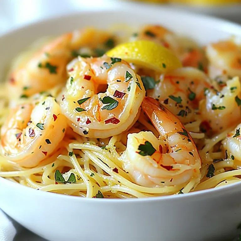 - 1 lb large shrimp, peeled and deveined - 4 cloves garlic, minced - 1/4 cup unsalted butter - 2 tablespoons olive oil - Juice and zest of 1 large lemon - 1 teaspoon red pepper flakes (adjust to taste) - Salt and pepper to taste - 1/4 cup fresh parsley, chopped - 8 oz spaghetti or linguine - Grated Parmesan cheese for serving (optional) Each ingredient in this dish plays a key role. The large shrimp give a sweet and tender bite. The garlic adds a strong, savory flavor. Butter and olive oil work together to create a rich base. The lemon brings brightness and tang to every bite. For seasoning, red pepper flakes add a kick. You can adjust them to fit your taste. Fresh parsley adds a pop of color and freshness. Salt and pepper enhance all the flavors. The pasta, whether spaghetti or linguine, serves as a perfect canvas. It soaks up the delicious lemon garlic sauce. Grated Parmesan cheese, while optional, adds a nice creamy touch. Gather these ingredients to make a simple and flavorful meal that shines on your table. {{ingredient_image_1}} - Bring salted water to a boil. - Cook spaghetti or linguine until al dente. - Reserve 1 cup of pasta water and drain the pasta. First, you need to boil water with salt. Salt adds flavor to the pasta. Use a large pot, so the pasta has room to cook. The pasta should cook until it's firm but not hard. This is called al dente. After cooking, save one cup of that starchy water. It helps thicken the sauce later. Then, drain the pasta. - Melt butter and olive oil in a skillet. - Add minced garlic and red pepper flakes. - Cook until fragrant. In a big skillet, melt butter with olive oil. The mix gives a rich flavor. Once melted, toss in the minced garlic and red pepper flakes. Cook this for about a minute. You want to smell that garlic! It adds a great taste to your dish. - Toss in shrimp, season with salt and pepper. - Cook until pink and opaque. Now, add the shrimp to the skillet. Make sure to season with salt and pepper. Stir them around and let them cook for about 2 to 3 minutes on each side. You’ll know they’re done when they turn pink and opaque. This step is key for a tender shrimp. - Squeeze lemon juice and add zest. - Use reserved pasta water to adjust sauce consistency. - Toss cooked pasta in the skillet. Time for the bright flavor! Squeeze the lemon juice right into the pan. Add lemon zest for extra zing. If your sauce looks too dry, pour in some of that reserved pasta water. It will help create a light sauce. Toss in the cooked pasta and mix everything well. - Stir in chopped parsley. - Taste and adjust seasoning as necessary. - Plate and garnish with parsley and Parmesan (if desired). Lastly, stir in fresh chopped parsley for a pop of color and taste. Always taste your dish! You can add more salt or pepper if needed. Once ready, plate your pasta and shrimp. Garnish with extra parsley and Parmesan cheese if you like. Enjoy your meal! To make the best shrimp scampi, avoid overcooking the shrimp. Overcooked shrimp can turn rubbery and tough. Cook the shrimp until they are just pink and opaque. This usually takes about 2-3 minutes per side. Keep an eye on them, and don’t walk away! If you like heat, you can change the red pepper flakes to your taste. Start with a little, then add more if you want. If you prefer a brighter flavor, squeeze in more lemon juice. You can never go wrong with extra lemon! Using reserved pasta water is key for a creamy sauce. This water helps bind the sauce and pasta together. Add it slowly until you find the right consistency. Incorporate butter evenly into the mix for a smooth finish. This gives your dish a rich and velvety texture. Pro Tips Fresh Ingredients: Always use fresh shrimp and garlic for the best flavor. Fresh ingredients elevate the overall taste of the dish. Adjust Spice Level: The red pepper flakes can be adjusted to your heat preference. Add more for a spicier kick or reduce for a milder flavor. Reserve Pasta Water: Don’t forget to reserve some pasta water before draining. This starchy water can help create a creamy sauce consistency. Garnish Wisely: Fresh parsley not only adds color but also enhances freshness. Consider adding lemon slices on top for a beautiful presentation. {{image_2}} You can easily add vegetables to your Lemon Garlic Shrimp Scampi. Some great choices are: - Spinach - Cherry tomatoes - Bell peppers Try to pick seasonal vegetables for the best flavor. In spring, use asparagus. In summer, add zucchini or corn. Fall brings great options like squash or mushrooms. Each adds a fresh taste and color to the dish. If you want to change the pasta, there are many options. You can use: - Gluten-free pasta - Whole wheat pasta Other noodle types, like fettuccine or even zucchini noodles, work well too. Each type brings a unique twist to your dish while keeping it delicious. If shrimp isn't your favorite, you can swap it out. Here are some ideas: - Chicken pieces - Scallops For a vegetarian version, try using mushrooms or tofu. Both can soak up the lemon garlic flavor and keep your meal satisfying. To store leftovers, let the Lemon Garlic Shrimp Scampi cool down. Place it in an airtight container. You can keep it in the fridge for up to three days. This keeps the flavors fresh and safe to eat. If you need to reheat, use a skillet to warm it gently. This method helps maintain the texture. You can freeze Lemon Garlic Shrimp Scampi for later meals. First, let it cool completely. Then, portion it into freezer-safe bags. Remove as much air as possible before sealing. This helps prevent freezer burn. You can freeze it for up to three months. When ready to eat, thaw it in the fridge overnight. Reheat it in a skillet on low heat. Add a splash of pasta water if it seems dry. Pair this dish with a fresh salad or garlic bread. A light salad with greens and vinaigrette works great. For drinks, a glass of white wine like Sauvignon Blanc enhances the dish. The wine's crispness complements the lemon and shrimp flavors. Enjoy these pairings for a complete meal experience! Lemon Garlic Shrimp Scampi is a bright and flavorful dish. It features shrimp cooked in garlic, lemon juice, and butter. The dish often has a hint of spice from red pepper flakes. This meal balances rich and zesty flavors, making it a favorite for many. Yes, you can use frozen shrimp. Just make sure to thaw them first. Place them in cold water for about 15-20 minutes. Frozen shrimp can be just as tasty as fresh shrimp when cooked correctly. You can easily make this dish dairy-free. Instead of butter, use olive oil or a dairy-free butter substitute. This way, you keep the rich flavor while making it suitable for a dairy-free diet. Here are a few common mistakes: - Overcooking the shrimp can make them rubbery. Cook until they are just pink and opaque. - Adding too much salt can overpower the dish. Always taste before adding more salt. - Not reserving pasta water can lead to a dry sauce. Always save some to adjust the sauce. The total time to prepare Lemon Garlic Shrimp Scampi is about 25 minutes. You’ll need about 10 minutes to prep the ingredients. The cooking time is roughly 15 minutes, making it a quick and easy meal. This blog post covered how to make Lemon Garlic Shrimp Scampi. We discussed key ingredients and provided step-by-step instructions. You learned tips to enhance your dish, like perfect shrimp cooking and adjusting spice levels. We also explored variations to suit different tastes, along with storage methods. Now, you’re ready to create this flavorful meal at home. Don't hesitate to experiment with your favorite ingredients. Enjoy cooking!