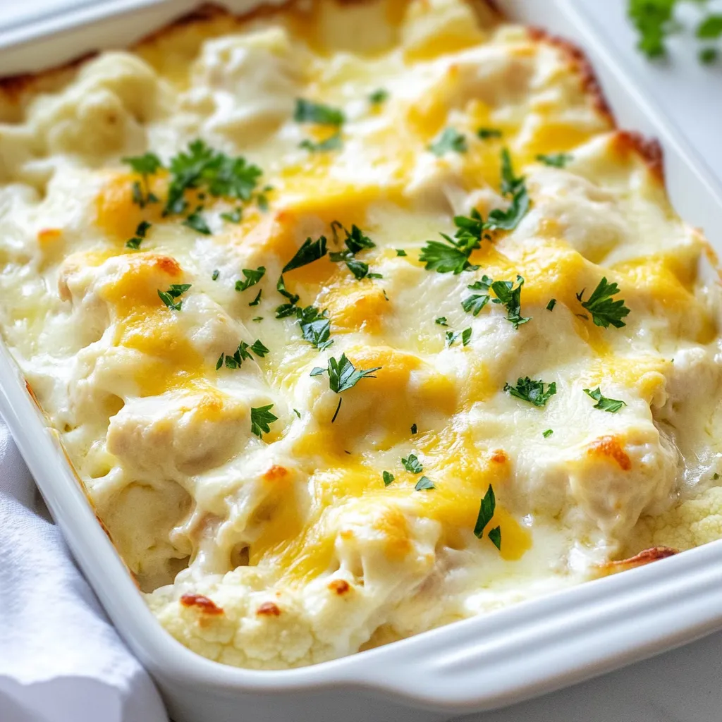 To make the Keto Chicken Alfredo Bake, you'll need: - 2 cups cooked chicken, shredded - 1 cup cauliflower florets, steamed - 1 cup heavy cream - 1 cup mozzarella cheese, shredded - ½ cup Parmesan cheese, grated - 3 cloves garlic, minced - 1 teaspoon Italian seasoning - Salt and pepper to taste - 2 tablespoons olive oil - 1 tablespoon fresh parsley, chopped (for garnish) These ingredients blend well to create a rich and creamy dish. You can swap some items to keep it keto-friendly: - Use chicken thighs instead of breasts for more flavor. - Swap heavy cream with coconut cream for a dairy-free option. - Choose nutritional yeast instead of Parmesan cheese for a vegan twist. - Use broccoli or zucchini instead of cauliflower for a different texture. These changes can help match your taste or dietary needs. Fresh ingredients make a big difference in flavor. Fresh garlic gives a bright taste, while processed garlic can taste bland. Fresh herbs add vibrant notes, while dried herbs lose some flavor over time. When you use fresh chicken, it has better texture and taste. Processed chicken can be high in sodium and preservatives. Always try to use fresh ingredients when you can. They not only taste better but also keep your dish healthy and keto-friendly. {{ingredient_image_1}} Start by gathering all your ingredients. You need cooked chicken, cauliflower, heavy cream, and cheese. Measure out everything to save time. Shred the chicken into small pieces. Steam the cauliflower florets until they are tender. This dish is all about comfort, so make sure you don’t rush. 1. Preheat your oven to 375°F (190°C). This step is key for even cooking. 2. Heat olive oil in a skillet over medium heat. Add minced garlic and sauté. This should take about one minute. You want it fragrant but not burnt. 3. Pour in the heavy cream and bring it to a gentle simmer. Stir slowly to combine. 4. Add mozzarella and Parmesan cheese. Lower the heat and stir until the cheese melts. This should be smooth and creamy. 5. Season your cheese sauce with Italian seasoning, salt, and pepper. Taste to adjust the flavors. 6. In a large bowl, mix shredded chicken with steamed cauliflower. Pour in the cheese sauce and stir well. 7. Transfer the mixture to a greased baking dish. Spread it evenly so it cooks well. 8. Top with more mozzarella cheese if you like extra gooeyness. 9. Bake for 25-30 minutes in the preheated oven. Look for a bubbly and golden top. 10. Let it sit for five minutes before serving. Garnish with fresh parsley for a pop of color. To make a great cheese sauce, start with low heat. If it’s too hot, the cheese may clump. Stir constantly as you add the cheese. This helps it melt evenly. If your sauce seems too thick, add a splash of cream or water. This keeps it smooth. Always taste your sauce. Adjust the salt and pepper to your liking. A good cheese sauce should be rich and flavorful. Shredding chicken can seem tricky, but I have some easy tips. First, use warm chicken. It shreds much better than cold chicken. If you don’t have warm chicken, heat it in the microwave for a minute. Second, use two forks. Hold one fork steady and pull the chicken with the other. This method gives you nice, even shreds. You can also use your hands if you prefer. Just be careful, as it can be hot. For a perfect bake, make sure your oven is preheated to 375°F (190°C). This step is key to getting the right texture. Spread the mixture evenly in your baking dish. This helps it cook evenly. If you want a golden top, add more mozzarella cheese before baking. Keep an eye on it. Bake for 25-30 minutes until bubbly and golden. Let it rest for five minutes after baking. This waiting time helps the dish set. Storing your leftovers is easy. Let the dish cool down to room temperature first. Then, place it in an airtight container. It will stay fresh in the fridge for up to three days. If you want to keep it longer, freeze it. Use a freezer-safe container or bag. It can last for up to three months. When you're ready to eat, simply thaw it overnight in the fridge. Reheat it in the oven or microwave until hot. Enjoy your tasty leftovers! Pro Tips Use Rotisserie Chicken: For a quicker prep, use store-bought rotisserie chicken. It’s already cooked and adds great flavor. Customize Your Cheese: Feel free to mix in other cheeses like cheddar or cream cheese to enhance the flavor and creaminess. Make it Ahead: This dish can be prepared ahead of time and stored in the fridge. Just bake before serving for a quick dinner. Garnish for Freshness: Adding fresh herbs like basil or thyme as a garnish can elevate the dish and add a pop of color. {{image_2}} You can boost the health of your Keto Chicken Alfredo Bake by adding more veggies. Greens like spinach or kale work well. Just steam them lightly before mixing them in. You can also use broccoli or zucchini. These add color and nutrients. They help you feel full, too. Remember to keep the veggies low in carbs to stick to the keto plan. While the heavy cream sauce is rich, you can switch it up. Try using coconut cream for a different flavor. It adds creaminess without dairy. You can also mix in some cream cheese for a thicker sauce. For lower fat, use Greek yogurt. It gives a tangy twist and stays keto-friendly. Just be careful not to heat it too much to avoid curdling. Adding spices can elevate your dish. If you want a kick, include red pepper flakes. They add heat and flavor depth. You can also try smoked paprika for a warm, smoky taste. Fresh herbs like basil or thyme can brighten the dish. Experiment with different herbs to find your favorite combo. Each change can transform the taste, keeping your meals exciting. This Keto Chicken Alfredo Bake is low in carbs. Each serving has about 5 grams of net carbs. The main sources of carbs come from the cauliflower. Each serving also has around 30 grams of fat. This comes mostly from the heavy cream and cheese. You can enjoy a good amount of protein too, with about 25 grams per serving from the chicken and cheese. This balance of fat, protein, and low carbs makes it great for a keto diet. Using fresh ingredients gives this dish a healthy boost. Cauliflower is high in fiber and low in calories. It helps keep you full without adding many carbs. Heavy cream adds creaminess and healthy fats. Both mozzarella and Parmesan cheese provide protein and calcium. Garlic helps with flavor and has health benefits, like boosting your immune system. Olive oil is a healthy fat that can improve heart health. Together, these ingredients support a keto lifestyle while keeping the dish tasty. Traditional Chicken Alfredo is rich in carbs due to pasta. It often has more calories and fat from butter and cream. Our Keto version swaps pasta for cauliflower, which lowers the carb count. You still get that creamy, cheesy flavor without the guilt. The keto version is also more satisfying, thanks to the high protein and healthy fats. This makes it a great option for those watching their carb intake but wanting comfort food. To make Keto Chicken Alfredo Bake dairy-free, swap the heavy cream with coconut cream. Use dairy-free cheese for the mozzarella and Parmesan. Nutritional yeast can add a cheesy flavor without dairy. You can also blend soaked cashews for a creamy texture. These swaps keep the dish rich and tasty while meeting your dietary needs. Absolutely! Using rotisserie chicken saves time and adds great flavor. Just shred the chicken and mix it with the other ingredients. Look for plain or lightly seasoned rotisserie chicken to avoid extra carbs. This makes meal prep quick and easy while keeping the dish delicious. Keto Chicken Alfredo Bake pairs well with a fresh salad. A mix of greens, cucumbers, and a light vinaigrette works great. You can also serve it with steamed broccoli or zucchini noodles for extra veggies. These sides add color and nutrition to your meal while sticking to keto. In this blog post, we explored how to make a delicious Keto Chicken Alfredo Bake. We looked at key ingredients and their fresh alternatives. You learned step-by-step cooking and tips to perfect your cheese sauce. We shared best practices for shredding chicken and storing leftovers. Variations included adding veggies and trying new sauces for flavor. Lastly, we reviewed the dish's nutritional benefits. Keep these tips in mind and enjoy cooking keto meals that taste amazing!