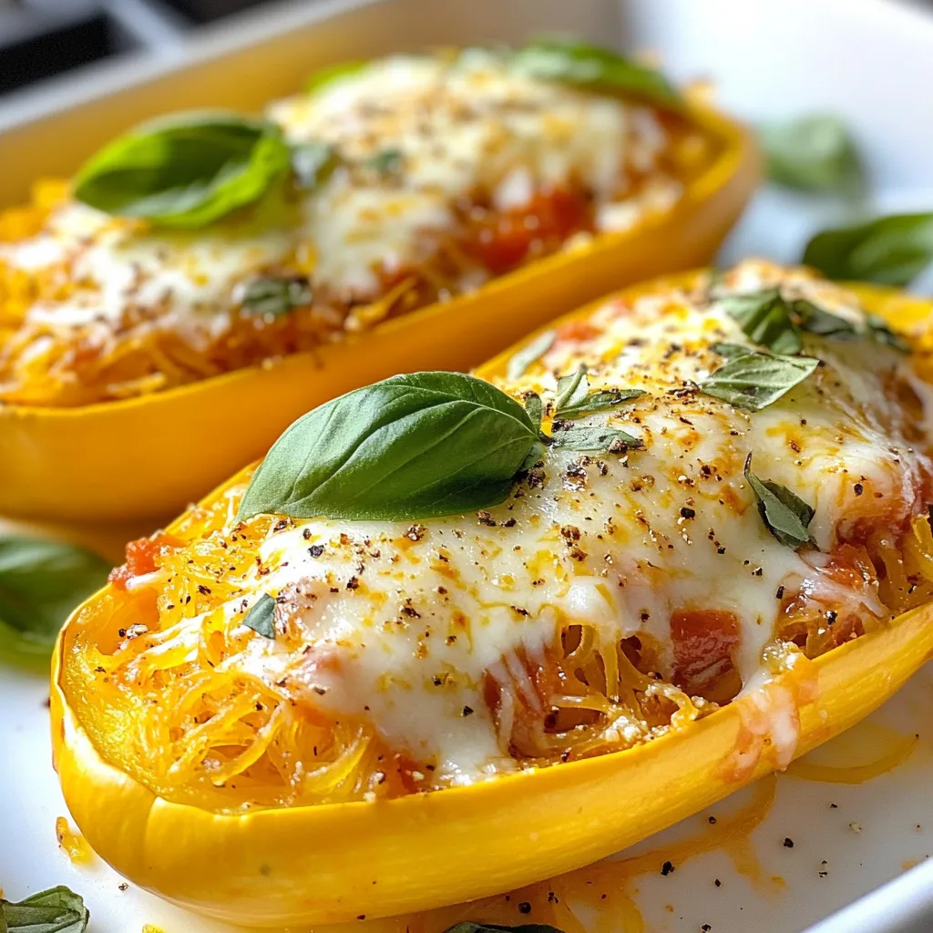 - 1 medium spaghetti squash - 2 cups marinara sauce - 1 cup ricotta cheese - 1 cup shredded mozzarella cheese - ½ cup grated Parmesan cheese Spaghetti squash is the star of this dish. It has a mild taste and a unique texture. When cooked, it pulls apart into strands like pasta. Choose a medium-sized squash for the best results. Marinara sauce adds rich flavor and moisture. The three cheeses create a creamy, cheesy filling that makes this dish special. - 1 tablespoon olive oil - 1 teaspoon garlic powder - 1 teaspoon Italian seasoning - Salt and pepper to taste Olive oil helps to enhance the flavors. It keeps the squash from drying out while roasting. Garlic powder adds depth and a savory kick. Italian seasoning brings a mix of herbs that pair well with the cheese. Don't forget to add salt and pepper; they balance the flavors. - Fresh basil leaves Fresh basil leaves add a bright touch. They bring color and a burst of flavor. Just sprinkle them on top before serving. This simple step makes your dish look and taste gourmet! {{ingredient_image_1}} To start, cut the spaghetti squash in half. Make sure to slice it lengthwise. Use a spoon to scoop out the seeds from both halves. This step is very important. Next, drizzle some olive oil inside each half. Sprinkle garlic powder, salt, and pepper to taste. This will add great flavor to the squash. Now, place the squash cut side down on a baking sheet lined with parchment paper. Roast the squash in a preheated oven at 400°F (200°C) for about 40 minutes. The squash should become tender. You can test this by poking it with a fork. Once it is ready, take it out and let it cool for a bit. While the squash roasts, it’s time to prepare the cheese filling. In a medium bowl, combine 1 cup of ricotta cheese, ½ cup of mozzarella cheese, and ½ cup of Parmesan cheese. Add in Italian seasoning, salt, and pepper. Mix well until everything is combined. This filling is creamy and rich, making the dish truly special. Once the squash has cooled, grab a fork and shred the flesh into spaghetti-like strands. This is a fun step! In a large bowl, mix the squash strands with 2 cups of marinara sauce and the cheese mixture. Stir everything together until well-coated. Now, spoon the mixture back into the squash halves. Be generous! Top each half with the remaining mozzarella cheese. This will create a delicious, cheesy topping. Return the squash to the oven for an additional 15 minutes. Bake until the cheese is melted and bubbly. Finally, take it out and garnish with fresh basil leaves. Let it cool for a few minutes before slicing and enjoying! Choosing the right squash Pick a medium-sized spaghetti squash. Look for one that feels heavy and has a smooth skin. A good squash will have no soft spots or blemishes. Cooking tips for desired texture Roast the squash cut side down for even cooking. This helps it get soft. Bake it at 400°F for about 40 minutes. Check for doneness by poking it with a fork. If it shreds easily, it’s ready! Suggestions for additional ingredients You can mix in spinach or cooked ground meat for extra flavor. Try adding herbs like parsley or thyme. These add fresh tastes to your dish. Substitutes for cheese types If you want less fat, use low-fat ricotta. For a vegan option, try cashew cheese or tofu. These can work well in the filling too. Accompaniments to enhance the dish Serve with a side salad or garlic bread. This adds crunch and pairs well with the dish. You can also add a sprinkle of red pepper flakes for heat. Fresh basil leaves make a pretty garnish and add flavor! Pro Tips Choose the Right Squash: Look for a spaghetti squash that feels heavy for its size and has a dull skin, indicating ripeness. Perfect Roasting: Ensure the squash is cut evenly to allow for uniform cooking; this helps achieve the ideal texture. Cheese Variations: Feel free to mix different cheeses like feta or goat cheese into the filling for a unique flavor twist. Garnish Smart: Fresh basil adds flavor and a pop of color; consider adding a drizzle of balsamic glaze for an extra touch. {{image_2}} You can change up your Million Dollar Spaghetti Squash Pasta with different sauces. Pesto adds a fresh and herby taste. It pairs well with the nutty flavor of squash. Alfredo sauce gives a creamy and rich texture. Both options bring new life to the dish. You can even mix sauces for a unique twist. Try adding some crushed red pepper for heat if you like spice. Want to make this dish heartier? Add protein! Chicken, sausage, or meatballs work great. Cook your choice of meat before mixing it in. Shredded chicken adds a light taste. Italian sausage gives a spicy kick. Meatballs keep things classic and filling. Just make sure to adjust the seasoning for balance. You can boost nutrition with more veggies. Spinach is a great choice; it wilts down and adds color. Bell peppers add crunch and sweetness. You can also use zucchini or mushrooms for extra flavor. Sauté them first to enhance their taste. Mix them into the squash before baking for a veggie-packed meal. To store leftovers, let the stuffed squash cool down first. Place it in an airtight container. You can keep it in the fridge for up to three days. If you want to enjoy the meal later, make sure it stays sealed tight to avoid any odors. For freezing, it's best to cool the stuffed squash completely. Wrap each half in plastic wrap. Then, place them in a freezer-safe bag or container. This keeps them fresh for up to three months. When you’re ready to eat it, just thaw it overnight in the fridge before reheating. To reheat, I recommend using the oven. Set it to 350°F (175°C). Place the squash in a baking dish and cover it with foil. This helps keep the moisture in, so the squash doesn't dry out. Heat for about 20 minutes or until hot. You can also microwave it, but be careful not to overcook. Enjoy your meal! Spaghetti squash is a unique vegetable. When cooked, its flesh turns into thin, noodle-like strands. This squash is low in calories and high in vitamins. It is a great source of fiber, which helps digestion. You can enjoy its mild, slightly sweet flavor in many dishes. Yes, you can make this dish vegan. Use plant-based cheese instead of dairy cheese. Great options include cashew cheese or almond-based cheese. You can also replace ricotta with mashed tofu for a creamy texture. Just be sure to check labels for hidden dairy. When the squash is cooked, it becomes tender. You can tell it's done if a fork easily pierces the skin. The flesh should shred into strands easily. If you see some browning on the edges, that’s a good sign too. This blog post covered all you need to know about making stuffed spaghetti squash. We discussed the main ingredients and how to prepare each one effectively. I gave you tips to perfect the squash and shared recipe variations to fit your tastes. In my final thoughts, I encourage you to try this dish in different ways. With simple ingredients and easy steps, you can create a healthy meal that everyone will enjoy. Happy cooking!